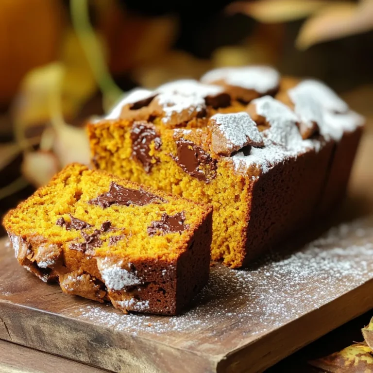 - 1 cup pumpkin puree (canned or homemade) - 1/2 cup vegetable oil - 1 cup granulated sugar - 1/2 cup brown sugar, packed - 3 large eggs - 1 teaspoon vanilla extract - 2 cups all-purpose flour - 1 teaspoon baking soda - 1/2 teaspoon baking powder - 1 teaspoon ground cinnamon - 1/2 teaspoon ground nutmeg - 1/4 teaspoon ground ginger - 1/4 teaspoon salt - 1 cup semi-sweet chocolate chunks (or chips) - Optional: 1/2 cup chopped nuts (walnuts or pecans) Using the right ingredients makes all the difference in your chocolate chunk pumpkin bread. Start with pumpkin puree. It gives the bread moisture and flavor. You can use canned or homemade puree. Both work well. Next, add vegetable oil. It keeps the bread soft. Granulated sugar and brown sugar bring sweetness. They also help create a nice crust. You will need three eggs. They bind the ingredients together. Don’t forget vanilla extract. It adds a rich flavor. For the dry mix, use all-purpose flour. This helps the bread rise. Baking soda and baking powder are your leavening agents. They give the bread its fluffy texture. Spices elevate your bread's taste. Use ground cinnamon, nutmeg, and ginger. These spices create a warm, cozy flavor. Finally, add chocolate chunks. They melt into gooey goodness. If you like, toss in some nuts for added crunch. Walnuts and pecans work great. With these ingredients, you are ready to bake a delicious loaf that feels like a treat from a bakery! 1. Preheat the oven and prepare the loaf pan: Set your oven to 350°F (175°C). Grease and flour a 9x5-inch loaf pan. You can also use parchment paper for easy removal later. 2. Mix wet ingredients: In a large bowl, combine 1 cup of pumpkin puree, 1/2 cup of vegetable oil, 1 cup of granulated sugar, 1/2 cup of brown sugar, 3 large eggs, and 1 teaspoon of vanilla extract. Whisk them together until smooth. 3. Combine dry ingredients: In another bowl, sift 2 cups of all-purpose flour, 1 teaspoon of baking soda, 1/2 teaspoon of baking powder, 1 teaspoon of ground cinnamon, 1/2 teaspoon of ground nutmeg, 1/4 teaspoon of ground ginger, and 1/4 teaspoon of salt. Mix until well combined. 4. Blend wet and dry mixtures: Gradually add the dry mixture to the wet mixture. Stir gently until just combined. It’s fine if there are a few flour streaks; do not overmix. 5. Fold in chocolate chunks and nuts: Add 1 cup of semi-sweet chocolate chunks to the batter. If you like, fold in 1/2 cup of chopped nuts, such as walnuts or pecans, until evenly mixed. 6. Pour batter and bake: Pour the batter into your prepared loaf pan. Smooth the top with a spatula. Bake for 55-65 minutes. To check for doneness, insert a toothpick into the center. It should come out clean or with a few crumbs. 7. Cooling process for the bread: Once baked, remove the bread from the oven. Let it cool in the pan for about 10 minutes. Then, transfer it to a wire rack to cool completely before slicing. This bread is perfect for sharing and will fill your home with a warm, inviting aroma! Why is measuring ingredients important? Measuring your ingredients helps ensure the right balance. If you use too much flour, your bread can be dry. Too little sugar makes it less sweet. Always use a scale or measuring cups for accuracy. How do you achieve the perfect texture? To get a moist bread, mix your wet and dry ingredients gently. Overmixing leads to tough bread. A few flour streaks are okay. Letting the batter sit for a few minutes can also help. What are the best ways to serve the bread? Serve this bread warm or at room temperature. Slice it thick and spread some butter on top. You can also dust it with powdered sugar for a sweet touch. What drinks pair well with pumpkin bread? Coffee is a great match for this bread. A hot cup of tea works well, too. For a fall vibe, try apple cider or a spiced latte. How can you present this bread elegantly? Presentation can elevate your dish. Place the sliced bread on a nice platter. Add some fresh herbs or seasonal fruits for color. What toppings can make it special? A light dusting of powdered sugar adds sweetness. You can also sprinkle chopped nuts on top for crunch. Chocolate drizzle can make it look even more tempting. {{image_2}} You can change up the flavors in your pumpkin bread. Adding spices like cloves or allspice gives it a warm kick. These spices blend well with pumpkin and chocolate. You can also try different types of chocolate. Using dark chocolate will add a rich taste, while milk chocolate gives a sweet touch. This way, you can find the flavor you love most. If you need a gluten-free option, use gluten-free flour instead of regular flour. Many brands offer blends that work well in baking. For a vegan version, replace the eggs with flaxseed meal or applesauce. Use plant-based oil and chocolate to keep it dairy-free. These swaps keep the bread tasty while meeting your dietary needs. You can swap sugars for healthier alternatives. Try using coconut sugar or maple syrup instead of granulated sugar. This change can make the bread a bit more nutritious. If you have nut allergies, you can skip the nuts or use seeds like sunflower seeds instead. These swaps help everyone enjoy the bread without worry. To keep your pumpkin bread fresh, store it in an airtight container. This helps keep moisture locked in. Place the bread at room temperature for best results. Avoid storing it in the fridge, as this can dry it out. If you want to keep it extra soft, wrap it in plastic wrap. This method works well for up to three days. If you want to save your pumpkin bread for later, freezing is a great option. Wrap the bread tightly in foil or plastic wrap before placing it in a freezer bag. This prevents freezer burn. To thaw, simply place it in the fridge overnight. You can also warm it in the microwave for a few seconds. Enjoy it warm for a cozy taste! At room temperature, the bread lasts about three days. Look for signs of spoilage like a dry texture or mold. If it smells off or has a weird color, it’s best to toss it. Always check before eating leftovers. Proper storage keeps your bakery-style chocolate chunk pumpkin bread delightful and delicious! Can I use fresh pumpkin instead of canned? Yes, you can use fresh pumpkin. Just cook and puree it first. Make sure it is not too watery. Fresh pumpkin gives a nice flavor and texture. How do I know when the bread is done baking? Check for doneness with a toothpick. Insert it into the center of the bread. It should come out clean or with a few crumbs. If the toothpick is wet, bake for a few more minutes. Can I substitute oil for applesauce? Yes, you can swap oil for applesauce. This change makes the bread healthier. It may also make the bread a bit denser. Why did my bread not rise properly? Your bread may not rise due to old baking soda or baking powder. Make sure they are fresh. Also, do not overmix the batter. That can lead to a dense loaf. What should I do if my bread is too dry? If the bread is too dry, try adding a little milk or water. You can also add more chocolate chunks or nuts. These will help add moisture and flavor. What drinks pair well with pumpkin bread? Pumpkin bread goes well with coffee or tea. A warm cup of chai or spiced cider works great too. Milk or almond milk is another delicious option. How to make pumpkin bread into a dessert? You can turn pumpkin bread into a dessert by adding whipped cream or ice cream. Serve it warm with a drizzle of chocolate sauce. A sprinkle of cinnamon or nuts on top adds a nice touch. You learned how to make delicious pumpkin bread from scratch. We've covered key ingredients, clear steps to follow, and helpful tips for the best results. You now know fun variations and how to store your bread too. Remember, the right ingredients and methods can make all the difference. Enjoy sharing this tasty treat with friends or family. Happy baking!