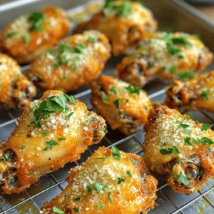 - 2 pounds chicken wings - 1/4 cup unsalted butter, melted - 4 cloves garlic, minced For this dish, chicken wings are the star. Choose fresh or frozen wings, but thaw them before cooking. The butter adds richness and helps the garlic flavor stick. Minced garlic gives a bold taste that makes these wings special. - 1/2 cup grated Parmesan cheese - 1 teaspoon dried oregano - 1 teaspoon dried parsley - 1/2 teaspoon salt - 1/4 teaspoon black pepper Parmesan cheese adds a savory kick to the wings. Oregano and parsley bring earthiness and freshness. Salt and pepper enhance the overall flavor. This blend makes each bite delicious and satisfying. - Fresh parsley, chopped Chopped fresh parsley adds a bright touch. It not only looks nice but also adds a hint of freshness. Use it to garnish your wings before serving for that perfect finishing touch. - Preheat the Oven: Set your oven to 425°F (220°C). This high heat helps make the wings crispy. - Prepare the Baking Sheet with Foil and Rack: Line a baking sheet with aluminum foil. Place a wire rack on top. This rack lets air flow around the wings, cooking them evenly. - Combine Butter and Garlic: In a large bowl, melt 1/4 cup of unsalted butter. Add 4 cloves of minced garlic to the butter. Stir well until they mix together. The smell will make you hungry! - Toss the Wings in Garlic Butter: Take 2 pounds of chicken wings and add them to the bowl. Toss the wings in the garlic butter until they are fully coated. Each wing should be shiny and flavorful. - Add Seasoning Mixture: In another bowl, mix 1/2 cup grated Parmesan cheese, 1 teaspoon dried oregano, 1 teaspoon dried parsley, 1/2 teaspoon salt, and 1/4 teaspoon black pepper. Sprinkle this mixture over the wings. Toss again to coat every wing with the tasty seasoning. - Arrange on the Rack: Place the coated wings in a single layer on the wire rack. This helps them crisp up during baking. - Baking and Monitoring: Put the baking sheet in the preheated oven. Bake for 30-35 minutes. Halfway through, turn the wings over. This ensures they cook evenly and get nice and crispy. - Use of Wire Rack: A wire rack helps wings cook evenly. It allows hot air to flow all around. This results in crisp skin. Place the wings on the rack above a baking sheet. This setup catches any drips. - Importance of Turning Halfway: Turning wings halfway through cooking is key. This action helps both sides crisp up. For best results, set a timer. This way, you won’t forget to flip them. - Allowing Wings to Marinate: Marinating wings adds depth to the flavor. After coating them, let them sit for 30 minutes. This allows the garlic and butter to soak in. You can even marinate overnight for a stronger taste. - Alternative Seasoning Options: If you want to switch it up, try other herbs. Rosemary or thyme can add a nice twist. You can also mix in some lemon zest for brightness. Experiment with spices to find your favorite blend. - Pair with Dips: Dips make your wings even more fun. Try ranch or blue cheese for a classic combo. You can also serve them with a spicy sriracha sauce for heat. - Perfect Side Dishes: Pair wings with simple sides. Celery sticks and carrot sticks offer a nice crunch. A light salad can also balance the meal. Consider serving with fries for a hearty option. {{image_2}} Want to add some heat? You can spice up your garlic Parmesan wings! Simply mix in hot sauce or chili flakes with the garlic butter. Start with a tablespoon of hot sauce for a mild kick. If you like it hot, add more. Chili flakes also work well. Just sprinkle them into the garlic butter. This gives your wings a nice punch! Looking to switch things up? You can use different cheeses! While Parmesan is classic, try Pecorino Romano for a stronger flavor. Grana Padano is another great option. It has a similar taste to Parmesan but is milder. You can also mix in other cheeses for added creaminess. Try mozzarella or fontina. Just shred or grate them and mix with the Parmesan. This will give your wings a unique twist! Want to try cooking wings in a different way? The air fryer is a great choice! Cook the wings at 400°F (200°C) for about 25-30 minutes. Shake the basket halfway through for even cooking. Grilling is another fun method. Preheat your grill to medium heat. Cook the wings for about 20-25 minutes. Flip them often to get that nice char. Both methods make tasty wings that everyone will love! After enjoying your garlic Parmesan chicken wings, store any leftovers in the fridge. Place the wings in an airtight container. This keeps them fresh for up to three days. Make sure to let them cool before sealing. This prevents moisture build-up and soggy wings. You can freeze both uncooked and cooked wings. To freeze uncooked wings, place them in a single layer on a baking sheet. Freeze until solid, then transfer to a freezer bag. For cooked wings, let them cool completely. Then, pack them in freezer bags or airtight containers. They will stay good for up to three months. To reheat, I recommend using the oven. Preheat it to 350°F (175°C). Place the wings on a wire rack over a baking sheet. This helps keep them crispy. Heat for about 10-15 minutes or until warmed through. You can also use an air fryer for a quick reheat, ensuring they stay crispy and delicious. To make chicken wings crispy, use a wire rack. This allows hot air to flow around the wings. Preheat your oven to 425°F (220°C). The high heat helps to render the fat and creates a crispy skin. Turning the wings halfway through cooking is key. This ensures even crispiness on all sides. Yes, you can prepare garlic Parmesan chicken wings in advance. Coat the wings in garlic butter and seasoning. Then, store them in the fridge for up to 24 hours. When ready to cook, simply place them on the baking sheet and bake. This is a great time-saver for parties or game days. Garlic Parmesan wings pair well with a variety of dips. Ranch dressing adds a creamy touch. Blue cheese dressing offers a bold flavor. A simple garlic aioli can enhance the garlic flavor. You can also try a spicy buffalo sauce for a kick. Each dip adds a unique twist to the wings. Cooking chicken wings in an air fryer takes about 25 to 30 minutes. Preheat your air fryer to 375°F (190°C). Arrange the wings in a single layer. Cook them until they are golden brown and crispy. Turn them halfway through cooking for the best results. You learned the key ingredients and steps to make garlic parmesan chicken wings. I shared tips for crispiness and enhancing flavors. You can even try variations or different cooking methods. Now, you can create tasty wings that impress everyone. Enjoy your cooking and have fun experimenting with flavors. Your perfect chicken wings await!