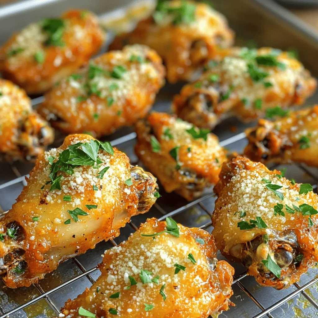 - 2 pounds chicken wings - 1/4 cup unsalted butter, melted - 4 cloves garlic, minced For this dish, chicken wings are the star. Choose fresh or frozen wings, but thaw them before cooking. The butter adds richness and helps the garlic flavor stick. Minced garlic gives a bold taste that makes these wings special. - 1/2 cup grated Parmesan cheese - 1 teaspoon dried oregano - 1 teaspoon dried parsley - 1/2 teaspoon salt - 1/4 teaspoon black pepper Parmesan cheese adds a savory kick to the wings. Oregano and parsley bring earthiness and freshness. Salt and pepper enhance the overall flavor. This blend makes each bite delicious and satisfying. - Fresh parsley, chopped Chopped fresh parsley adds a bright touch. It not only looks nice but also adds a hint of freshness. Use it to garnish your wings before serving for that perfect finishing touch. - Preheat the Oven: Set your oven to 425°F (220°C). This high heat helps make the wings crispy. - Prepare the Baking Sheet with Foil and Rack: Line a baking sheet with aluminum foil. Place a wire rack on top. This rack lets air flow around the wings, cooking them evenly. - Combine Butter and Garlic: In a large bowl, melt 1/4 cup of unsalted butter. Add 4 cloves of minced garlic to the butter. Stir well until they mix together. The smell will make you hungry! - Toss the Wings in Garlic Butter: Take 2 pounds of chicken wings and add them to the bowl. Toss the wings in the garlic butter until they are fully coated. Each wing should be shiny and flavorful. - Add Seasoning Mixture: In another bowl, mix 1/2 cup grated Parmesan cheese, 1 teaspoon dried oregano, 1 teaspoon dried parsley, 1/2 teaspoon salt, and 1/4 teaspoon black pepper. Sprinkle this mixture over the wings. Toss again to coat every wing with the tasty seasoning. - Arrange on the Rack: Place the coated wings in a single layer on the wire rack. This helps them crisp up during baking. - Baking and Monitoring: Put the baking sheet in the preheated oven. Bake for 30-35 minutes. Halfway through, turn the wings over. This ensures they cook evenly and get nice and crispy. - Use of Wire Rack: A wire rack helps wings cook evenly. It allows hot air to flow all around. This results in crisp skin. Place the wings on the rack above a baking sheet. This setup catches any drips. - Importance of Turning Halfway: Turning wings halfway through cooking is key. This action helps both sides crisp up. For best results, set a timer. This way, you won’t forget to flip them. - Allowing Wings to Marinate: Marinating wings adds depth to the flavor. After coating them, let them sit for 30 minutes. This allows the garlic and butter to soak in. You can even marinate overnight for a stronger taste. - Alternative Seasoning Options: If you want to switch it up, try other herbs. Rosemary or thyme can add a nice twist. You can also mix in some lemon zest for brightness. Experiment with spices to find your favorite blend. - Pair with Dips: Dips make your wings even more fun. Try ranch or blue cheese for a classic combo. You can also serve them with a spicy sriracha sauce for heat. - Perfect Side Dishes: Pair wings with simple sides. Celery sticks and carrot sticks offer a nice crunch. A light salad can also balance the meal. Consider serving with fries for a hearty option. {{image_2}} Want to add some heat? You can spice up your garlic Parmesan wings! Simply mix in hot sauce or chili flakes with the garlic butter. Start with a tablespoon of hot sauce for a mild kick. If you like it hot, add more. Chili flakes also work well. Just sprinkle them into the garlic butter. This gives your wings a nice punch! Looking to switch things up? You can use different cheeses! While Parmesan is classic, try Pecorino Romano for a stronger flavor. Grana Padano is another great option. It has a similar taste to Parmesan but is milder. You can also mix in other cheeses for added creaminess. Try mozzarella or fontina. Just shred or grate them and mix with the Parmesan. This will give your wings a unique twist! Want to try cooking wings in a different way? The air fryer is a great choice! Cook the wings at 400°F (200°C) for about 25-30 minutes. Shake the basket halfway through for even cooking. Grilling is another fun method. Preheat your grill to medium heat. Cook the wings for about 20-25 minutes. Flip them often to get that nice char. Both methods make tasty wings that everyone will love! After enjoying your garlic Parmesan chicken wings, store any leftovers in the fridge. Place the wings in an airtight container. This keeps them fresh for up to three days. Make sure to let them cool before sealing. This prevents moisture build-up and soggy wings. You can freeze both uncooked and cooked wings. To freeze uncooked wings, place them in a single layer on a baking sheet. Freeze until solid, then transfer to a freezer bag. For cooked wings, let them cool completely. Then, pack them in freezer bags or airtight containers. They will stay good for up to three months. To reheat, I recommend using the oven. Preheat it to 350°F (175°C). Place the wings on a wire rack over a baking sheet. This helps keep them crispy. Heat for about 10-15 minutes or until warmed through. You can also use an air fryer for a quick reheat, ensuring they stay crispy and delicious. To make chicken wings crispy, use a wire rack. This allows hot air to flow around the wings. Preheat your oven to 425°F (220°C). The high heat helps to render the fat and creates a crispy skin. Turning the wings halfway through cooking is key. This ensures even crispiness on all sides. Yes, you can prepare garlic Parmesan chicken wings in advance. Coat the wings in garlic butter and seasoning. Then, store them in the fridge for up to 24 hours. When ready to cook, simply place them on the baking sheet and bake. This is a great time-saver for parties or game days. Garlic Parmesan wings pair well with a variety of dips. Ranch dressing adds a creamy touch. Blue cheese dressing offers a bold flavor. A simple garlic aioli can enhance the garlic flavor. You can also try a spicy buffalo sauce for a kick. Each dip adds a unique twist to the wings. Cooking chicken wings in an air fryer takes about 25 to 30 minutes. Preheat your air fryer to 375°F (190°C). Arrange the wings in a single layer. Cook them until they are golden brown and crispy. Turn them halfway through cooking for the best results. You learned the key ingredients and steps to make garlic parmesan chicken wings. I shared tips for crispiness and enhancing flavors. You can even try variations or different cooking methods. Now, you can create tasty wings that impress everyone. Enjoy your cooking and have fun experimenting with flavors. Your perfect chicken wings await!