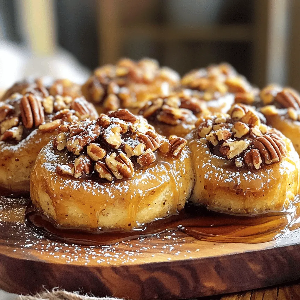 - 2 cups all-purpose flour - 1/4 cup granulated sugar - 1/2 teaspoon salt - 1 1/2 teaspoons instant yeast - 1/2 cup milk, warmed (110°F) - 1 egg, beaten - 4 tablespoons unsalted butter, melted - 1/2 cup pecans, chopped - 1/2 cup brown sugar - 1/4 cup maple syrup - 1 teaspoon vanilla extract - 1/2 teaspoon ground cinnamon To make warm maple pecan sticky buns, gather these ingredients first. Each one plays a key role in creating that sweet, soft, and sticky treat. The all-purpose flour gives the buns their structure. The granulated sugar adds sweetness, while the salt balances the flavors. Instant yeast helps the dough rise quickly, making it fluffy. Warming the milk to 110°F is crucial. This temperature activates the yeast, ensuring a good rise. The beaten egg adds richness and helps bind the ingredients. Unsalted butter brings flavor and moisture, making the dough tender. Chopped pecans add crunch and a nutty taste. Brown sugar and maple syrup create that gooey filling that everyone loves. The vanilla extract enhances the sweet flavor, and cinnamon brings warmth and spice. Collect these ingredients, and you are ready to dive into the fun of making these sticky buns. Each ingredient contributes to a delightful taste that will have everyone asking for more. Mixing Dry Ingredients In a large bowl, combine 2 cups of all-purpose flour, 1/4 cup of granulated sugar, 1/2 teaspoon of salt, and 1 1/2 teaspoons of instant yeast. Mix these ingredients well to ensure even distribution. Combining Wet Ingredients In another bowl, whisk together 1/2 cup of warmed milk, 1 beaten egg, and 4 tablespoons of melted unsalted butter. Make sure the milk is warm, around 110°F. This warmth helps the yeast to activate. Forming and Kneading the Dough Gradually pour the wet mix into the dry mix. Stir until a soft dough forms. If the dough is sticky, add flour, 1 tablespoon at a time. Knead the dough on a floured surface for about 5 to 7 minutes. You want it to be smooth and elastic. Shape the kneaded dough into a ball and place it in a greased bowl. Cover it with a kitchen towel and let it rise in a warm spot for about 1 hour, or until it doubles in size. Preparing the Maple-Pecan Mixture While the dough rises, prepare the filling. In a small saucepan, combine 1/2 cup of brown sugar, 1/4 cup of maple syrup, 1/2 cup of chopped pecans, 1 teaspoon of vanilla extract, and 1/2 teaspoon of ground cinnamon. Heat this mix over low heat. Stir until the sugar dissolves completely. Spreading the Filling onto the Dough Once the dough has risen, roll it out on a floured surface into a rectangle about 1/4 inch thick. Evenly spread the warm maple-pecan mixture over the surface of the dough. Rolling the Dough Starting from one long edge, tightly roll the dough into a log shape. Pinch the seams to seal it well. This helps keep the filling inside. Slicing and Arranging in Baking Dish Slice the log into 12 equal pieces. Arrange these slices cut-side up in a greased 9x13-inch baking dish. Drizzle any remaining maple-pecan mixture over the top. Cover with a towel and let them rise for 30 minutes. Baking Time and Temperature Preheat your oven to 350°F (175°C). Bake the buns for 25 to 30 minutes, or until they turn golden brown. Allow them to cool for 5 minutes before serving. Enjoy the sticky, pecan-topped goodness! Troubleshooting Sticky Dough If your dough feels too sticky, don't worry. Add flour in small amounts. Start with one tablespoon at a time. Mix well after each addition. This helps form a nice, smooth dough. Kneading Techniques for Elasticity Kneading is key to great dough. Use your palms to push the dough away. Fold it back, then turn it. Do this for about 5-7 minutes. The dough should feel soft and stretchy. Suggestions for Additional Spices For a warm kick, add ground nutmeg or ginger. These spices blend well with maple. You can also try cardamom for a unique twist. Just a pinch can change the flavor. Tips for Extra Maple Flavor To boost the maple taste, use pure maple syrup. It has a richer flavor than imitation syrup. You can also add a splash of maple extract to the dough. This makes each bite taste like fall. Serving Suggestions Serve your sticky buns warm on a big plate. This makes them look inviting. Add fresh fruit or berries on the side. They add color and freshness to the dish. Drizzling and Garnishing Techniques Drizzle more maple syrup over the buns. Use a spoon for a nice touch. A sprinkle of powdered sugar on top adds charm. It makes the buns look like a treat from a bakery. {{image_2}} Gluten-Free Options You can easily make this recipe gluten-free. Use a gluten-free flour blend instead of all-purpose flour. Look for blends that include xanthan gum for the best texture. This change keeps the sticky buns soft and tasty. Nut-Free Substitutes If you need a nut-free version, you can replace pecans with seeds. Sunflower seeds or pumpkin seeds work well here. They give a nice crunch without the nut allergy risk. Adding Chocolate Chips For a sweeter twist, mix in chocolate chips. Dark or milk chocolate chips add a rich flavor. Just sprinkle them over the filling before rolling the dough. Spiced Fruit Add-ins You can also add dried fruits like raisins or cranberries. They bring a fruity taste that pairs well with maple. Mix them into the filling for a fun surprise. Pairing with Beverages These sticky buns are great with coffee or tea. The warm flavors match well with a hot drink. Try a chai latte for a cozy touch. Breakfast vs. Dessert Serving Styles You can serve these sticky buns any time. For breakfast, serve them warm with fresh fruit. As dessert, add a scoop of ice cream or whipped cream. Either way, they are a hit! Best Practices for Refrigeration To keep your warm maple pecan sticky buns fresh, place them in an airtight container. Store them in the fridge for up to 3 days. You can also wrap each bun in plastic wrap before placing them in the container. This method prevents them from drying out. Freezing Tips for Long-Term Storage If you want to save sticky buns for later, freezing is a great choice. Wrap each bun tightly in plastic wrap, then place them in a freezer bag. Label the bag with the date. These buns can stay in the freezer for up to 2 months. When you're ready to enjoy them, just thaw them in the fridge overnight. Microwave vs. Oven Reheating You can reheat sticky buns in the microwave for a quick fix. Place one bun on a microwave-safe plate and cover it with a damp paper towel. Heat for 15-20 seconds. For a crispier texture, use the oven. Preheat it to 350°F (175°C). Place the buns on a baking sheet and heat for about 10 minutes. Maintaining Texture When Reheating To keep your sticky buns soft, avoid overcooking them. The microwave is fast but may make them a bit chewy. The oven helps maintain their original texture. Always check the buns to ensure they are warm, not hot. Enjoy your warm maple pecan sticky buns just like they were fresh out of the oven! How long do sticky buns last? Sticky buns stay fresh for about 2 to 3 days at room temperature. Keep them in an airtight container. For longer storage, freeze them. They can last up to 3 months in the freezer. Can I make the dough ahead of time? Yes, you can make the dough a day in advance. After mixing, let it rise. Then, place it in the fridge. The next day, take it out and let it come to room temp before shaping. What can I substitute for pecans? You can use walnuts, almonds, or even sunflower seeds. Each nut will add a unique flavor. If you want a nut-free option, try using oats or raisins. Can I use active dry yeast instead of instant yeast? Yes, but you need to activate it first. Mix the active dry yeast with warm milk and sugar. Let it sit for about 5 to 10 minutes until it foams. Then mix it with the other ingredients. Options for dairy-free milk substitutes? Almond milk, oat milk, or soy milk work well. Just make sure they are unsweetened. These options will keep the dough moist and flavorful. Why are my sticky buns dense? Dense buns can come from over-kneading or not enough rising time. Make sure to knead just until smooth. Also, give the dough enough time to double in size. How do I know when they are done baking? Look for a golden brown color on top. You can also tap the bottom of a bun. If it sounds hollow, they are ready. A toothpick should come out clean if inserted in the center. In this post, I shared a simple way to make delicious sticky buns from scratch. You learned about vital ingredients, step-by-step instructions, and helpful tips to improve your baking. I also covered variations and storage ideas to keep your sticky buns fresh. Baking is fun and rewarding. With the right tools and tips, you can create delightful treats everyone will love. Enjoy your sticky buns warm, and don’t be afraid to experiment!