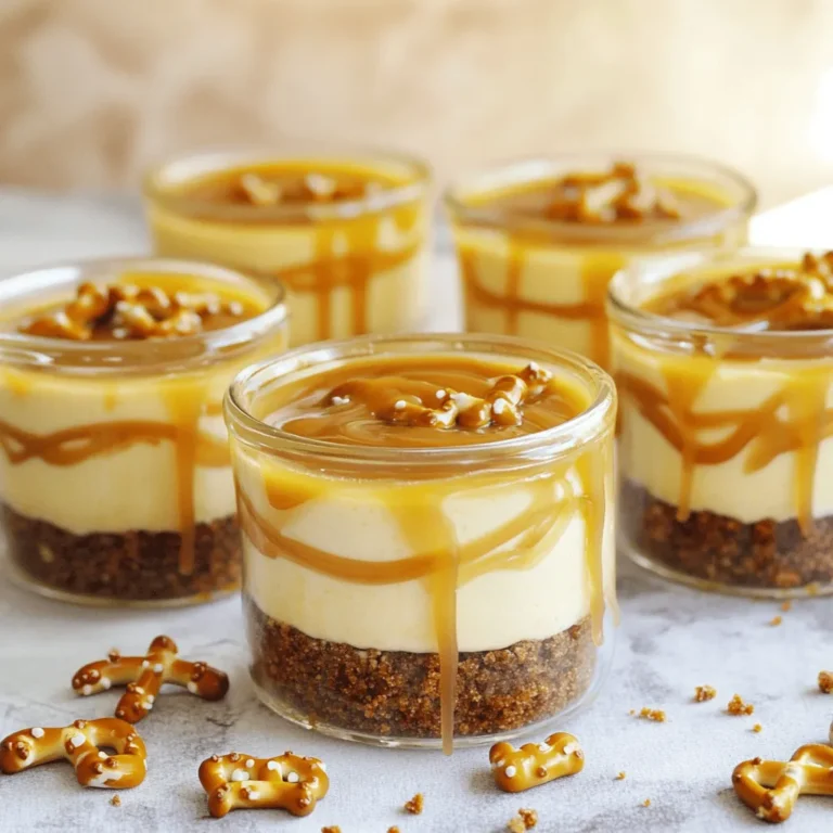 To make Caramel Pretzel Cheesecake Cups, gather these items: - 1 cup crushed pretzels - 1/4 cup granulated sugar - 1/4 cup unsalted butter, melted - 8 oz cream cheese, softened - 1/2 cup powdered sugar - 1 tsp vanilla extract - 1 cup heavy whipping cream - 1/2 cup caramel sauce (plus extra for drizzling) - A pinch of sea salt - Pretzel pieces for garnish These ingredients blend to create a perfect mix of salty and sweet. The crushed pretzels give a nice crunch. The cream cheese brings creaminess, and caramel adds rich flavor. If you need to convert measurements, here are some quick tips: - 1 cup = 8 ounces - 1/4 cup = 4 tablespoons - 1 teaspoon = 5 milliliters - 1/2 cup = 4 ounces Keep these conversions in mind for accurate results. It helps to have a scale, too, for measuring the cream cheese or heavy cream. You can swap ingredients based on your needs: - For a gluten-free option, use gluten-free pretzels. - If you don’t have cream cheese, try mascarpone cheese for a different taste. - Coconut cream works well if you want a dairy-free version of whipped cream. - Maple syrup can replace caramel sauce for a unique flavor twist. Using these substitutes can help you cater to dietary needs while keeping the dessert tasty. To start, gather your ingredients. You need crushed pretzels, granulated sugar, and melted butter. Mix the crushed pretzels and sugar in a bowl. Pour in the melted butter and stir. Ensure the pretzels are well-coated. This mixture will be your crust. Next, take small cups or jars. Spoon about two tablespoons of the crust into each one. Press down firmly to form a base. This will help hold the filling later. Place the cups in the fridge to set while you make the cheesecake filling. For the cheesecake, grab your softened cream cheese. In a large bowl, beat it with an electric mixer. Mix until it is creamy and smooth. Slowly add the powdered sugar and vanilla extract. Keep mixing until everything is well combined. In a separate bowl, whip the heavy cream. Beat it until stiff peaks form. This step makes the filling light and fluffy. Now, gently fold this whipped cream into the cream cheese mixture. Be careful not to lose the air you just whipped in. Next, drizzle in the caramel sauce and add a pinch of sea salt. Fold gently to create a marbled look. This adds flavor and a nice visual to your cheesecake mix. Now, it’s time to assemble. Take your cups with the crust. Spoon the cheesecake mixture into each cup, filling them about three-quarters full. This will give them room to expand a bit while chilling. Cover the cups with plastic wrap. Place them in the fridge for at least two hours. This allows the cheesecake to set well. Once chilled, take them out. Before serving, drizzle extra caramel sauce on top. Add some pretzel pieces for a crunchy garnish. Enjoy your delicious caramel pretzel cheesecake cups! To get the best texture, use softened cream cheese. This helps the mixture blend well. Beat it until it’s smooth. When you add the whipped cream, fold it gently. This keeps the air in and makes it light. The crust should feel firm but not hard. Press it well into the cups for a sturdy base. These cheesecake cups are great for any occasion. Serve them at parties or family gatherings. You can add fresh fruit on top, like strawberries or bananas. They also taste great with chocolate shavings. If you want a fun twist, serve them with mini spoons. This makes it easy for guests to enjoy. For a lovely finish, drizzle extra caramel sauce on top. Sprinkle pretzel pieces for a nice crunch. You can also add a dollop of whipped cream. This gives a nice look and taste. If you want a pop of color, add a few berries. They make the cups more inviting and tasty. {{image_2}} You can switch up the flavors in these cheesecake cups. Try adding fruit. Fresh strawberries or blueberries can brighten the taste. You can also mix in peanut butter for a nutty twist. If you love chocolate, add cocoa powder to the cream cheese mix. It adds richness and depth. Another option is using flavored extracts, like almond or coconut, for a unique kick. If you need a gluten-free version, use gluten-free pretzels. They work just as well. For a dairy-free option, substitute the cream cheese with a plant-based cream cheese. Coconut whipped cream can replace heavy cream. These swaps keep the taste delicious while fitting your needs. Always check labels to ensure your ingredients meet your dietary restrictions. You can make these cups in two sizes. Mini cups are perfect for parties or small bites. Use a smaller spoon to fill mini cups, and adjust the chilling time. Regular sizes are great for a sweet treat at home. Both options allow you to enjoy the same great flavor. Plus, they look lovely on any dessert table. After making these delicious Caramel Pretzel Cheesecake Cups, you can store them easily. Place the cups in an airtight container. Keep them in the fridge. This keeps them fresh and tasty for later. Make sure they are covered well to avoid drying out. You can freeze these cheesecake cups if you want to save them for later. First, make sure they are completely set. Then, wrap each cup tightly in plastic wrap. After that, place them in a freezer-safe container. They will last up to two months in the freezer. When ready to eat, thaw them in the fridge overnight before serving. These cheesecake cups will stay fresh in the fridge for about 4-5 days. After that, they may lose some flavor and texture. If you freeze them, remember to eat them within two months for the best taste. Always check for any signs of spoilage before eating. Yes, you can make these cups a day before. Just prepare and chill them. They taste better when they sit. The flavors mix and develop overnight. This makes them perfect for parties or gatherings. If you need a substitute, try Greek yogurt or ricotta cheese. Both options keep the creamy texture. You can also use a dairy-free cream cheese for a vegan option. Adjust the sweetness if needed, as yogurt can be tangy. To make these cups gluten-free, use gluten-free pretzels. Many brands offer gluten-free options that taste great. Just check the label to ensure they're certified gluten-free. The rest of the ingredients are already gluten-free. Yes, store-bought caramel sauce works well in this recipe. It saves time and effort. Just make sure to pick a high-quality sauce for the best flavor. Drizzle some on top before serving for a nice finish. You learned how to make delicious cheesecake cups step by step. We covered ingredients, preparation, and storage tips. Remember to have fun with flavors and decorations. Try different sizes and swap ingredients to fit your needs. Keep this guide handy for your next baking project. You'll impress friends and family with your tasty treats! Happy baking!