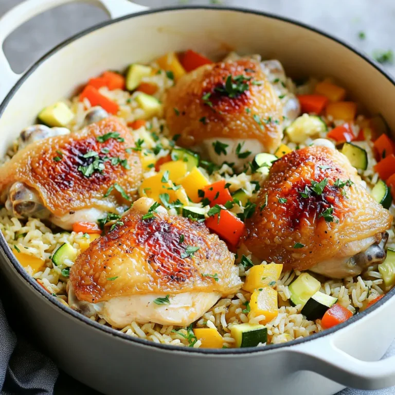 - 2 chicken thighs, bone-in and skin-on - 1 cup jasmine rice, rinsed - 2 cups low-sodium chicken broth - 1 cup bell peppers, diced (mixed colors) - 1 cup zucchini, diced - 1 medium onion, finely chopped - 3 cloves garlic, minced - 1 teaspoon smoked paprika - 1 teaspoon dried oregano - 1/2 teaspoon turmeric - 2 tablespoons olive oil - Salt and pepper to taste This recipe is easy to follow. The chicken thighs give great flavor. I prefer bone-in and skin-on for the best taste. Rinsing the jasmine rice removes extra starch. This helps the rice stay fluffy. The bell peppers add color and sweetness. They also bring a nice crunch to the dish. Zucchini is another great choice. It cooks quickly and soaks up flavors well. Onion and garlic are key for making the base tasty. They create a fragrant aroma when cooked. For spices, smoked paprika is my go-to. It adds a nice depth. Dried oregano brings a hint of earthiness. Turmeric gives a warm color and flavor. Olive oil is perfect for cooking. It helps to sear the chicken nicely. Don't forget salt and pepper. They enhance every ingredient in the pot. Gather all these ingredients, and you are ready to create a flavorful family meal! Seasoning First, season the chicken thighs. Use salt, pepper, and smoked paprika. Make sure to coat both sides well. This adds flavor to the chicken. Searing Next, heat 2 tablespoons of olive oil in a large pot over medium-high heat. Once the oil is hot, add the chicken thighs, skin-side down. Sear them for about 5-6 minutes until they turn golden brown. Flip the chicken and sear the other side for 5 minutes. Once done, remove the chicken and set it aside. Sautéing onion and garlic In the same pot, add the chopped onion and minced garlic. Sauté them for 2-3 minutes until the onion becomes translucent and soft. This will create a rich base for your dish. Adding bell peppers and zucchini Now, stir in 1 cup of diced bell peppers and 1 cup of diced zucchini. Cook for another 3-4 minutes, allowing the veggies to soften. This adds color and nutrition to your meal. Adding rice and broth Next, add 1 cup of rinsed jasmine rice to the pot along with 2 cups of low-sodium chicken broth. Sprinkle in 1 teaspoon of dried oregano and 1/2 teaspoon of turmeric. Stir well to mix everything together. Placing chicken on top Place the seared chicken thighs on top of the rice mixture. Make sure the skin-side faces up. This helps keep the chicken moist during cooking. Simmering process Bring the broth to a gentle simmer. Cover the pot with a lid and lower the heat to medium-low. Let it cook for about 20-25 minutes. The rice should be tender and absorb most of the liquid. After cooking, remove the pot from the heat. Let it sit, covered, for 5 minutes. Fluff the rice gently with a fork. This makes sure the chicken is evenly mixed in. To get perfect rice texture, rinse your jasmine rice well. This removes excess starch, making it fluffy. Use a 2:1 ratio of broth to rice. This ratio helps the rice cook evenly and absorb flavor. Check the rice at the end of cooking. If it seems too dry, add a splash of broth. Always taste as you cook. Adjust seasoning to your liking, adding salt or pepper as needed. Garnishing your dish adds color and taste. Fresh parsley works well; sprinkle it on just before serving. You can also add a squeeze of lemon juice for brightness. Serving directly from the pot is fun and casual. This keeps the meal warm and inviting. Use a large spoon to dish out portions. A sturdy pot or Dutch oven is best for this recipe. It heats evenly and retains heat well. Look for one with a tight-fitting lid. This helps trap steam and keeps everything moist. Use a good knife for prep work. A sharp knife makes chopping veggies easier and safer. Always keep your knife clean and sharp for best results. {{image_2}} You can change the chicken thighs to chicken breast. Chicken breast cooks faster and stays lean. Just adjust the cooking time to about 15-20 minutes. For a vegetarian option, use chickpeas or tofu. Both add protein and soak up flavors well. If you want to switch out jasmine rice, try brown rice. It has more fiber and a nutty taste. Just remember, brown rice needs more water and longer cooking time. You can also use quinoa. Quinoa cooks quickly and has a nice crunch. It’s a great gluten-free choice too. Feel free to swap in other veggies too. Carrots, peas, or spinach work well in this dish. You can use frozen vegetables for a quick meal. Seasonal veggies like pumpkin or squash also add a unique flavor. Get creative and use what you have on hand! After you enjoy your meal, let the leftovers cool down. Store them in the fridge within two hours. Use airtight containers to keep the moisture in and the flavors fresh. This helps prevent spoilage and keeps your dish tasty. Label the containers with the date for easy tracking. You can reheat your chicken and rice in two ways: the microwave or stovetop. For the microwave, place the food in a microwave-safe bowl. Heat it for one minute, then stir and check the temperature. If it needs more time, heat in 30-second bursts. On the stovetop, use a small pan over low heat. Add a splash of broth or water to keep it moist. Stir gently until heated through. This method helps maintain the texture of the rice. To freeze leftovers, let them cool completely. Place them in freezer-safe containers or bags. Remove as much air as possible to avoid freezer burn. Label the bags with the date and contents. When you're ready to eat, thaw the dish overnight in the fridge. Reheat it using the stovetop method for the best results. Yes, you can use brown rice. However, brown rice takes longer to cook. You need to increase the cooking time to about 40-45 minutes. Add an extra cup of broth to keep moisture. The texture will be chewier, and the flavor will be heartier. Adjust your seasonings to match the richer taste of brown rice. To check if the chicken is done, use a meat thermometer. The internal temperature should reach 165°F (75°C). If you don’t have a thermometer, cut into the thickest part of the thigh. The meat should be white and the juices should run clear. No pink should be visible. Yes, you can make this dish ahead of time. Cook the chicken and rice as directed. Let it cool before placing it in the fridge. You can store it for up to three days. Reheat it on the stove with a splash of broth to restore moisture. This makes meal prep easy and saves time on busy days. In this blog post, we explored a delicious chicken and rice dish. I shared the main ingredients and how to prepare them step by step. You learned tips for cooking, serving, and storing. I also provided various options to change the recipe to fit your taste. Cooking is fun and flexible. Feel free to try your own twists on this dish. Enjoy your meal, and remember, practice makes perfect in the kitchen!