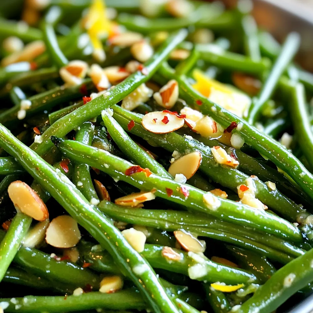 - 1 pound fresh green beans, trimmed - 4 tablespoons unsalted butter - 4 cloves garlic, minced - 1 teaspoon lemon zest - 1 tablespoon lemon juice - Salt and pepper to taste - 2 tablespoons toasted almonds, chopped (for garnish) - A pinch of red pepper flakes (optional) Fresh green beans are the star of this dish. Choose bright, firm beans for the best flavor. The unsalted butter adds richness, while minced garlic gives a robust taste. Lemon zest and juice brighten the dish, making it lively and fresh. Don’t forget to season with salt and pepper for balance. Toasted almonds add crunch and a nutty flavor, which enhances the overall dish. If you like some heat, a pinch of red pepper flakes works well. This simple list of ingredients combines to create a delightful side that pairs well with many meals. - Bring salted water to a boil. - Add trimmed green beans and blanch for 3-4 minutes. - Transfer to an ice bath to halt cooking. First, get a large pot and fill it with water. Add a generous pinch of salt. Turn the heat on high and wait for it to boil. Once the water is bubbling, add your fresh green beans. You will want to watch them closely. Blanching means cooking them just enough. In about 3 to 4 minutes, they should turn bright green and feel a bit tender. Now, prepare an ice bath in a large bowl with cold water and ice. As soon as the beans are done, move them to the ice bath. This stops the cooking and keeps them crisp. Let them chill for about 5 minutes, then drain and set aside. - Melt butter in a skillet over medium heat. - Sauté minced garlic until fragrant. Next, grab a large skillet and place it on medium heat. Add the unsalted butter and let it melt. You want it to become bubbly but not brown. Once the butter melts, toss in the minced garlic. Stir it around for about 1-2 minutes. You will know it’s ready when it smells great and turns slightly golden. Be careful; burnt garlic has a bitter taste. - Toss blanched beans in garlic butter. - Sauté to meld flavors. Now it’s time to add the blanched green beans to the skillet. Gently toss them in the garlic butter. Make sure every bean gets a nice coat of that tasty butter. Sauté for about 3-5 minutes. This helps all the flavors blend together. You want the beans to heat through but not overcook. - Stir in lemon zest and juice. - Season with salt, pepper, and red pepper flakes (if using). For a bright twist, add the lemon zest and juice at this stage. Stir well to combine. This adds a fresh zing that makes the dish pop. Next, sprinkle in some salt and pepper. If you like a bit of heat, add a pinch of red pepper flakes. Stir it all together for about a minute. - Transfer green beans to a serving dish. - Garnish with chopped toasted almonds. Finally, scoop the garlic butter green beans into a serving dish. To make it look extra special, sprinkle chopped toasted almonds on top. This adds a nice crunch and a bit of flavor. Your garlic butter green beans are now ready to impress! To make great garlic butter, avoid burning the garlic. Burnt garlic turns bitter. Cook it just until it smells good and turns light golden. You can adjust the garlic amount based on your taste. If you love garlic, add more. If you prefer a milder flavor, use less. When picking green beans, fresh is best, but frozen works too. Fresh green beans should be bright green and firm. Look for beans without blemishes or wrinkles. If you choose frozen beans, ensure they are not icy or clumped together. This shows they are fresh and not thawed multiple times. To make your green beans even better, try adding spices or herbs. A bit of garlic powder or a sprinkle of thyme can boost flavor. For crunch, consider adding crushed walnuts or sunflower seeds. These add texture and flavor, making your dish even more enjoyable. {{image_2}} You can easily make a vegan version of garlic butter green beans. Just replace the butter with olive oil or vegan butter. This keeps it rich and tasty without any animal products. Use the same amount of oil or vegan butter as the recipe calls for. The garlic will still shine through, giving you that same delicious flavor. If you like some heat, try making spicy garlic butter green beans. Add extra red pepper flakes or a dash of chili powder to the garlic butter. Start with a pinch and taste as you go. This will give your green beans a nice kick. It’s a fun twist that adds depth to the dish. For a fresh take, you can turn these green beans into a salad. After cooking, let them cool. Toss the beans with a vinaigrette dressing. This makes a light and zesty dish, perfect for warm days. You can add other veggies or nuts to enhance the salad. The contrast of warm beans and cool dressing is delightful! To keep your leftover garlic butter green beans fresh, store them in airtight containers. This helps maintain their flavor and crispness. Place them in the fridge right after they cool down. They will stay good for about 3 to 5 days. If you want to freeze blanched green beans, follow these tips. First, cool them completely after blanching. Then, place them in freezer-safe bags or containers. Squeeze out as much air as possible before sealing. This helps prevent freezer burn. Blanched green beans can stay fresh for up to 6 months in the freezer. To reheat your green beans without losing taste or texture, use a skillet. Heat a small amount of butter over medium heat. Add the green beans and stir for a few minutes until warm. You can also microwave them, but be careful not to overcook. A minute or two on medium power is often enough. This way, you can enjoy your garlic butter green beans just like when they were fresh! You can tell green beans are done when they are bright green and tender. They should have a slight crunch. Overcooking makes them mushy and dull in color. Yes, you can use frozen green beans. They save time and are easy to find. Just blanch them for a few minutes as you would with fresh beans. Adjust cooking time as needed since they may cook faster. Garlic butter green beans pair well with many dishes. Here are some ideas: - Grilled chicken or steak - Baked fish - Roasted pork - Quinoa or rice - Mashed potatoes These options create a delicious and balanced meal. Enjoy your cooking! This blog post covered a simple, tasty way to cook green beans. We started with fresh ingredients and shared easy steps from blanching to sautéing. I shared tips on picking the best beans and balancing flavors. You learned variations, like vegan options and how to store leftovers. In the end, this dish brings great taste and nutrition to your table. Enjoy your meal and have fun customizing it!