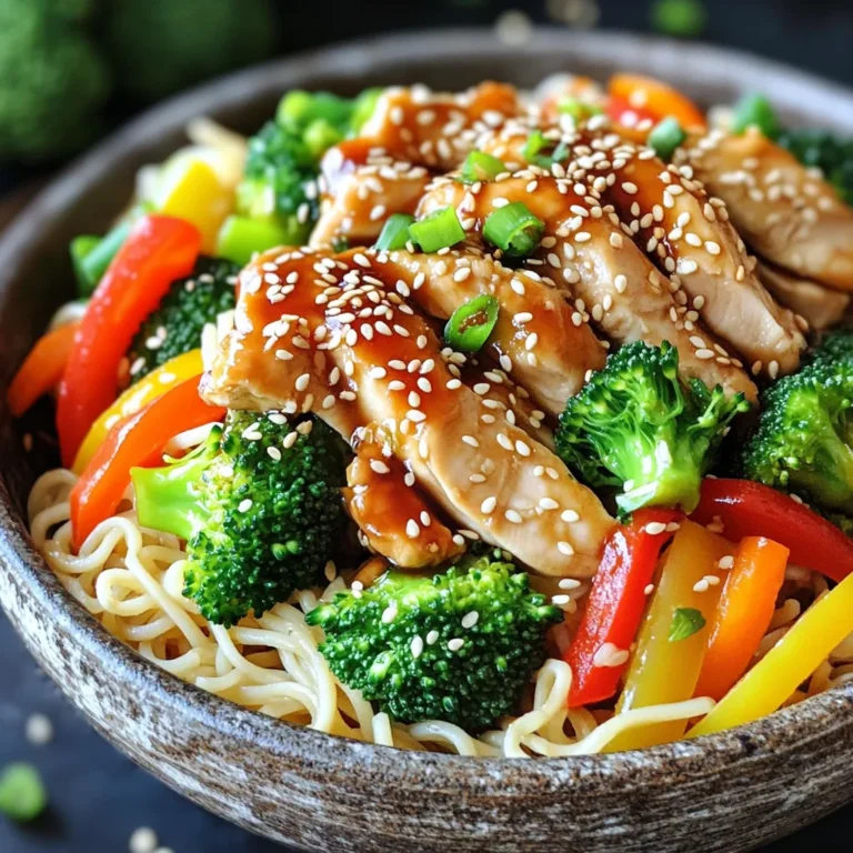- 2 boneless, skinless chicken breasts, sliced thinly - 8 oz. rice noodles - 1 cup broccoli florets - 1 bell pepper, thinly sliced (any color) - 1 carrot, julienned - 1/4 cup soy sauce - 2 tablespoons honey - 1 tablespoon sesame oil - 1 teaspoon fresh ginger, grated - 1 teaspoon garlic powder - 1 tablespoon sesame seeds (for garnish) - Green onions, chopped (for garnish) - Salt and pepper to taste It takes just 5 minutes to prep all your ingredients. You will be ready to cook in no time. The total time for this meal is 15 minutes. You can serve this dish for four people. This teriyaki chicken noodle bowl serves four. It is perfect for a quick family meal or a lunch with friends. You can easily double the recipe if you have more guests. Each bowl has a colorful mix of chicken, veggies, and noodles, making it tasty and fun to eat. Start by boiling a pot of water. Use enough water to cover the noodles. Once the water is boiling, add the rice noodles. Cook them for about 4-5 minutes. Check the package for exact times. After they are done, drain the noodles and set them aside. Next, heat a large skillet over medium heat. Add 1 tablespoon of sesame oil to the hot skillet. Then, add the sliced chicken. Season it with salt, pepper, and garlic powder. Cook the chicken for about 3-4 minutes. Make sure it turns golden and is no longer pink inside. This way, you get perfectly cooked chicken. Now it’s time to add some color and crunch. Toss in the broccoli, bell pepper, and julienned carrot. Stir-fry them together for 2-3 minutes. You want the veggies to be tender yet still crisp. This keeps them fresh and tasty. For the sauce, grab a small bowl. Mix together the soy sauce, honey, and grated ginger. Pour this mixture over the chicken and veggies in the skillet. Cook everything together for about 2 minutes. This helps the sauce thicken and coat your mix with flavor. Now, it’s time to bring it all together. Add the cooked rice noodles to the skillet. Gently toss everything together. Make sure the noodles are coated with the teriyaki sauce and heated through. This step makes each bite delicious. Once everything is mixed and heated, remove the skillet from heat. Let it rest for a minute. Then, serve the noodle bowls in individual dishes. For a nice touch, garnish with sesame seeds and chopped green onions. This adds flavor and looks great! To cook fast, prep work is key. Gather all your ingredients first. Measure and slice everything before you start cooking. This saves time and helps you stay organized. Using pre-cut vegetables can also speed things up. You can find them in stores, and they taste great. For extra flavor, try adding spices. A pinch of red pepper flakes can give heat. You can also add sesame seeds to boost taste and crunch. If you want a different flavor, swap soy sauce for tamari for gluten-free. Honey can be replaced with maple syrup for a vegan option. Be careful not to overcook your chicken. It should be juicy, not dry. Vegetables should stay crisp, so stir-fry them quickly. Also, let your sauce thicken properly. If it's too runny, it won't cling well to the noodles. This can make your dish less tasty. {{image_2}} You can switch up the protein in your teriyaki chicken noodle bowls. Try using tofu for a tasty vegan option. Firm tofu absorbs flavors well and gives a nice texture. Shrimp is another great choice. It cooks fast and adds a sweet flavor. For a beef option, use thinly sliced flank steak. Seasonal vegetables can add a fresh twist. Zucchini and snap peas work great in the spring. In the fall, add butternut squash or mushrooms for warmth. You can also toss in some baby corn or bean sprouts for crunch. For more flavor, add garlic or scallions when cooking the veggies. If you need a gluten-free option, use rice noodles or quinoa instead of regular noodles. For soy sauce, choose a gluten-free version made from tamari or coconut aminos. These options keep the taste bold and delicious. Always check labels to ensure your choices are truly gluten-free. To keep your teriyaki chicken noodle bowls fresh, store them in an airtight container. Make sure the dish cools down to room temperature before sealing. This helps prevent moisture buildup. You can enjoy your leftovers for up to four days in the fridge. For best results, reheat your noodle bowls in a skillet over low heat. This method warms the dish evenly and helps maintain the texture. You can add a splash of water or soy sauce to keep them moist. Stir often until heated through. If you want to freeze your noodle bowls, use freezer-safe containers. Divide the dish into portions for easy thawing later. When ready to eat, move a portion to the fridge overnight to thaw. To reheat, use a microwave or skillet, and add a bit of liquid to keep it from drying out. It takes about 15 minutes to make teriyaki chicken noodle bowls. You can cook the noodles in just 4-5 minutes. The chicken and veggies cook quickly in a skillet. This makes it perfect for a busy weeknight meal. Yes, you can prepare some parts in advance. Cook the chicken and veggies ahead of time. You can also make the teriyaki sauce and store it in the fridge. Just reheat everything when you're ready to eat. If you can't use soy sauce, try tamari or coconut aminos. Both have a similar flavor. You can also use a mix of balsamic vinegar and water for a different taste. To add spice, include red pepper flakes or sriracha. You can also use spicy sesame oil in place of regular sesame oil. Start with a little, then add more to taste. Yes, you can make a low-carb version. Use zucchini noodles or shirataki noodles instead of rice noodles. You can keep the chicken and veggies the same for a tasty meal. This blog post guides you through making delicious teriyaki chicken noodle bowls. We covered key ingredients, preparation steps, and storage tips. I shared cooking tricks to help you avoid common mistakes and variations to suit your taste. In the end, making this dish is fun and rewarding. You can create a tasty meal your whole family will love. Enjoy experimenting with flavors and ingredients to make it your own!