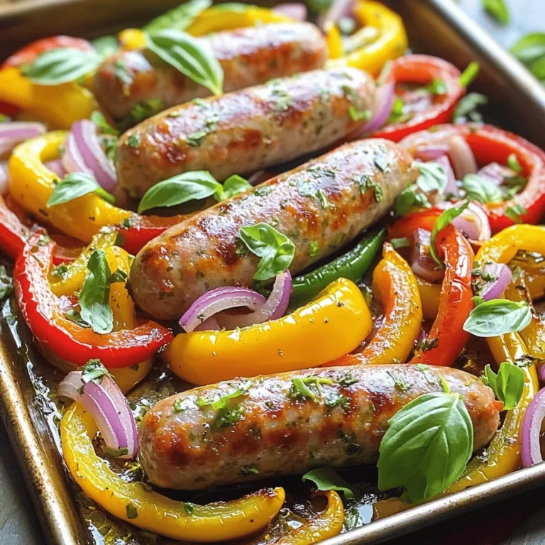 - 1 pound Italian sausage (mild or spicy) - 1 red bell pepper, sliced - 1 yellow bell pepper, sliced - 1 green bell pepper, sliced - 1 large red onion, sliced - 3 cloves garlic, minced - 1 teaspoon dried oregano - 1 teaspoon dried basil - Salt and black pepper to taste - Fresh basil leaves for garnish - 2 tablespoons olive oil - Use a large sheet pan for even cooking Gather these ingredients to create a delicious meal. The Italian sausage adds a rich flavor. The bell peppers and onion bring sweetness and color. Garlic enhances the taste, making it even better. The olive oil helps everything roast to perfection. Using fresh basil at the end adds a nice touch. Preheat your oven to 400°F (200°C). This step is key for even cooking. While your oven warms up, gather your veggies. In a large bowl, combine sliced bell peppers, red onion, and minced garlic. This mix adds color and flavor. Next, drizzle the veggies with 2 tablespoons of olive oil. Sprinkle in 1 teaspoon each of dried oregano and dried basil. Add salt and black pepper to taste. Toss everything together until the vegetables are well coated. This blend of spices makes each bite tasty. Now grab a large sheet pan. Spread the seasoned vegetables evenly across the pan. Make sure they have space to roast nicely. Then, arrange 1 pound of Italian sausages on top of the veggies. You can choose mild or spicy sausage based on your taste. This mix of sausage and veggies will create a delicious meal. Place the sheet pan in your preheated oven. Roast the dish for 25-30 minutes. During this time, the flavors will blend and the sausages will cook through. Halfway through, stir the veggies to ensure they cook evenly. Check for doneness by using a meat thermometer. The sausages should reach an internal temperature of 160°F. When everything is done, let it cool for a couple of minutes. Then, garnish with fresh basil leaves for a pop of color. Enjoy your meal warm and fresh from the pan! When choosing sausage, you can go for mild or spicy. Mild sausage gives a nice flavor without too much heat. Spicy sausage adds more kick for those who love heat. If you want lighter options, try chicken or turkey sausage. They still taste great and are lower in fat. To boost the taste, add more herbs or spices. Try red pepper flakes for heat or rosemary for a fresh twist. You can also add a splash of balsamic vinegar for tang. For caramelization, make sure the vegetables are not crowded on the pan. This way, they get that lovely golden color as they roast. Pair this dish with crusty bread to soak up the juices. A light salad with lemon vinaigrette complements the rich flavors. For a heartier meal, serve it with pasta or rice. When serving, use a large spoon to show off the colorful veggies and sausages. Garnish with fresh basil leaves for a pop of color and flavor. {{image_2}} You can make this dish your own by adding extra veggies. Zucchini and mushrooms work great. They cook well and add nice texture. You might also think about seasonal options. In summer, fresh corn or cherry tomatoes shine. In fall, try adding some squash. Each choice adds a unique flavor and color. Want to change the flavor? You can give it a Mediterranean twist. Adding feta cheese and olives gives it a nice salty kick. If you like spice, add some chopped chilies or hot sauce. This will turn up the heat and make the dish exciting. Your taste buds will thank you! If you're looking for vegetarian or vegan options, it’s easy! Swap the sausage for plant-based sausage or chickpeas. Both work well and keep the meal filling. For gluten-free, check your sausage’s label. Many brands offer gluten-free options. You can enjoy this dish no matter your diet. After cooking, let the Italian sausage and peppers cool for a few minutes. This helps prevent condensation in your storage containers. Next, transfer the dish into airtight containers. Glass or BPA-free plastic works best. These containers keep your food fresh and tasty. In the fridge, the dish lasts about 3 to 4 days. Make sure it is sealed tight. For longer storage, you can freeze it. Place the cooled dish in freezer-safe bags or containers. It can last for about 2 to 3 months in the freezer. When you’re ready to eat, thaw it overnight in the fridge. For reheating, the oven works best. Preheat it to 350°F (175°C). Place the dish in a baking dish and cover with foil. Heat for about 15 to 20 minutes. This keeps the sausage juicy and the peppers tender. You can also use the microwave for a quick reheat. Just be careful not to overcook it. Enjoying your leftovers should taste just as good as the first time! Yes, you can use frozen Italian sausage. Just remember to thaw it first. The best way is to leave it in the fridge overnight. If you're short on time, you can use the microwave to defrost it. Cook the sausage until it reaches an internal temperature of 160°F. This ensures it is safe to eat. To check if your sausages are done, use a meat thermometer. Insert it into the thickest part of the sausage. The reading should be 160°F. If you don’t have a thermometer, cut one sausage in half. The meat should be no longer pink inside. The juices should run clear. You can prepare this dish ahead of time. Assemble everything on the sheet pan and cover it. Store it in the fridge for up to 24 hours before cooking. When you're ready to cook, just pop it in the oven. You may need to add a few extra minutes to the cooking time. Many sides go well with this dish. Here are some ideas: - Crusty bread or rolls for soaking up the juices - A fresh green salad for a light touch - Roasted potatoes for a hearty side - Pasta tossed with olive oil and garlic for a filling option Feel free to mix and match to find your favorite pairings! This blog post covered how to make a tasty Italian sausage and peppers dish. You learned about the key ingredients, cooking steps, and ways to spice it up. We also explored options for variations and storage. Remember, you can always customize this meal to fit your taste. Enjoy experimenting with flavors and vegetables. Your kitchen will smell amazing, and the taste will impress everyone. Try this dish and share it with friends and family for a delightful experience!