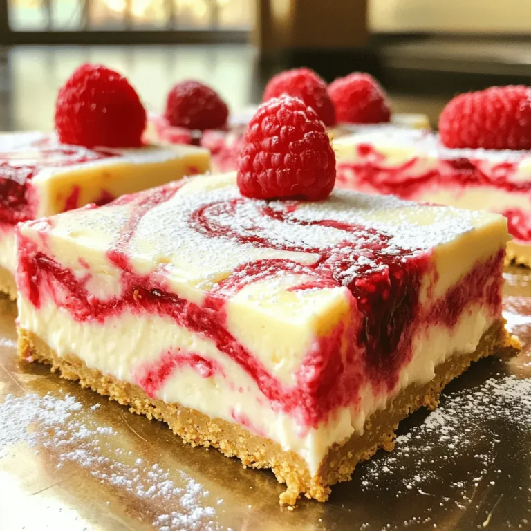- 1 1/2 cups graham cracker crumbs - 1/4 cup granulated sugar - 1 tablespoon cornstarch - 1/2 cup unsalted butter, melted - 16 oz cream cheese, softened - 2 large eggs - 1 teaspoon vanilla extract - 8 oz white chocolate, melted and slightly cooled - 1 cup fresh raspberries - Additional raspberries for garnish To create these White Chocolate Raspberry Cheesecake Bars, you need a mix of dry and wet ingredients, along with fresh raspberries for a burst of flavor. For the crust, graham cracker crumbs provide a crunchy base. The sugar adds sweetness, and cornstarch helps thicken the raspberry layer. In the wet mix, unsalted butter binds everything together, while cream cheese gives that rich, creamy texture. Eggs help the bars set, and vanilla extract adds a lovely aroma. Melting white chocolate enriches the filling, making it decadent. Finally, fresh raspberries bring a tangy contrast to the sweet white chocolate. Using additional raspberries for garnish makes the bars look beautiful on any table. Each ingredient plays a key role in crafting these delightful treats. - Preheat your oven to 325°F (163°C). - In a medium bowl, mix 1 1/2 cups graham cracker crumbs, 1/2 cup melted butter, and 1/4 cup granulated sugar. - Press the mixture into a lined 9x9 inch baking pan. - Bake for 10 minutes, then let it cool slightly. - In a large bowl, beat 16 oz of softened cream cheese with 3/4 cup granulated sugar until smooth. - Add in 1 teaspoon of vanilla extract and mix well. - Incorporate 2 large eggs one at a time, mixing gently until just combined. - Slowly drizzle in 8 oz of melted white chocolate into the cream cheese mixture. - Mix until fully blended and smooth. - In a separate bowl, mash 1 cup of fresh raspberries and stir in 1 tablespoon of cornstarch. - Pour half of the cheesecake filling into the prepared crust and spread evenly. - Spoon dollops of the raspberry mixture over the filling. - Use a knife to create a swirl effect. - Pour the remaining cheesecake filling on top and repeat the swirling with the rest of the raspberries. - Bake the cheesecake bars for 30-35 minutes. - The edges should be set, but the center can jiggle slightly. - Turn off the oven and let them cool inside for about an hour. - Refrigerate the bars for at least 4 hours or overnight for the best results. - Once set, lift the bars out using the parchment paper and cut into squares. - Dust with powdered sugar and garnish with fresh raspberries before serving. To get a smooth cheesecake, start with soft cream cheese. Cold cream cheese can create lumps. Leave it out for about an hour before mixing. This makes it easier to blend. Use a hand mixer or stand mixer on medium speed. This helps to beat it fluffy. Softening other ingredients is just as vital. Eggs should also be at room temperature. This allows them to mix fully into the batter. Mixing well is key to the final texture. You can add more flavors easily. Try mixing in a splash of almond extract or a bit of lemon zest. These will brighten up the taste. If you like it sweeter, add a touch more sugar. Just a tablespoon can make a big difference. Always taste as you go. This will help you find the perfect balance. Swirling the raspberry mixture takes practice. Use a knife or a skewer to create your design. Start at one edge and move in a circular motion. This will give you pretty swirls. You can also try different textures. For a chunkier swirl, don’t mash the raspberries as much. This adds a fun bite to each bar. {{image_2}} You can easily change the flavor of your cheesecake bars. Try using dark chocolate instead of white chocolate. This adds a rich taste. You can also use milk chocolate for a sweeter twist. As for fruit, consider using strawberries or blueberries. They mix well with the creamy filling. You can also try mango or passion fruit for a tropical touch. Each option offers a new flavor to enjoy. If you need a gluten-free option, swap regular graham crackers with gluten-free ones. Use almond flour or oats to make a crust. For a vegan cheesecake, use cashew cream instead of cream cheese. You can also use aquafaba, the water from canned chickpeas, instead of eggs. These options keep the taste delightful while meeting dietary needs. Pair your cheesecake bars with sauces like chocolate or raspberry sauce. A scoop of vanilla ice cream adds a nice touch too. These bars are perfect for parties, potlucks, or family gatherings. They also make a great dessert for special occasions like birthdays or anniversaries. Enjoy them with friends or family for a sweet treat! To store leftovers, place the cheesecake bars in an airtight container. You can also cover them tightly with plastic wrap. Keeping them in the fridge helps maintain their creamy texture. For best taste, enjoy the bars within five days. To keep the bars fresh, avoid cutting them until you are ready to serve. This helps keep the edges from drying out. If you have extra raspberries, keep them separate until serving. You can freeze these bars for longer storage. First, cut them into squares. Wrap each square in plastic wrap. Then, place them in a freezer-safe bag. They will stay tasty for up to three months in the freezer. When you are ready to enjoy them, take out the desired amount. Thaw them in the fridge overnight for the best taste. Avoid microwaving, as this can change their texture. These cheesecake bars last in the fridge for about five days. If you freeze them, they stay fresh for up to three months. Look for signs of spoilage, such as an off smell or a change in texture. If they feel sticky or have any discoloration, it's best to throw them away. Always trust your senses! You can tell when the cheesecake bars are done by checking the edges. The edges should be set, and the center will have a slight jiggle. This means it is ready to come out of the oven. You can also insert a toothpick in the center; it should come out mostly clean but may have a few crumbs. Yes, you can use frozen raspberries. Just thaw them first and drain any extra juice. This helps keep the bars from being too watery. Frozen raspberries work well and will still give you that sweet, tangy flavor. If you need a cream cheese substitute, try using Greek yogurt or a dairy-free cream cheese. These alternatives can give you a creamy texture. Keep in mind that the taste may vary slightly, so taste the filling as you mix. To prevent cracks, make sure not to overmix the batter. Mix it just until smooth. Also, bake the bars at a low temperature and let them cool slowly in the oven. This helps keep the surface smooth and crack-free. Yes, you can make these bars ahead of time. They taste great after chilling in the fridge for at least four hours or overnight. Just cover them tightly to keep them fresh. This makes them perfect for parties or special events. Serve the bars chilled for the best taste. Dust the top with powdered sugar and add fresh raspberries for a nice touch. You can also serve them with whipped cream or a drizzle of chocolate sauce for extra flavor. Enjoy every bite! This blog post covered everything you need to create amazing raspberry cheesecake bars. We explored the right dry and wet ingredients and the key steps from making the crust to baking. You learned tips for texture, flavor, and variations to suit any diet. Don't forget the storage tips to keep them fresh! With your new skills, you can impress friends and family at any gathering. Enjoy making and sharing these delicious treats!