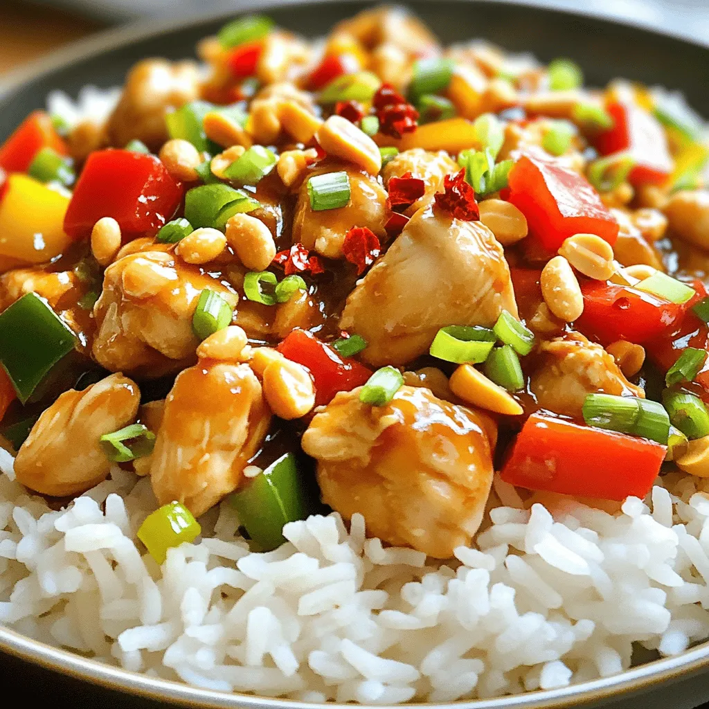 - 1 lb (450g) boneless, skinless chicken thighs, diced - 3 tablespoons soy sauce - 2 tablespoons rice vinegar - 1 tablespoon cornstarch - 2 tablespoons vegetable oil - 3-4 dried red chilies (adjust for spice level) - 1/2 cup unsalted roasted peanuts - 1 red bell pepper, diced - 1 green bell pepper, diced - 3 green onions, chopped - 4 cloves garlic, minced - 1 tablespoon ginger, minced - 1 tablespoon sesame oil - 1 tablespoon hoisin sauce - Salt and pepper to taste - Fresh cilantro for garnish - Sesame seeds for added crunch - Sliced carrots for extra color - Baby corn for a fun texture - Use tofu instead of chicken for a vegetarian dish. - Swap soy sauce with tamari for a gluten-free version. - Replace rice vinegar with apple cider vinegar for a different taste. - Use cashews instead of peanuts for a nut-free option. To start, you need to marinate the chicken. In a medium bowl, combine: - 1 lb boneless, skinless chicken thighs, diced - 3 tablespoons soy sauce - 2 tablespoons rice vinegar - 1 tablespoon cornstarch Mix all these well and let it sit for at least 30 minutes. While the chicken marinates, prepare your vegetables. Dice: - 1 red bell pepper - 1 green bell pepper Chop: - 3 green onions Mince: - 4 cloves garlic - 1 tablespoon ginger Set aside your peanuts. You will need 1/2 cup unsalted roasted peanuts for the crunch. Now it’s time to cook! Heat 2 tablespoons of vegetable oil in a large skillet or wok over medium-high heat. Add the dried red chilies, around 3-4, and stir-fry them for about 1 minute. This makes them fragrant. Next, add the marinated chicken to the skillet. Stir-fry it for about 5-7 minutes. You want it browned and cooked through. After the chicken is ready, toss in the minced garlic and ginger. Stir for another minute until you smell the aroma. Now, add your diced red and green bell peppers. Cook them for 3-4 minutes until they soften. Finally, stir in the peanuts, 1 tablespoon sesame oil, and 1 tablespoon hoisin sauce. Season with salt and pepper to taste. Mix everything well, heating it through for a minute more. To finish, add the chopped green onions and stir for an extra minute. This adds a fresh touch. Serve the Kung Pao Chicken on a bed of steamed jasmine rice. For garnish, sprinkle extra green onions and sesame seeds on top. This makes your dish look great! Enjoy the tasty, colorful meal you've created. To get the best flavor in your Kung Pao Chicken, balance is key. You want sweet, savory, and spicy notes to shine. Start with soy sauce for saltiness. Then, use rice vinegar for a tangy kick. Add hoisin sauce for sweetness. The peanuts bring crunch and depth. Adjust these elements to suit your taste. Do you like it spicy? Start with 3-4 dried red chilies. For less heat, remove some chilies or use milder ones. You can also add a pinch of sugar to tone down the spice. Taste as you go to find your perfect mix. Using a wok gives the best results for stir-frying. Its shape lets heat circulate well. If you don’t have a wok, a large skillet works too. Ensure your pan is hot before adding the oil. This helps the chicken brown nicely. {{image_2}} You can switch up the protein in Kung Pao Chicken. Shrimp is a great choice. It cooks fast and adds a nice flavor. Tofu is perfect for a vegetarian option. It absorbs the sauce well. You can also use beef or pork for a different taste. Just make sure to slice them thin for even cooking. Adding more veggies makes the dish colorful and healthy. Broccoli works well with the sauce. You can also try snap peas for crunch. Carrots add sweetness and a nice pop of color. Mushrooms bring an earthy flavor, while zucchini adds a soft texture. Feel free to mix and match your favorites! Kung Pao Chicken varies across China. In Sichuan, it’s spicier and uses more peanuts. The heat comes from the dried chilies. In other regions, like Guangdong, the dish may be less spicy and sweeter. Some versions use more vegetables, making them lighter. Explore these styles to find your favorite! To store leftover Kung Pao Chicken, let it cool first. Place it in an airtight container. Make sure to use it within three days for the best taste. When reheating, add a splash of water or broth. This keeps the chicken moist and tasty. You can freeze Kung Pao Chicken if you want to save some for later. Use a freezer-safe container and store it for up to three months. To reheat, thaw it in the fridge overnight. Heat it on the stove over low heat. Stir often to keep it from drying out. Meal prepping Kung Pao Chicken is a great idea. You can marinate the chicken a day ahead. Chop the veggies and store them in the fridge. This makes cooking faster on busy nights. You can also make a larger batch and freeze half for later. Enjoy your easy weeknight meals! Kung Pao Chicken is a classic Chinese dish. It features diced chicken, peanuts, and vegetables. The dish has a rich flavor from soy sauce and spices. It is known for its combination of sweet, salty, and spicy tastes. This dish is popular not just in China but worldwide. It celebrates bold flavors and textures, making it a favorite for many. Yes, you can make Kung Pao Chicken ahead of time. To prepare it in advance, marinate the chicken and chop the vegetables. Store the marinated chicken and veggies in separate containers in the fridge. You can keep them for up to two days. When ready to cook, just stir-fry the chicken and veggies as per the recipe. This saves time and helps you enjoy a quick meal. To make Kung Pao Chicken gluten-free, swap regular soy sauce for tamari or coconut aminos. These options provide the same salty flavor without gluten. Use gluten-free hoisin sauce as well. Check the labels of all sauces and ingredients to ensure they are gluten-free. With these changes, you can enjoy this dish without worry. Kung Pao Chicken can be quite spicy, depending on the chilies used. Dried red chilies add heat, but you can control it. For less spice, use fewer chilies or remove the seeds. If you love heat, add more chilies or use fresh chili paste. Adjust the spice level to fit your taste. This way, everyone can enjoy this tasty dish! This blog post covered all you need for making Kung Pao Chicken. We explored core ingredients, optional enhancements, and handy substitutions. The step-by-step guide made cooking easy, along with tips for flavor and spice adjustments. You can even try different proteins and veggies for a unique twist. Remember the storage tips for leftovers and meal prep. With this knowledge, you can create a delicious dish that fits your needs. Enjoy making Kung Pao Chicken your way!