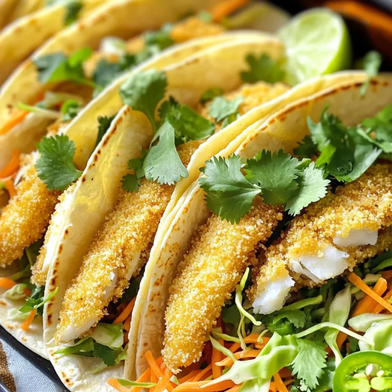 - 1 lb white fish fillets (cod or tilapia) - Seasoning spices: paprika, garlic powder, cumin - Panko breadcrumbs and all-purpose flour - 2 cups green cabbage, shredded - 1 cup carrots, shredded - ½ cup cilantro, chopped - 8 small corn tortillas - Lime juice, mayonnaise, honey - Optional: sliced jalapeños for serving When making air fryer fish tacos, it's crucial to gather all your ingredients first. This step saves time and makes cooking smoother. For the fish, I like to use white fish fillets, such as cod or tilapia. These types of fish have a mild flavor and cook well in the air fryer. The seasoning spices play a key role in adding flavor. I choose paprika, garlic powder, and cumin for a delicious blend. Make sure you season the fish strips well for the best taste. Next, I prepare the slaw, which gives the tacos a crunchy texture. I use shredded green cabbage and carrots, adding cilantro for freshness. This mix pairs perfectly with the crispy fish. Don't forget the extra ingredients. Small corn tortillas are perfect for holding the fish and slaw. For added flavor, I mix lime juice, mayonnaise, and honey in the slaw. If you like a kick, consider adding sliced jalapeños when serving. Having these ingredients ready makes your cooking experience enjoyable and ensures tasty tacos. To start, you need to dry the fish fillets. Use a paper towel to pat them dry. This step is key because it helps the coating stick better. Next, cut the fillets into strips. Aim for pieces that are about one inch wide. Now, season the fish. Sprinkle salt, pepper, paprika, garlic powder, and cumin over the strips. Use your hands to rub the spices into the fish. This will give your fish a nice flavor boost. Next, set up your breading station. You'll need three bowls. First, put all-purpose flour in one bowl. In the second bowl, beat two eggs until smooth. In the third bowl, add panko breadcrumbs. Now, it's time to coat the fish. Start by taking one fish strip and dredging it in the flour. Make sure to cover it well. Then, dip the floured strip into the egg mixture. Let the excess drip off. Finally, roll it in the panko breadcrumbs. Press gently to make sure the breadcrumbs stick. Repeat this for all fish strips. Before cooking, preheat your air fryer to 400°F (200°C). This step helps the fish cook evenly. Once it’s hot, arrange the breaded fish strips in a single layer in the air fryer basket. Avoid overcrowding. Lightly spray the fish with cooking oil. Now, cook the fish for 10 to 12 minutes. Halfway through, flip the strips for even cooking. You want them to be golden brown and crispy when done. To get that perfect crunch, pressing the breadcrumbs onto the fish is key. This step helps them stick better and creates a nice crust. After breading, give the fish a light spray of oil. This helps it crisp up in the air fryer without being greasy. For these tacos, I recommend using white fish like cod or tilapia. These fish have mild flavors and cook up nicely. Cod has a flakier texture, while tilapia is a bit firmer. Both will absorb the seasoning well and taste great. You can add extra toppings to your slaw for more flavor. Try adding slices of avocado or a spoonful of salsa. These additions bring freshness and a unique taste. You can also change the slaw dressing. For a kick, add a dash of hot sauce or swap honey for a tangy vinegar. This will give your tacos a fun twist! {{image_2}} For a gluten-free version of these tacos, you can use alternatives like almond flour or coconut flour instead of regular flour. Use gluten-free panko breadcrumbs to keep the fish crispy. For the tortillas, try corn tortillas that are labeled gluten-free. These options maintain the delicious flavor while catering to gluten sensitivities. If you want a vegetarian taco, consider using tofu or tempeh instead of fish. You can marinate them in lime juice, paprika, and garlic powder for flavor. For the slaw, add diced bell peppers or avocado to give it a fresh twist. Adjust the recipe by cooking the tofu or tempeh in the air fryer until crispy, just like the fish. To spice things up, add cayenne pepper or chipotle powder to the breading mix. This will give the fish a nice kick. For the slaw, try adding fresh dill or mint for a unique flavor. These small changes can elevate your fish tacos and make them your own. To keep your cooked fish fresh, store it in an airtight container. Place a piece of parchment paper between the fish and the lid. This helps absorb moisture and keeps the fish crisp. You can store it in the fridge for up to three days. For the slaw, use a separate container. This keeps it crunchy. Add lime juice just before serving to keep the flavors bright. Store in the fridge for up to two days. To reheat the fish, use the air fryer. Set it to 350°F (175°C) for about 5-7 minutes. This gets the fish warm and keeps it crispy. Avoid the microwave, as it makes fish soggy. For the slaw, simply stir it to mix. If it seems dry, drizzle a bit of lime juice or mayonnaise. This keeps the flavors fresh without cooking it. For quick meals, prepare the fish and slaw ahead of time. Store the fish in portions. This makes it easy to grab when you're ready to eat. Use glass containers for meal prep. They keep the food fresh and are safe for reheating. You can also pre-chop the veggies for the slaw. This saves time and makes assembly a breeze. You can tell when the fish is cooked by looking for a few signs. Perfectly cooked fish should be opaque and flake easily with a fork. If it looks white and breaks apart easily, it's ready to eat. Also, the internal temperature should reach 145°F (63°C). If you have a food thermometer, this is a great way to check. Yes, you can use frozen fish fillets. Just remember to thaw them first. Place the frozen fillets in the fridge overnight. If you're short on time, you can also run them under cold water for about 30 minutes. Once thawed, pat them dry and follow the same seasoning and breading steps. This will ensure that they cook evenly in the air fryer. If you want a healthier or vegan option, there are great substitutes for mayonnaise. You can use Greek yogurt for a creamy texture with fewer calories. If you prefer a vegan option, try using mashed avocado or a blend of silken tofu with lemon juice. These choices give you a delicious flavor while keeping the slaw fresh and tasty! You now have a clear recipe for making tasty fish tacos. You learned about the main ingredients, from fish to slaw, and how to prepare them. Following the step-by-step guide means your air-fryer fish will turn out crisp. Remember the tips for the best results, and feel free to adjust for gluten-free or vegetarian options. Store leftovers right to keep them fresh. Get ready to impress with your delicious tacos! Enjoy every bite as you share these with friends and family!