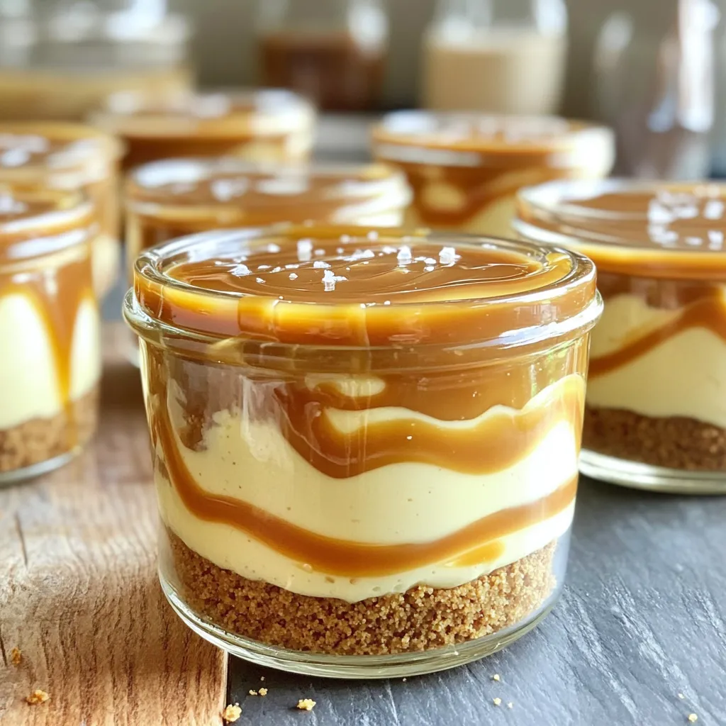 - 1 cup crushed graham crackers - 1/2 cup powdered sugar - 4 tablespoons unsalted butter, melted - 16 oz cream cheese, softened - 1 cup heavy whipping cream - 1 teaspoon vanilla extract - 1/2 cup caramel sauce (plus extra for drizzling) - Sea salt for garnish - Additional caramel for drizzling For this no-bake caramel cheesecake, we focus on simple ingredients. The dry ingredients include crushed graham crackers and powdered sugar. The graham crackers form a sweet crust, while the powdered sugar adds extra sweetness to the cheesecake filling. The wet ingredients are where the magic happens. Unsalted butter binds the graham cracker crust. Cream cheese gives the cheesecake its rich texture. Heavy whipping cream is vital for a light, fluffy filling. Vanilla extract adds warmth and depth. Finally, caramel sauce brings a sweet, gooey touch that makes every bite delightful. You can add sea salt on top for a fun flavor twist. A drizzle of extra caramel enhances the look and taste. These ingredients work together to create layers of flavor and texture. Each jar becomes a little piece of dessert heaven. Start by mixing together the crushed graham crackers and melted butter in a medium bowl. You want this mix to feel like wet sand. Once it's ready, scoop about 2 tablespoons into each jar. Press down gently to form an even layer. This crust gives your cheesecake a great base. Next, grab a large bowl and beat the softened cream cheese with an electric mixer until it's smooth. This step is key for a creamy texture. Slowly add the powdered sugar and vanilla extract. Keep mixing until everything combines well and is creamy. In a separate bowl, whip the heavy cream until stiff peaks form. This means the cream should hold its shape when you lift the beaters. Now, gently fold the whipped cream into the cream cheese mixture. Be careful here; you don't want to deflate the whipped cream. It's time to layer your jars! Start by adding the cheesecake mixture on top of the graham cracker crust. Fill each jar about halfway. Then, drizzle some caramel sauce over this layer. Add another layer of the remaining graham cracker mix next. Finally, top each jar with the rest of the cheesecake mixture and smooth it out. Cover each jar with a lid or plastic wrap and place them in the fridge. Let them chill for at least 4 hours, or overnight if you can wait. This time helps the flavors meld together. When you’re ready to serve, drizzle a bit more caramel sauce on top. Optionally, sprinkle some sea salt for a touch of flavor contrast. Enjoy your delightful no-bake caramel cheesecake jars! - Use room temperature cream cheese: This helps mix the cream cheese smoothly. Cold cream cheese can cause lumps. - Ensure whipped cream is folded gently: This keeps the mixture light and fluffy. A heavy hand can deflate the cream. - Overmixing the cream cheese: This can make your cheesecake too dense. Mix just until smooth. - Skipping the chilling process: Chilling allows the flavors to meld. Don't rush this step, as it makes a big difference in taste. - Pair with fresh fruit: Berries or sliced bananas add a fresh burst. Their sweetness complements the cheesecake nicely. - Serve with a side of whipped cream: A dollop of whipped cream makes it extra special. It adds creaminess and looks great on the plate. {{image_2}} You can switch up the flavor of your no-bake caramel cheesecake jars. Here are two fun ideas: - Chocolate caramel cheesecake: Just add cocoa powder to the cream cheese mix. This gives the cheesecake a rich chocolate taste. You can also use chocolate graham crackers for the crust. - Pumpkin spice version: Mix in pumpkin puree and pumpkin spice. This adds a fall flavor that many love. It’s perfect for a seasonal treat. You can make this dessert work for your needs by swapping some ingredients: - Gluten-free graham crackers: Look for gluten-free options at your store. They work just as well for the crust. - Dairy-free cream cheese alternatives: Use cashew or almond cream cheese. These options keep the same creamy texture without dairy. How you present your cheesecake jars can make them even more special: - Use mason jars for a rustic look: They add charm and are easy to find. Plus, they are perfect for layering. - Layer with fresh berries on top: Berries not only add color but also give a fresh taste. You can use strawberries, blueberries, or raspberries for a pop of flavor. You can store your no-bake caramel cheesecake jars in the fridge for up to five days. Make sure to cover them tightly with lids or plastic wrap. This keeps them fresh and tasty. Yes, you can freeze no-bake cheesecake jars! However, it's best to freeze them before adding the caramel sauce on top. This will help maintain their texture. Wrap each jar in plastic wrap, then place them in an airtight container. They can last for up to three months in the freezer. To prevent sogginess in layers, keep the graham cracker crust separate until you are ready to serve. You can also add a thin layer of chocolate or white chocolate on top of the crust before adding the cheesecake. This layer acts as a barrier and helps keep the crust crisp. I love serving these jars in a fun way. Here are some ideas: - Use clear jars to show off the layers. - Add a drizzle of caramel on top. - Sprinkle a pinch of sea salt for a nice contrast. - Serve with a small spoon for easy eating. - Pair them with fresh fruit for extra flavor. These simple touches make your jars look stunning and taste even better! Yes! If you want a change, consider these options: - Use crushed Oreos for a chocolatey twist. - Try crushed almonds or walnuts for a nutty flavor. - Consider using a cookie like shortbread for a rich taste. - Gluten-free options, like almond flour, work great too. Feel free to mix and match until you find your favorite! The cheesecake needs time to chill. Here’s what you need to know: - Chill the jars for at least 4 hours. - Overnight works best for full flavor and texture. - Warmer kitchens may need longer chilling times. This wait allows the layers to meld and the cheesecake to firm up. Enjoy the patience; it's worth it! This blog post guides you on making no-bake caramel cheesecake jars. You learned about key ingredients and how to blend them. The step-by-step instructions help you create a tasty crust and filling. I shared tips to avoid common mistakes, suggested fun variations, and explained storage. No-bake desserts are easy, fun, and rewarding. You can impress friends with your delicious treat. Enjoy making these jars and get creative with your flavors!