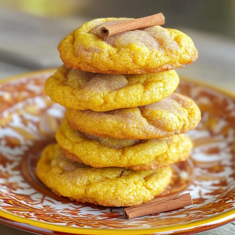 To make these tasty pumpkin snickerdoodle cookies, you will need: - 1 cup unsalted butter, softened - 1 cup granulated sugar - 1/2 cup brown sugar, packed - 1/2 cup pumpkin puree - 1 large egg - 2 teaspoons vanilla extract - 3 cups all-purpose flour - 1 tablespoon ground cinnamon - 1/2 teaspoon baking soda - 1 teaspoon cream of tartar - 1/2 teaspoon salt - 1/4 teaspoon nutmeg - 1/4 teaspoon ginger - 1/4 cup granulated sugar (for rolling) - 2 teaspoons ground cinnamon (for rolling) Measuring your ingredients correctly is key. Use dry measuring cups for flour and sugar. For sticky items like pumpkin puree, use a liquid measuring cup. Ensure the butter is at room temperature for easy mixing. If you pack the brown sugar, make sure it holds its shape when scooped out. You can add fun twists to your cookies! Consider these options: - Chopped nuts like walnuts or pecans for crunch - Chocolate chips for a sweet surprise - Dried cranberries for a fruity touch - A hint of orange zest for extra flavor These additions can change your cookies and give them a personal touch. Start by preheating your oven to 350°F (175°C). Line two baking sheets with parchment paper. In a large bowl, cream together 1 cup of softened unsalted butter, 1 cup of granulated sugar, and 1/2 cup of packed brown sugar. Mix until it looks light and fluffy. Next, add in 1/2 cup of pumpkin puree, 1 large egg, and 2 teaspoons of vanilla extract. Beat the mixture until everything is fully combined. In another bowl, whisk together 3 cups of all-purpose flour, 1 tablespoon of ground cinnamon, 1/2 teaspoon of baking soda, 1 teaspoon of cream of tartar, 1/2 teaspoon of salt, 1/4 teaspoon of nutmeg, and 1/4 teaspoon of ginger. Gradually mix these dry ingredients into your wet mixture. Be careful not to overmix; just blend until combined. In a small bowl, mix 1/4 cup of granulated sugar with 2 teaspoons of ground cinnamon for rolling. Use a cookie scoop or a tablespoon to scoop dough and roll it into balls. Roll each ball in the cinnamon-sugar mixture until well coated. Place the cookie balls on the baking sheets, leaving about 2 inches between each one. Bake the cookies in your preheated oven for 10-12 minutes. Look for lightly golden edges and soft centers to know they are done. After baking, let the cookies cool on the sheets for about 5 minutes. Then, transfer them to a wire rack to cool completely. For a lovely presentation, stack the cookies on a decorative plate. You can sprinkle some extra cinnamon on top for a beautiful touch. Enjoy these cookies with a glass of milk for the perfect treat! To get the right texture for your pumpkin snickerdoodles, start with room temperature butter. This helps the butter mix well with the sugars. Mix until the mixture is light and fluffy. When adding the dry ingredients, mix just until combined. Overmixing can make your cookies tough. The dough should be soft but not sticky. If it feels too wet, chill it for 30 minutes. One common mistake is not measuring ingredients accurately. Use dry measuring cups for flour and a liquid measuring cup for pumpkin puree. Another pitfall is baking at the wrong temperature. Always preheat your oven to 350°F. Check your cookies a minute or two early to avoid overbaking. They should be soft in the center when you take them out. If you have dietary needs, there are great swaps. For gluten-free cookies, use a gluten-free flour blend. If you need dairy-free options, replace the butter with coconut oil or vegan butter. For egg-free cookies, try using a flax egg. Mix 1 tablespoon of ground flaxseed with 2.5 tablespoons of water. Let it sit for five minutes before adding it to your dough. {{image_2}} You can make gluten-free pumpkin snickerdoodle cookies easily. Just swap the all-purpose flour for a gluten-free blend. Look for a blend that works for baking. This change keeps your cookies soft and chewy. The flavor of pumpkin shines through just as well. To make vegan pumpkin snickerdoodles, replace the egg with a flax egg. Mix 1 tablespoon of ground flaxseed with 2.5 tablespoons of water. Let it sit for 5 minutes until it thickens. Use vegan butter instead of regular butter. These small changes make your cookies plant-based and still delicious. You can add fun flavors to your pumpkin snickerdoodles. Try adding chocolate chips or white chocolate chips for sweetness. Nuts like walnuts or pecans add a nice crunch. Dried cranberries or raisins can give a fruity twist. For extra spice, add a pinch of cloves or allspice. Each addition can make your cookies unique and yummy. To keep your pumpkin snickerdoodle cookies fresh, store them in an airtight container. This helps to lock in moisture and flavor. You can stack them neatly in layers, placing parchment paper between each layer. This prevents sticking. Make sure to keep the cookies at room temperature away from heat and sunlight. If you want to save some cookies for later, freezing is a great option. First, let the cookies cool completely. Then, place them in a single layer on a baking sheet and freeze for about 1 hour. Once frozen, transfer them to a freezer-safe bag or container. Label it with the date, and they will last up to 3 months. To keep cookies fresh for longer, you can add a slice of bread to the container. The bread keeps the cookies soft by providing moisture. Change the bread slice every few days to keep it fresh. Another tip is to avoid stacking cookies if possible, as this can cause them to become squished and lose their shape. Yes, you can use canned pumpkin puree. It saves time and ensures great flavor. Just make sure to choose 100% pumpkin puree, not pumpkin pie filling. This gives your cookies the right taste and texture. Canned pumpkin is easy to find and very convenient. You know the cookies are done when the edges are lightly golden. The centers should still look soft. Bake them for about 10 to 12 minutes. Keep an eye on them! If they look too brown, they may be overbaked. Let them cool on the sheet for a few minutes before moving them. You can serve these cookies with a glass of cold milk for the classic pairing. They also go well with coffee or tea. For a fun twist, try them with a scoop of vanilla ice cream. Sprinkle some extra cinnamon on top for a nice touch! Baking pumpkin snickerdoodles can be easy and fun. We covered the key ingredients, from measurements to optional choices. Step-by-step, you learned the mixing and baking process. I shared tips for the best texture and how to avoid common mistakes. We also discussed fun variations and smart storage tips. Enjoy your snickerdoodles fresh or save some for later. With these tips, you can bake with confidence and creativity. Happy baking!