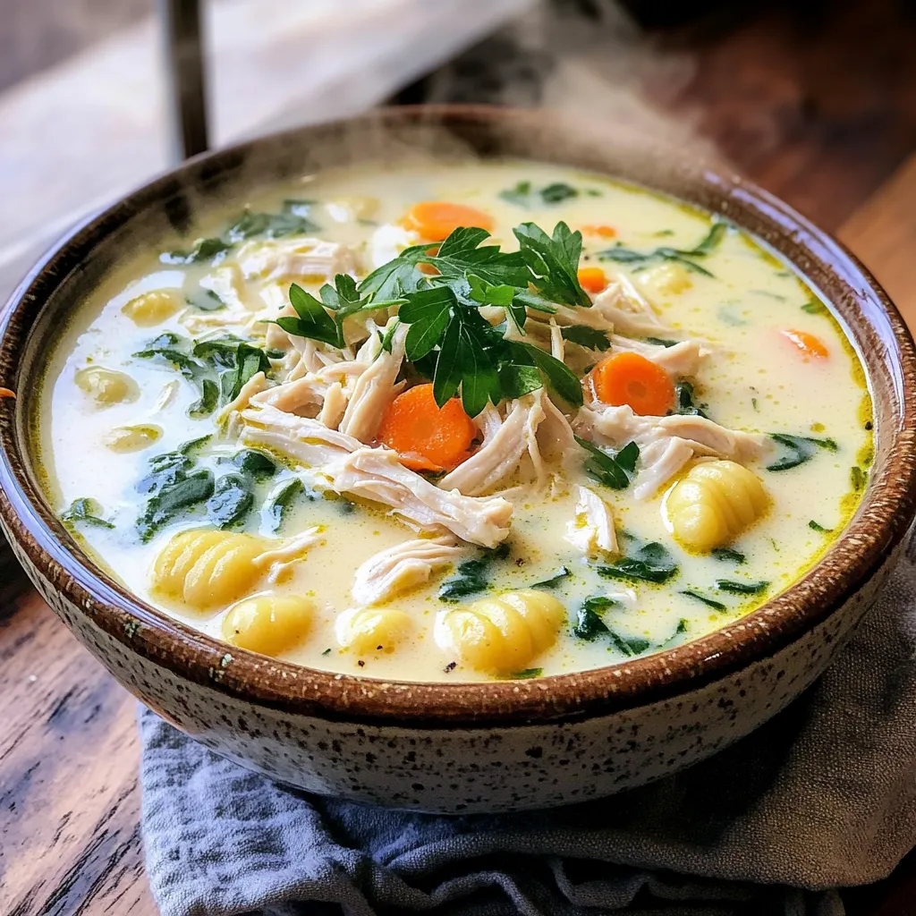 - 1 pound boneless, skinless chicken breasts - 4 cups chicken broth - 1 cup heavy cream - 1 medium onion, diced - 3 cloves garlic, minced - 3 medium carrots, diced - 2 celery stalks, diced For this creamy chicken gnocchi soup, the main ingredients are simple yet essential. First, I use boneless, skinless chicken breasts. They stay tender and juicy as they cook. Next, I like to add chicken broth for a rich base. Heavy cream adds that luscious creaminess we all love. Fresh vegetables bring color and nutrition. Diced onion provides great flavor. Minced garlic gives it a lovely aroma. Diced carrots and celery add sweetness and texture. - 1 teaspoon dried thyme - 1 teaspoon dried oregano - 1 bay leaf - Salt and pepper to taste - 2 cups fresh spinach - Fresh parsley for garnish Seasonings bring life to this dish. I use dried thyme and oregano for earthy notes. A bay leaf adds depth. Salt and pepper enhance all the flavors. Fresh spinach is a must at the end. It wilts beautifully and adds a pop of color. Finally, I sprinkle fresh parsley on top for a fresh finish. This combination makes the soup not only tasty but also visually appealing. Start by placing the boneless, skinless chicken breasts at the bottom of the slow cooker. This is the base of your soup. Next, add the diced onion, minced garlic, diced carrots, and diced celery on top of the chicken. These vegetables bring great flavor and texture. Now, pour in the chicken broth. It adds moisture and depth to the soup. After that, sprinkle in the dried thyme, oregano, and bay leaf. Season with salt and pepper to taste. These spices boost the flavor of the soup. Now it’s time to set the slow cooker. You can choose to cook it on low for about 6 hours or on high for 3 hours. I prefer low, as it allows all the flavors to meld together beautifully. The chicken should be cooked through by the end of this time. Once the chicken is done, take it out and shred it with two forks. This makes it easier to mix back into the soup. Return the shredded chicken to the slow cooker. Next, stir in the heavy cream and the potato gnocchi. This gives the soup its creamy texture. Cook on high for an additional 30 minutes. This step makes sure the gnocchi are tender. In the last 5 minutes, add the fresh spinach and stir until it's wilted. It adds a nice pop of color and nutrients. Taste your soup and adjust the seasoning with more salt and pepper if needed. Serve hot, garnished with fresh parsley. This adds a lovely finish to your creamy chicken gnocchi soup. To make your soup really shine, adjust the seasonings to your taste. I like to start with the basics: salt and pepper. Taste the soup before serving. You can easily add more salt or pepper if needed. For extra depth, try adding a pinch of garlic powder or a splash of lemon juice. Enhancing creaminess is also key. Use heavy cream for a rich texture. If you want an even silkier feel, whisk in a bit of cream cheese or sour cream at the end. This small step makes a big difference. Cooking time is important for tender gnocchi. I recommend adding the gnocchi during the last 30 minutes of cooking. This keeps them soft and flavorful. If you add them too early, they might get mushy. To avoid overcooking, keep an eye on the clock. Once you add the gnocchi, stir gently. Check for doneness after 15 minutes. They should be soft but still hold their shape. This balance is what makes your soup perfect. {{image_2}} You can change the soup by using different vegetables. Try adding bell peppers or zucchini for a fresh twist. Sweet potatoes can add a touch of sweetness too. You can even use frozen veggies if you want quick prep. For protein options, you can swap chicken for turkey or shrimp. Cooked sausage can add a nice kick. If you want, you can also use tofu for a vegetarian option. Each swap changes the flavor, so have fun with it! To enhance the taste, you can add cheese or spices. Grated Parmesan or mozzarella melts beautifully into the soup. A sprinkle of red pepper flakes adds warmth and depth. Using homemade broth instead of store-bought can make a big difference. Homemade broth usually has richer flavors. If you’re short on time, store-bought works great too. Just check the label for quality. To keep your creamy chicken gnocchi soup fresh, cool it down fast. Let it sit at room temperature for no more than two hours. Transfer the soup into airtight containers. I recommend glass jars or plastic containers that seal well. Label each container with the date. This way, you can easily track how long it has been stored. The soup stays good for about three to four days in the fridge. If you want to save some soup for later, freezing is a great option. First, let the soup cool completely. This prevents ice crystals from forming. Pour the soup into freezer-safe bags or containers. Leave some space at the top to allow for expansion. Seal them tightly and label with the date. The soup can last up to three months in the freezer. When you're ready to enjoy it again, thaw the soup overnight in the fridge. For quick thawing, you can place the bag under cold running water. Once thawed, reheat the soup in a pot over medium heat. Stir it well to mix, and enjoy your creamy chicken gnocchi soup! This soup lasts about 3 to 4 days in the fridge. Make sure to cool it down first. Store it in an airtight container. This keeps it fresh and tasty. Yes, you can use frozen gnocchi! Just add them straight to the slow cooker. You don't need to thaw them first. They will cook well during the last 30 minutes. If you want a lighter option, use half-and-half or whole milk. For a dairy-free choice, try coconut milk. Each option changes the taste a bit, so pick what you like best. The soup is not gluten-free due to the gnocchi. However, you can find gluten-free gnocchi in stores. Just check the labels. This way, you can enjoy the soup without gluten! This blog post covered a tasty chicken soup made in a slow cooker. We discussed the main ingredients, like chicken and veggies. I shared step-by-step instructions, cooking tips, and ideas for variations. Remember, you can swap in your favorite veggies or proteins. Proper storage is key for leftovers, making sure you enjoy every bite. This soup is simple and flexible, perfect for any meal. Now, grab your slow cooker and get cooking! You'll love this warm and cozy dish.