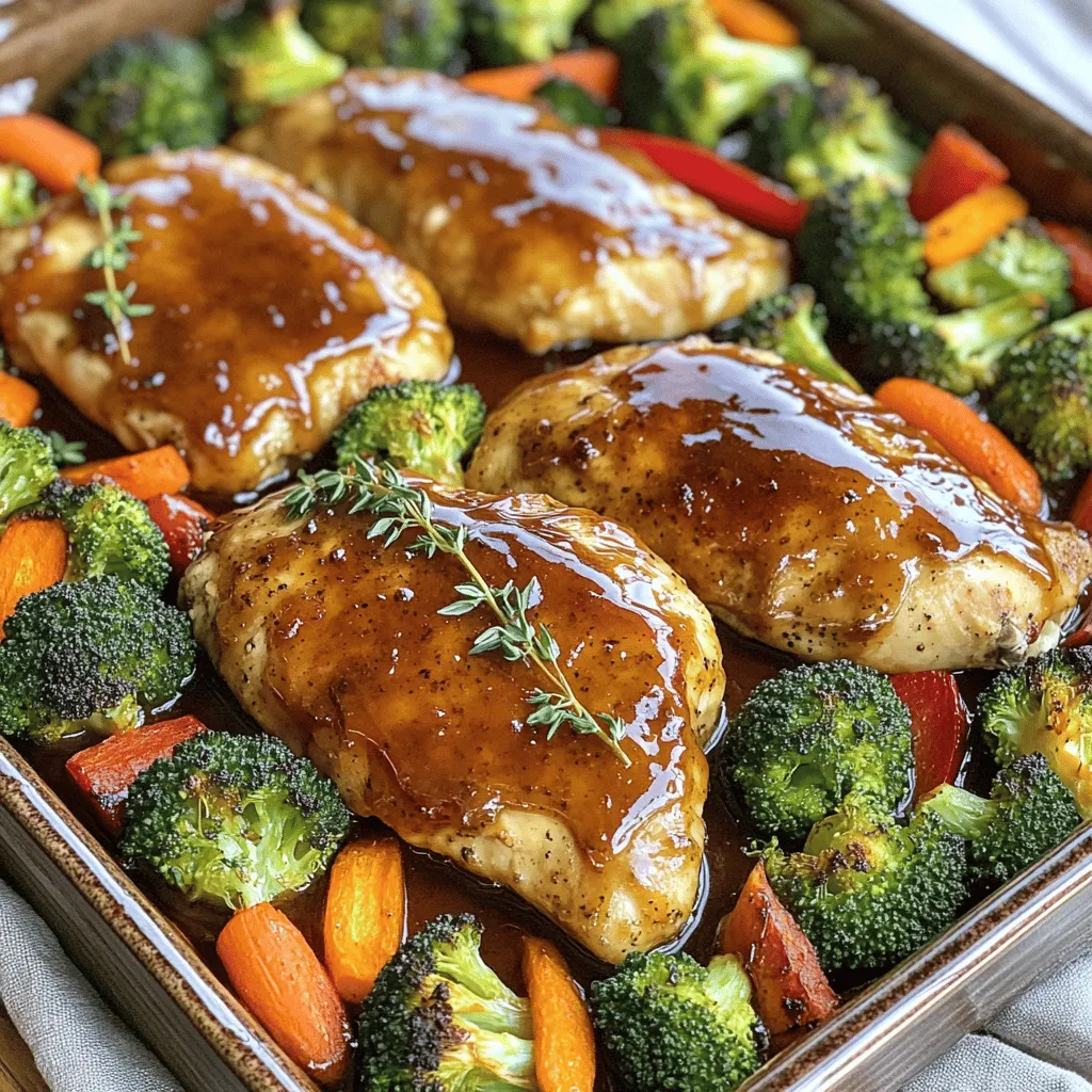 - 4 boneless, skinless chicken breasts - 1/4 cup pure maple syrup - 2 tablespoons Dijon mustard - 2 tablespoons olive oil For this recipe, I love using boneless, skinless chicken breasts. They cook evenly and stay juicy. The blend of pure maple syrup and Dijon mustard gives the chicken a sweet and tangy flavor. Olive oil adds moisture and helps the marinade stick. - 2 cups broccoli florets - 1 cup baby carrots - 1 red bell pepper, sliced - 1 medium red onion, sliced I choose broccoli, baby carrots, red bell pepper, and red onion for their color and taste. Broccoli adds crunch, while carrots bring sweetness. The red bell pepper and onion add a nice touch of flavor and texture. - 2 cloves garlic, minced - 1 teaspoon dried thyme - 1 teaspoon smoked paprika - Salt and pepper to taste Garlic gives a strong aroma and taste to the dish. Dried thyme adds a lovely herbal note. Smoked paprika brings warmth and depth. I add salt and pepper to enhance all the flavors. This mix makes the chicken and veggies burst with flavor! 1. Preheating the oven Start by preheating your oven to 425°F (220°C). This step is key for cooking the chicken and veggies evenly. 2. Preparing the marinade In a small bowl, whisk together the following ingredients until they blend well: - 1/4 cup pure maple syrup - 2 tablespoons Dijon mustard - 2 tablespoons olive oil - 2 cloves garlic, minced - 1 teaspoon dried thyme - 1 teaspoon smoked paprika - Salt and pepper to taste 3. Marinating the chicken Place 4 boneless, skinless chicken breasts in a large baking dish. Pour half of the maple Dijon mixture over the chicken. Make sure each piece is well-coated. If you can, let it marinate for about 10-15 minutes for more flavor. 4. Tossing the vegetables In another bowl, add the following vegetables: - 2 cups broccoli florets - 1 cup baby carrots - 1 red bell pepper, sliced - 1 medium red onion, sliced Toss these veggies with the remaining maple Dijon mixture until they are coated. 5. Arranging ingredients in the baking dish After marinating, place the seasoned vegetables around the chicken in the same baking dish. This way, everything cooks together and shares those great flavors. 6. Baking and broiling instructions Bake the dish in the preheated oven for 25-30 minutes. The chicken should reach an internal temperature of 165°F (74°C) and the veggies should be tender. For a nice caramelized finish, broil for an additional 2-3 minutes. Watch closely to avoid burning. This step-by-step guide makes it easy to create a delicious Maple Dijon Chicken and Veggies dinner. Enjoy your cooking! Marinating adds great flavor to the chicken. It helps the meat soak up the spices and sauce. I recommend marinating for at least 10-15 minutes. If you have more time, go for 30 minutes to an hour. This longer time will make the chicken even tastier. To check for doneness, use a meat thermometer. The chicken should reach 165°F (74°C). This ensures it is safe to eat and juicy. When broiling, keep a close watch. It only takes 2-3 minutes to caramelize. Stay nearby to prevent burning. For plating, place the chicken on a plate with veggies around it. Drizzle some of the pan sauce over the chicken. This adds flavor and looks nice. For garnishing, fresh thyme or parsley works well. It gives a pop of color and freshness to your dish. {{image_2}} You can easily switch up the protein in this dish. If you prefer tofu, use firm tofu instead of chicken. For a different meat option, pork tenderloin works well too. Both choices absorb the maple Dijon flavor nicely. When it comes to veggies, the sky's the limit! Try adding zucchini, asparagus, or snap peas. Each veggie brings its own twist to the dish. You can mix and match based on what you have at home or what is in season. If you love heat, add some red pepper flakes or cayenne pepper. A little goes a long way in boosting the flavor. You can also try using different mustards. Spicy brown mustard gives a nice kick. Honey mustard adds sweetness if you want a milder taste. You can grill the chicken and veggies for a smoky flavor. Just marinate as usual and cook on a hot grill for about 6-8 minutes per side. If you prefer a slow cooker, combine all ingredients in the pot. Cook on low for 6-8 hours or high for 3-4 hours. This method keeps everything super tender and flavorful. After enjoying your Maple Dijon Chicken and Veggies, store any leftovers right away. Place the chicken and veggies in a container with a tight lid. You can use glass or plastic containers. Make sure to cool them to room temperature first. This helps keep the food fresh. Store in the fridge for up to three days. When you are ready to eat leftovers, you can use several methods to reheat. The oven works best for even heating. Preheat your oven to 350°F (175°C) and place the food in a baking dish. Heat for about 15-20 minutes or until warm. You can also use a microwave. Heat on medium power for 2-3 minutes, stirring halfway. Check that the chicken reaches 165°F (74°C) for safety. Freezing is a great option if you want to save your meal for later. Make sure the chicken and veggies are cool before freezing. Use freezer-safe bags or containers. Label them with the date. You can freeze for up to three months. When you want to eat it, thaw in the fridge overnight. If you’re in a hurry, you can use the microwave’s defrost setting. You can pair this dish with many sides. Here are a few suggestions: - Rice: White or brown rice works great. - Quinoa: This adds a nutty flavor. - Mashed Potatoes: Creamy and comforting. - Crusty Bread: Perfect for soaking up sauce. - Side Salad: A fresh green salad adds crunch. These options balance the sweet and savory flavors of the chicken and veggies. Yes, you can prep this dish ahead. Here are some tips: - Marinate Chicken: You can marinate the chicken overnight. This boosts flavor. - Chop Veggies: Cut the vegetables a day in advance. Keep them in the fridge. - Store Separately: Keep chicken and veggies in separate containers until cooking. This way, you save time on busy days. Just bake them when ready. This dish is mild with a sweet and tangy taste. The Dijon mustard adds a slight kick, but it is not too hot. If you want more heat, consider these options: - Add Red Pepper Flakes: A pinch will spice things up. - Use Spicy Mustard: Swap for a hotter mustard. - Include Jalapeños: Toss in some diced fresh jalapeños with the veggies. Adjust these to your taste for a dish that fits your spice level. In this blog post, we explored the simple yet tasty Maple Dijon Chicken. I outlined key ingredients like chicken, maple syrup, and fresh veggies. We talked about easy steps for preparation and cooking, along with useful tips for marinating and serving. I also shared variations for different tastes and how to store leftovers. This dish is not only healthy but also adaptable. Enjoy making it for quick dinners or special occasions. Your kitchen will smell amazing, and your taste buds will thank you!