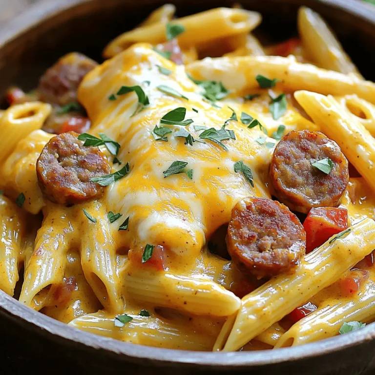 - 12 oz penne pasta - 1 lb smoked sausage, sliced (chicken or turkey recommended for a lighter option) - 1 medium onion, diced - 1 red bell pepper, diced - 2 cloves garlic, minced - 1 can (14.5 oz) diced tomatoes (with juice) - 3 cups chicken broth (low-sodium recommended) In this dish, penne pasta acts as the heart. It holds onto all the sauce and flavors. The smoked sausage adds a rich, savory note. Chicken or turkey gives a lighter touch. Diced onion and red bell pepper bring a sweet crunch. Minced garlic adds depth. Diced tomatoes provide acidity and moisture. Chicken broth makes it all come together, enhancing the flavor. - 1 tablespoon Cajun seasoning - 1 teaspoon paprika - 1/2 teaspoon cayenne pepper (adjust to taste) - 1 cup heavy cream - 1 cup shredded cheddar cheese - 2 tablespoons olive oil - Salt and pepper, to taste Cajun seasoning brings heat and warmth to the dish. Paprika adds a smoky flavor. Cayenne pepper can kick up the spice. Heavy cream makes it rich and silky. Shredded cheddar cheese adds a cheesy finish. Olive oil helps sauté the sausage and veggies. Salt and pepper balance everything out. - Fresh parsley, chopped (for garnish) - Alternative cheese options Fresh parsley brightens up your plate. It adds color and a fresh taste. You can also swap in other cheeses if you want. Try mozzarella or pepper jack for a twist. These options can change the flavor while keeping it creamy. First, you need to heat the olive oil in a large pot over medium heat. When the oil gets hot, add the sliced sausage. Cook the sausage for about 5 to 7 minutes. Stir it often until it turns brown and crisp. This step adds great flavor to your dish. Next, it’s time to add some color and taste. Toss in the diced onion, red bell pepper, and minced garlic. Sauté these veggies for about 3 to 4 minutes. Cook until the onion is soft and transparent. This mix makes your pasta more vibrant and tasty. Now, stir in the diced tomatoes along with their juice. Add the chicken broth, Cajun seasoning, paprika, and cayenne pepper. Bring this mixture to a simmer. You want it bubbling gently. This will blend all the flavors beautifully. Once it’s simmering, add the penne pasta to the pot. Make sure the pasta is well submerged in the liquid. Cover the pot and cook for 10 to 12 minutes. Stir occasionally until the pasta is al dente. This means it should be firm but cooked through. Lower the heat and stir in the heavy cream and shredded cheddar cheese. Mix well until the cheese melts and the sauce becomes creamy. At this point, taste your dish and season with salt and pepper, if needed. Let it sit for a few minutes to thicken. Serve it warm for a bold and flavorful meal! When making One-Pot Cajun Sausage Pasta, controlling the heat is key. Start with medium heat to brown the sausage well. This adds great flavor. After adding the vegetables, keep the heat moderate. This helps them soften without burning. When it’s time to cook the pasta, make sure it’s fully submerged in the liquid. Cover the pot to help the pasta cook evenly. Stir occasionally to prevent sticking. To make your dish even better, play with spices. You can try adding dried thyme or oregano for a herbal touch. A squeeze of fresh lemon juice at the end brightens the flavors. If you like it spicy, add more cayenne pepper. You can also mix in a dash of hot sauce. Each adjustment brings a unique twist to this dish. Presentation matters! Serve the pasta in big bowls for a cozy feel. Top with fresh parsley for a pop of color. Add an extra sprinkle of cheese on top for richness. For sides, consider a crisp salad or garlic bread. These pair well and round out your meal. Enjoy your flavorful feast! {{image_2}} You can change the sausage to fit your taste. Chicken or turkey sausage works well. If you want a vegetarian option, try plant-based sausage or mushrooms. For dairy, swap heavy cream with coconut milk or cashew cream. These swaps keep the dish rich and creamy while catering to different diets. Want more heat? Add sliced jalapeños or crushed red pepper. You can also use hot sauce to boost the spice. Start with a little and taste as you go. This way, you can find the perfect heat level for your dish. If you need gluten-free pasta, use penne made from rice or quinoa. These options cook well in the sauce. You can also add vegetables like zucchini or squash for more texture. Just slice them thin, so they cook evenly. To store leftovers, place the pasta in an airtight container. This keeps it fresh. You can store it in the fridge for up to three days. When ready to eat, make sure to check for any signs of spoilage before reheating. For the best taste, reheat in a pot over low heat. Add a splash of chicken broth or cream to keep it creamy. Stir often to avoid sticking. If you prefer the microwave, use a microwave-safe bowl. Heat it in short bursts, stirring in between. This helps it heat evenly. If you want to save some for later, freeze the pasta in a freezer-safe container. It will last for about two months. When you are ready to eat, thaw it in the fridge overnight. Reheat it gently on the stovetop or in the microwave. Add a bit of broth to restore the creamy texture. You can use turkey or chicken sausage. These options give a lighter taste. For a vegetarian choice, try plant-based sausage. These swaps keep the dish tasty and flavorful. Yes, you can prep this dish ahead of time. Cook the pasta and sausage, then store in the fridge. Keep the sauce separate until you’re ready to eat. This helps keep the pasta from getting mushy. When ready to serve, heat everything together. To add spice, use hot sauce or more cayenne pepper. You can also mix in diced jalapeños for extra heat. Taste as you go, so you get the right level of spice. Adjusting spice makes this dish fun and exciting! This blog post covered a tasty pasta dish with smoked sausage, veggies, and spices. We explored the main ingredients, step-by-step instructions, and helpful tips. You learned how to cook and store leftovers, plus ways to customize flavors. Enjoying this dish can bring comfort and warmth to your meal. Feel free to experiment with ingredients and spices. The best part? You can make it your own!