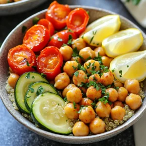 - 2 cans (15 oz each) chickpeas, drained and rinsed - 1 red bell pepper, diced - 1 zucchini, sliced into half-moons - 1 red onion, sliced into wedges - 1 cup cherry tomatoes, halved - 3 tablespoons olive oil - 1 teaspoon garlic powder - 1 teaspoon smoked paprika - 1 teaspoon dried oregano - Salt and pepper to taste Chickpeas are the star of this dish. They are high in protein and fiber. They also have a nice, creamy texture once roasted. Next, I use colorful vegetables. Red bell pepper adds sweetness. Zucchini brings a slight crunch. Red onion gives a nice sharp flavor. Cherry tomatoes burst with sweetness when cooked. To season, I use olive oil as a base. It makes the veggies nice and shiny. Garlic powder adds flavor without the fuss of fresh garlic. Smoked paprika gives warmth and depth. Oregano adds a classic Mediterranean taste. Don’t forget salt and pepper to bring it all together. - 2 cups cooked quinoa or couscous - Fresh parsley, chopped, for garnish - Lemon wedges for serving Quinoa or couscous makes a great base for the bowl. They add extra texture and fiber. Fresh parsley brightens the dish with a burst of color. Lemon wedges are key for a fresh kick. A squeeze of lemon juice makes all the flavors pop. These ingredients come together to create a healthy and delicious meal. You can customize it based on what you have on hand. Feel free to mix and match! - Preheat your oven to 400°F (200°C). - On a large sheet pan, combine: - 2 cans (15 oz each) chickpeas, drained and rinsed - 1 red bell pepper, diced - 1 zucchini, sliced into half-moons - 1 red onion, sliced into wedges - 1 cup cherry tomatoes, halved Drizzle 3 tablespoons of olive oil over the mixture. Add 1 teaspoon of garlic powder, 1 teaspoon of smoked paprika, 1 teaspoon of dried oregano, and salt and pepper to taste. Toss everything together. Make sure all the veggies and chickpeas are coated well. Spread the mixture evenly on the sheet pan. Roast the mixture in the preheated oven for 25-30 minutes. Stir halfway through to ensure even cooking. You want the vegetables to be tender and slightly caramelized. While the veggies roast, cook 2 cups of quinoa or couscous. Follow the package instructions for best results. Once the sheet pan comes out of the oven, let it cool for a few minutes. In bowls, layer the cooked quinoa or couscous. Top it with the roasted chickpea and vegetable mix. For a pop of color and flavor, garnish with chopped fresh parsley. Serve with lemon wedges on the side. A fresh squeeze of lemon adds a nice touch! To ensure even roasting, spread the chickpeas and veggies in a single layer. If they are too close together, they may steam instead of roast. This can make them soggy. Stir the mixture halfway through roasting. This helps with even cooking and browning. The recommended roasting time for this dish is between 25 to 30 minutes. Keep an eye on the veggies. They should be tender and slightly caramelized when done. If you like them crispier, you can roast them a bit longer. Just remember to check often. To boost the flavor, try adding a pinch of cayenne pepper for heat. You can also mix in a teaspoon of ground cumin for a warm, earthy taste. A sprinkle of feta cheese just before serving can add creaminess. For herbs, fresh thyme or rosemary pairs well with these flavors. You can also use fresh dill for a bright taste. Just chop them finely and toss them in right before serving. These herbs can make your dish pop with freshness. {{image_2}} You can boost protein in your Mediterranean bowl easily. Adding cooked chicken makes it hearty. Simply grill or roast it before mixing. Tofu is a great plant-based option. Press and cube tofu, then roast it for texture. You may also try different legumes like black beans or lentils for variety. Each adds unique flavor and nutrition. Feel free to swap veggies based on what's fresh. Seasonal vegetables like asparagus or eggplant work well. Carrots or spinach can also add color and taste. If you can't find a specific vegetable, use what you have. This flexibility keeps your dish exciting and helps reduce waste. Quinoa and couscous are popular, but you have choices. You can use rice, bulgur, or farro for a different base. Each grain has its unique taste and texture. Quinoa offers a nutty flavor while couscous is light and fluffy. Experiment with what you like best, and enjoy the change! Store your Mediterranean chickpea bowls in an airtight container. This keeps them fresh. They last about 3 to 4 days in the fridge. Make sure to let the dish cool before sealing. This prevents moisture buildup. Keeping it cold helps maintain flavor and texture. You can freeze leftovers for longer storage. Use freezer-safe bags or containers for best results. Remove as much air as possible before sealing. The dish can last up to 3 months in the freezer. When you're ready to eat, thaw it overnight in the fridge. Reheat in the oven or microwave until heated through. Add a splash of olive oil for extra moisture and flavor when reheating. Enjoy your meal again with ease! Chickpeas pack a punch of protein and fiber. They help keep you full longer. They also have vitamins and minerals like iron and folate. Eating chickpeas can support heart health and digestion. Adding chickpeas to meals boosts nutrition without extra calories. They are versatile and blend well with many dishes. Yes! This recipe is naturally vegan. All the ingredients, like chickpeas and veggies, fit a vegan diet. You don’t need to change anything to keep it plant-based. Just make sure your quinoa or couscous is vegan, too. You can add your favorite veggies like spinach or carrots. For extra crunch, try some nuts or seeds. Swap quinoa for brown rice or farro for a different taste. Top with avocado or a dollop of hummus for creaminess. Add your favorite sauce or dressing to enhance flavor. This blog post covered a healthy and tasty dish featuring chickpeas and fresh veggies. You learned about key ingredients, from flavorful seasonings to optional grains. I shared easy steps for prepping and cooking, plus tips to enhance flavors. You can even customize the recipe to fit your taste or dietary needs. Experiment with different proteins or seasonal veggies. Enjoy this vibrant meal, knowing it’s good for you and your family.