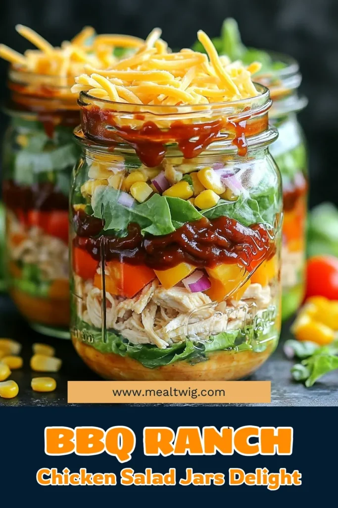 Discover the deliciousness of BBQ Ranch Chicken Salad Jars, a perfect meal prep option that’s both tasty and fun! With layers of shredded chicken, fresh veggies, and a zesty ranch-BBQ sauce, these salads are ideal for lunch or dinner on the go. They’re easy to make and can be customized to your taste. Click through for the full recipe and bring a burst of flavor to your week! #BBQRanchChicken #MealPrep #HealthyEating #SaladJars