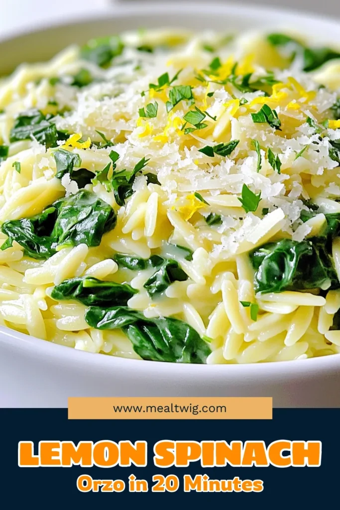 Elevate your dinner ideas with this delicious Lemon Butter Orzo with Spinach recipe! This creamy and tangy dish combines tender orzo pasta with fresh spinach, zesty lemon, and rich Parmesan for a delightful meal ready in just 20 minutes. Perfect as a side or main dish, it’s quick and easy to make. Click through to get the full recipe and impress your family tonight! #OrzoRecipes #EasyDinners #HealthyEating #LemonRecipes