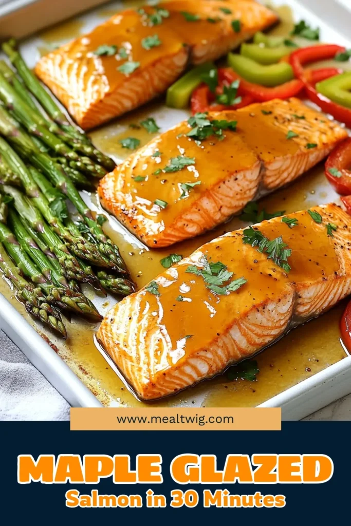 Indulge in this delicious Maple Glazed Salmon Sheet Pan recipe that's perfect for a quick weeknight dinner! With tender salmon fillets and vibrant veggies, this dish is packed with flavor and easy to make. Ready in just 30 minutes, the sweet and savory maple glaze elevates the meal to a delightful experience. Click through for the full recipe and impress your family tonight! #MapleGlazedSalmon #SheetPanDinner #HealthyRecipes #QuickMeals