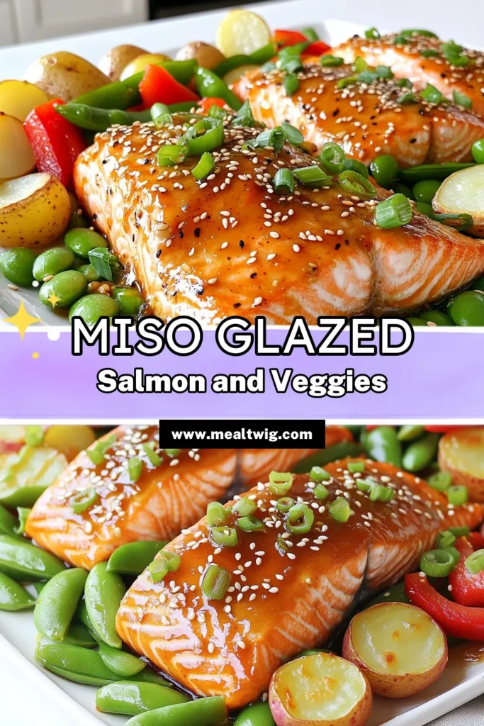 Dive into deliciousness with this Miso Magic Salmon Delight! This easy recipe features succulent salmon fillets glazed with a flavorful miso mixture, paired with vibrant snap peas, red bell peppers, and roasted baby potatoes. Perfect for a healthy dinner, this dish is packed with flavor and nutrients. Click to discover how to create this delightful meal in just 30 minutes! #MisoMagic #SalmonRecipe #HealthyEating #QuickDinners
