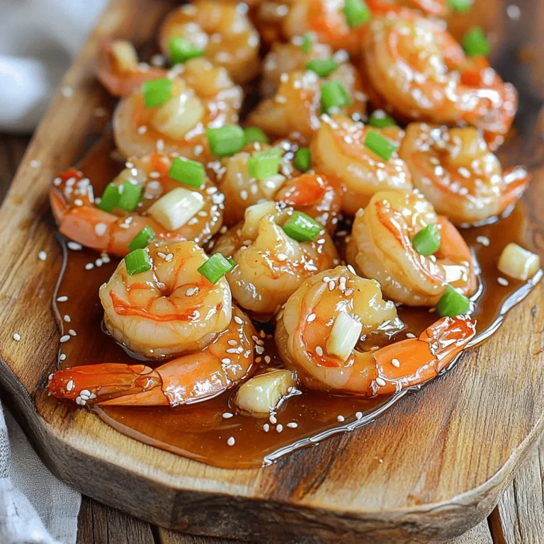 To make Air Fryer Honey Garlic Shrimp, gather these items: - 1 pound large shrimp, peeled and deveined - 1/4 cup honey - 3 tablespoons soy sauce (low sodium preferred) - 3 cloves garlic, minced - 1 tablespoon fresh ginger, grated - 1 tablespoon olive oil - 1/2 teaspoon red pepper flakes (optional, for heat) - Salt and pepper to taste - 2 green onions, sliced (for garnish) - Sesame seeds (for garnish) Using high-quality shrimp makes a big difference. Look for fresh shrimp that are firm and odor-free. If you choose frozen shrimp, pick ones that are flash-frozen. This helps keep their texture intact. Use pure honey for the best flavor. Avoid blends that have added sugar or corn syrup. For soy sauce, low sodium is best to keep the dish balanced. Fresh garlic and ginger enhance the taste much more than dried versions. If you don't have shrimp, you can swap it for chicken or tofu. For honey, maple syrup works well as a vegan option. If soy sauce is not on hand, try tamari or coconut aminos for a gluten-free version. No fresh ginger? Ground ginger can be a good substitute, just use less. If you want to skip red pepper flakes, you can use sweet paprika for a milder flavor. To start, you need a mixing bowl. In it, whisk together these ingredients: - 1/4 cup honey - 3 tablespoons soy sauce - 3 cloves garlic, minced - 1 tablespoon fresh ginger, grated - 1 tablespoon olive oil - 1/2 teaspoon red pepper flakes (optional) - Salt and pepper to taste Mix well until smooth. This sauce is sweet and savory. It adds great flavor to the shrimp. Now, take 1 pound of large shrimp, peeled and deveined. Add the shrimp to the bowl. Toss gently to coat every shrimp with the marinade. Cover the bowl with plastic wrap. Place it in the fridge for 15 to 30 minutes. This step is important. It allows the shrimp to soak up all the flavors. While the shrimp marinates, preheat your air fryer to 400°F (200°C). This will take about 5 minutes. Once hot, arrange the marinated shrimp in a single layer in the air fryer basket. Avoid overcrowding the basket. If you have too many shrimp, cook them in batches. Air fry the shrimp for 6 to 8 minutes. Shake the basket halfway through to cook evenly. The shrimp should turn pink and opaque when done. After cooking, let the shrimp rest for a minute. You can drizzle any leftover marinade on top for extra flavor. Finally, garnish with sliced green onions and sesame seeds. Enjoy your tasty honey garlic shrimp! To get the best shrimp texture, start with large shrimp, about a pound. Peel and devein them for a clean bite. Marinate the shrimp for at least 15 minutes. This step makes them tender and flavorful. Avoid overcooking the shrimp. When they turn pink and opaque, they are done. Preheat your air fryer to 400°F (200°C) for five minutes. This helps the shrimp cook evenly. Arrange the shrimp in a single layer in the basket. If you crowd them, they won’t cook well. Shake the basket halfway through cooking. This ensures every shrimp gets nice and crispy. You can boost the taste with a few extra ingredients. Add red pepper flakes for heat if you like spice. You can also mix in lime juice for a zesty kick. Fresh herbs, like cilantro, give a nice touch too. For a crunch, sprinkle sesame seeds on top before serving. This adds flavor and looks great! {{image_2}} You can switch up the flavor by using different sauces. Try teriyaki sauce for a sweet twist. A garlic butter sauce adds richness and depth. Or use a spicy chili sauce for a kick. Each sauce brings a new taste to your dish. Adding vegetables makes this dish even better. Bell peppers, snap peas, or broccoli work great. Toss them in the marinade with the shrimp. The air fryer cooks them fast while keeping them crisp. You’ll enjoy a colorful and healthy meal. If you like heat, add more red pepper flakes. You can also use sriracha or hot sauce. Start small and taste as you go. If you prefer mild, leave out the spicy elements. Adjusting spice lets everyone enjoy this dish. To store leftover shrimp, let them cool first. Place them in an airtight container. You can keep them in the fridge for up to 2 days. Make sure to cover the shrimp well to keep them fresh. This will help prevent any strong odors from other foods. To reheat shrimp, use your air fryer. Set it to 350°F (175°C). Heat the shrimp for about 3-5 minutes. This will help them stay juicy and crisp. Check them often to avoid overcooking. You can also use a microwave, but the shrimp may lose some crispiness. If you want to freeze shrimp, place them in a freezer-safe bag. Remove as much air as possible before sealing. You can freeze shrimp for up to 3 months. When you’re ready to use them, thaw in the fridge overnight. This keeps them from becoming rubbery when cooked. Yes, you can use frozen shrimp. Just make sure to thaw them first. Place the shrimp in a bowl of cold water for about 15-20 minutes. Drain them well and pat dry before marinating. This helps the marinade stick better to the shrimp. Honey garlic shrimp pairs well with many sides. Here are some ideas: - Steamed rice - Quinoa - Stir-fried vegetables - A fresh green salad - Noodles These sides complement the sweet and savory flavors of the shrimp. The shrimp are done when they turn pink and opaque. This usually takes about 6-8 minutes in the air fryer. You can also slice one open to check. It should be firm and not translucent. Be careful not to overcook them, as they can become tough. This blog covered how to make honey garlic shrimp from start to finish. We explored essential ingredients and shared quality tips. You learned about marinating, air frying, and achieving the best shrimp texture. Remember, you can use substitutions for ingredients, tweak spice levels, and try different sauces. Store leftovers safely, and reheat them for a delicious meal. With these steps, you’ll enjoy flavorful shrimp time after time. Enjoy your cooking adventure!