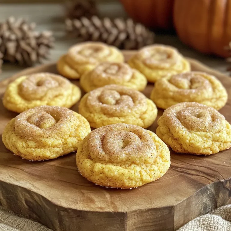 To make pumpkin spice snickerdoodle cookies, start with these key items: - 1 cup unsalted butter, softened - 1 cup granulated sugar - 1/2 cup brown sugar, packed - 1 cup pumpkin puree - 1 large egg - 1 teaspoon vanilla extract - 2 3/4 cups all-purpose flour - 2 teaspoons cream of tartar - 1 teaspoon baking soda - 1/2 teaspoon salt These ingredients create a soft and chewy cookie, rich in pumpkin flavor. The butter adds creaminess while the sugars give sweetness. Pumpkin puree provides moisture and a lovely fall taste. Spices are key in making these cookies special. You will need: - 1 teaspoon pumpkin pie spice (for the dough) - 1 tablespoon pumpkin pie spice (for rolling) - 1/4 cup granulated sugar (for rolling) Pumpkin pie spice adds warmth and depth. Rolling the dough balls in this mix gives each cookie a sweet, spiced crust. The sugar balances the flavors and adds a nice crunch. Feel free to get creative! Here are some fun add-ins: - Chocolate chips - Chopped nuts, like pecans or walnuts - Dried cranberries These add-ins can change the flavor and texture. Chocolate chips give a sweet surprise. Nuts add crunch, while cranberries bring a tart note. Adjust the mix-ins to match your taste for a fun twist! Start by preheating your oven to 350°F (175°C). This step is key for even baking. Next, line a baking sheet with parchment paper. This will keep your cookies from sticking. It also makes cleanup easy later on. In a large bowl, cream together the softened butter, granulated sugar, and brown sugar. Mix until it looks light and fluffy. This should take about two to three minutes. Then, add in the pumpkin puree, egg, and vanilla extract. Stir until everything is well blended. In another bowl, whisk together the flour, cream of tartar, baking soda, pumpkin pie spice, and salt. This helps mix the dry ingredients evenly. Gradually add this dry mix to the wet ingredients, stirring just until combined. Be careful not to over-mix, or your cookies could turn out tough. Now it's time to prepare the spiced sugar. In a small bowl, mix the 1/4 cup of granulated sugar with 1 tablespoon of pumpkin pie spice. This will add a nice flavor to your cookies. Using a cookie scoop or tablespoon, portion out the dough. Roll each piece into a ball, about 1.5 inches in diameter. Then, roll each ball in the spiced sugar until it is well coated. Place the dough balls on the baking sheet, leaving space between each one. They will spread while baking. Bake in your preheated oven for 10 to 12 minutes. Look for golden edges. The centers might look a bit underbaked, but they will firm up as they cool. After baking, let the cookies sit on the baking sheet for about 5 minutes. Then, transfer them to a wire rack to cool completely. Enjoy the warm, cozy scent filling your kitchen! To get the best texture, start with softened butter. Cream it well with both sugars. This step makes your cookies light and fluffy. When mixing dry ingredients, be gentle. Over-mixing can lead to a tough cookie. I suggest using a cookie scoop for even sizes. This helps them bake evenly and look nice. One common mistake is skipping the chilling step. If your dough is too warm, the cookies spread too much. Always leave space on the baking sheet. Cookies need room to grow. Don't worry if they look a bit underbaked. They will firm up as they cool. Lastly, avoid using too much flour. Measuring accurately is key for the right dough consistency. Use high-quality pumpkin puree for a richer taste. Fresh pumpkin can work, but it may alter the texture. Don’t skip the pumpkin pie spice; it gives that signature fall flavor. Rolling the cookies in spiced sugar adds an extra kick. If you want more flavor, try adding chopped nuts or chocolate chips. These can give your cookies a fun twist. {{image_2}} You can easily make these cookies gluten-free. Use a gluten-free all-purpose flour blend. This blend replaces regular flour cup for cup. Just be sure it contains xanthan gum or add 1/2 teaspoon. This helps bind the dough. The cookies will still be soft and tasty! If you want dairy-free cookies, swap the butter for a vegan butter. Many brands work well in baking. You can also use coconut oil. Just make sure it's softened. For milk, use almond, soy, or oat milk instead. These swaps keep the cookies moist and delicious. You can get creative with flavors! Try adding chocolate chips to the dough. White chocolate chips or butterscotch chips also work well. For a nutty twist, mix in chopped pecans or walnuts. If you love caramel, add small caramel bits. These changes will give your cookies a fun spin! To keep your pumpkin spice snickerdoodle cookies fresh, store them in an airtight container. Line the bottom of the container with parchment paper. This helps absorb moisture and keeps the cookies crisp. Place a layer of cookies in the container, adding parchment between layers. Store at room temperature for up to one week. For longer freshness, keep them in the fridge. They will last for about two weeks in the fridge. Freezing cookies is simple and a great way to save them for later. First, let the cookies cool completely after baking. Then, place them in a single layer on a baking sheet. Freeze them for about one hour. Once frozen, transfer the cookies to a freezer-safe bag or container. Remove as much air as possible before sealing. These cookies can stay frozen for up to three months. When ready to enjoy, thaw them in the fridge or at room temperature. To bring back the warmth of your cookies, preheat the oven to 350°F (175°C). Place the cookies on a baking sheet and heat for about 5-7 minutes. This step makes them soft and fresh again. If you prefer, you can use a microwave. Heat each cookie for about 15-20 seconds. This method is quick but may make the cookies a bit chewy. Enjoy your delightful pumpkin spice snickerdoodle cookies! Pumpkin spice snickerdoodle cookies stay fresh for about one week. Store them in an airtight container at room temperature. If you want them to last longer, store them in the fridge. They stay good for up to two weeks there. You can also freeze them for up to three months. Just make sure to wrap them well. This keeps them soft and tasty. You can use fresh pumpkin, but it takes more work. First, cook the pumpkin until it is soft. Then, scoop out the flesh and mash it. Make sure to remove all the water. Too much water will make your cookies soggy. If you use fresh pumpkin, you need about one and a half cups. This will replace the one cup of pumpkin puree in the recipe. If you don't have cream of tartar, you can use baking powder. Use one and a half teaspoons of baking powder instead of two teaspoons of cream of tartar. Another option is to use lemon juice or white vinegar. Use one teaspoon of either for each teaspoon of cream of tartar. These substitutes help keep your cookies soft and puffy. In this blog post, I covered all you need to know about pumpkin spice snickerdoodle cookies. We explored key ingredients, shared step-by-step instructions, and highlighted tips for perfect results. You learned about tasty variations and how to properly store your cookies. To sum up, baking these cookies is fun and rewarding. With practice, you can create your own delicious twist. Enjoy trying different flavors, and remember to keep experimenting!