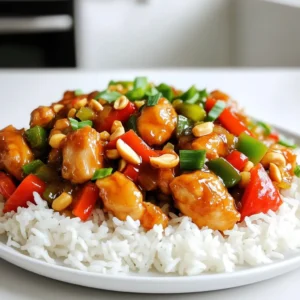 - 1 pound boneless, skinless chicken breasts - 1 red bell pepper, diced - 1 green bell pepper, diced - 1 medium onion, chopped - 3 cloves garlic, minced - 1-inch piece of ginger, minced - 2 tablespoons cornstarch - 2 tablespoons vegetable oil - 1/2 cup unsalted peanuts - 2 tablespoons soy sauce - 1 tablespoon rice vinegar - 2 tablespoons hoisin sauce - 1 tablespoon chili paste (adjust to taste) - 2 green onions, sliced (for garnish) - Salt and pepper to taste I love using fresh ingredients in my cooking. They make all the difference. For this Kung Pao chicken, start with 1 pound of boneless, skinless chicken breasts. Dice them into small pieces. This way, they cook evenly and soak up the sauce. Next, grab your colorful veggies. You will need a red bell pepper and a green bell pepper. Dicing them adds a nice crunch. Add a medium onion as well. Chop it into small pieces to help it cook quickly. Don't forget the aromatics! Mince 3 cloves of garlic and 1-inch piece of ginger. These will add a warm, spicy kick to your dish. For the sauce, combine 2 tablespoons of soy sauce, 1 tablespoon of rice vinegar, and 2 tablespoons of hoisin sauce. Add 1 tablespoon of chili paste to bring in some heat. Adjust the chili paste to your taste. Lastly, you’ll need 2 tablespoons of cornstarch to coat the chicken. This will help make it crispy. You'll also use 2 tablespoons of vegetable oil to cook everything. Top the dish with 1/2 cup of unsalted peanuts and 2 sliced green onions for garnish. With these ingredients, you're ready to create a dish that is better than takeout! First, cut the chicken into bite-sized pieces. Then, place them in a bowl. Add 2 tablespoons of cornstarch, salt, and pepper. Toss everything until the chicken is evenly coated. This coating helps give the chicken a crispy texture. For the best results, let it sit for a few minutes before cooking. This allows the cornstarch to stick better. Heat 1 tablespoon of vegetable oil in a large skillet over medium-high heat. Once the oil is hot, add the chicken. Stir-fry for about 5 to 7 minutes. You want the chicken to turn golden brown and be fully cooked. After that, remove the chicken from the skillet and set it aside. This step is key. If you leave the chicken in, the veggies won't cook right. In the same skillet, add another tablespoon of oil. Now, toss in the chopped onion, red bell pepper, and green bell pepper. Stir-fry these for about 3 to 4 minutes. You want them to be slightly tender, but not mushy. Then, add the minced garlic and ginger. Cook these for another minute to get the flavor out. In a small bowl, mix 2 tablespoons of soy sauce, 1 tablespoon of rice vinegar, 2 tablespoons of hoisin sauce, and 1 tablespoon of chili paste. This sauce adds great depth to your dish. Feel free to adjust the chili paste if you want it spicier or milder. Return the cooked chicken to the skillet. Pour the sauce over the chicken and veggies. Stir everything together well, making sure the chicken is nicely coated. Add in the unsalted peanuts and stir again until they are heated through. Cook for an extra 2 to 3 minutes to let the sauce thicken a bit. For a great presentation, serve your Kung Pao Chicken over a bed of steamed jasmine rice. Top it with extra peanuts and sliced green onions for color. This makes the dish look appetizing and inviting. You can also serve it with a side of steamed broccoli or a fresh salad for a complete meal. To get that perfect crispy coating, coat the chicken well with cornstarch. This will help it fry up nice and crunchy. If you have a lot of chicken, cook it in batches. This way, the chicken fries evenly and stays crispy. If you crowd the pan, it will steam instead of fry. For extra flavor, try adding a pinch of red pepper flakes or a dash of sesame oil. Both will give the dish a nice kick. Balance the heat with sweetness. You can add a bit more hoisin sauce to make it sweeter, which pairs well with the spice. A good wok or a large skillet works best for stir-frying. The high sides help keep everything contained. Use a spatula or wooden spoon for stirring. These tools make it easy to toss the chicken and veggies together. Make sure your pan is hot before adding the chicken to get that nice sear! {{image_2}} You can swap chicken for other proteins. Tofu, shrimp, and beef work well. - Tofu: Use firm or extra-firm tofu for a good texture. - Shrimp: Cook shrimp for 2-3 minutes until they turn pink. - Beef: Thinly slice beef and stir-fry for about 3-4 minutes. Each protein cooks at a different speed. Adjust your cooking time based on what you choose. If you want a vegan dish, replace chicken with plant-based proteins. Tofu is a great choice. - Tempeh: This works well for a nutty flavor. - Seitan: It has a chewy texture similar to meat. When using plant-based proteins, adjust the sauce. You might want to add more soy sauce or hoisin sauce for extra flavor. You can change the spice level in your Kung Pao Chicken. This way, you can make it milder or spicier. - Less Spice: Use less chili paste or leave it out. - More Spice: Add more chili paste or try fresh chili peppers. You can also use spicy ingredients like Sriracha or crushed red pepper flakes. Taste as you go to find your perfect heat level. To store your leftover Kung Pao Chicken, let it cool first. Place it in an airtight container. This will keep it fresh longer. In the fridge, your dish stays good for 3 to 4 days. Make sure to label the container with the date. This way, you'll know when to eat it. Freezing Kung Pao Chicken is easy. First, let it cool completely. Then, transfer it to a freezer-safe bag or container. Remove as much air as you can before sealing. This helps prevent freezer burn. Your Kung Pao Chicken can last in the freezer for up to 3 months. When you are ready to eat, thaw it in the fridge overnight. For reheating, use the stove or microwave. Add a splash of water or broth to keep it moist. You can prepare Kung Pao Chicken in advance for busy days. Cook a big batch during the weekend. Divide it into smaller portions for easy meals. Store them in individual containers. This makes reheating simple. Just pop them in the microwave or reheat on the stove. Pair it with fresh rice or veggies for a complete meal. To lower the spice, reduce the chili paste. Start with one teaspoon instead of one tablespoon. You can also add more sauce ingredients like soy sauce or hoisin sauce. This balances the heat with sweetness. If you want more flavor, add extra garlic or ginger. They add depth without heat. Yes, you can use frozen chicken. Just thaw it first. The best way is to leave it in the fridge overnight. If you're in a hurry, use the microwave. Be sure to drain any extra water. This way, the chicken cooks evenly and stays juicy. Kung Pao Chicken pairs well with steamed jasmine rice. You can also serve it with fried rice or noodles. For a crunchy side, try a fresh cucumber salad. It adds a nice contrast to the dish. Another option is to serve it with spring rolls for extra flavor. To keep the chicken moist, don’t overcook it. Stir-fry until golden brown, then remove it from the heat. This helps the chicken stay juicy. Also, coat it in cornstarch before cooking. This gives a nice crust and keeps moisture inside. Yes, you can make Kung Pao Chicken gluten-free. Use gluten-free soy sauce instead of regular soy sauce. Check the hoisin sauce for gluten as well. Many brands offer gluten-free options. Always read labels to ensure your ingredients are safe. You now have a complete guide to making Kung Pao Chicken. We covered key ingredients like chicken, veggies, and sauces. The step-by-step instructions showed how to achieve the perfect texture and flavor. You also learned variations, storage tips, and answers to common questions. This dish is not only delicious but can be tailored to your needs. Try different proteins or adjust the spice level for a personal touch. Enjoy your cooking journey, and make this recipe your own!