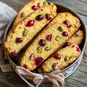 To make tasty cranberry pistachio biscotti, you need: - 1 ¾ cups all-purpose flour - 1 teaspoon baking powder - ¼ teaspoon salt - ½ cup unsalted butter, softened - ¾ cup granulated sugar - 2 large eggs - 1 teaspoon vanilla extract - ½ cup dried cranberries, chopped - ½ cup unsalted pistachios, roughly chopped - Zest of 1 orange Each ingredient plays a key role in the final taste and texture. The flour gives structure, while butter adds rich flavor. Sugar sweetens the biscotti, and eggs help bind everything together. When choosing ingredients, freshness is key. Here are some tips: - Butter: Pick unsalted butter. It gives you more control over the salt in your recipe. - Flour: Check the expiration date. Fresh flour yields better results. - Cranberries: Look for bright, plump dried cranberries. They add flavor and moisture. - Pistachios: Buy them unsalted and raw for the best taste. You want your biscotti to shine, and fresh ingredients help achieve that! If you lack an ingredient, don’t worry! Here are some easy swaps: - Butter: Use coconut oil or margarine if you need a dairy-free option. - Sugar: Substitute with brown sugar for a deeper flavor. - Cranberries: Raisins or chopped apricots work well in a pinch. - Pistachios: Almonds or walnuts can replace pistachios if needed. These substitutes keep your biscotti delicious while fitting your needs. Start by gathering all your ingredients. You will need: - 1 ¾ cups all-purpose flour - 1 teaspoon baking powder - ¼ teaspoon salt - ½ cup unsalted butter, softened - ¾ cup granulated sugar - 2 large eggs - 1 teaspoon vanilla extract - ½ cup dried cranberries, chopped - ½ cup unsalted pistachios, roughly chopped - Zest of 1 orange Next, preheat your oven to 350°F (175°C). Line a baking sheet with parchment paper. This keeps your biscotti from sticking and makes cleanup easy. In a medium bowl, mix the flour, baking powder, and salt. This keeps your dry ingredients ready. In a large bowl, cream together the softened butter and sugar until the mix is light and fluffy. This step is key for a good texture. Next, beat in the eggs one at a time. Make sure to mix well after each egg. Then stir in the vanilla and orange zest for extra flavor. Now, gradually add the flour mix to the wet ingredients. Keep mixing until just combined. You want a thick dough. Fold in the chopped cranberries and pistachios. This adds crunch and sweetness to your biscotti. With floured hands, divide the dough in half. Shape each half into a log, about 14 inches long and 2 inches wide. Place the logs on the prepared baking sheet. Bake them in the oven for 25 to 30 minutes, or until golden brown. Once baked, remove the logs from the oven and let them cool for 10 minutes. This step is important for easier slicing. After cooling, reduce the oven temperature to 325°F (160°C). Carefully move the logs to a cutting board. Use a sharp knife to slice them diagonally into ½ inch thick pieces. Arrange the slices cut-side down on the baking sheet. Bake again for 10 to 15 minutes until they are crisp and golden. Finally, allow the biscotti to cool completely on a wire rack before serving. Enjoy their delightful crunch with a warm drink! To get the right biscotti texture, follow these steps: - Use room-temperature butter. This helps it blend well with sugar. - Cream the butter and sugar until light and fluffy. This adds air to the dough. - Do not overmix the dough. Mix until ingredients just come together. - Shape dough logs evenly. Aim for 14 inches long and 2 inches wide. - Bake until golden brown. This ensures a crisp, crunchy treat. The second bake is key for crispness. Slice the logs while warm. This helps prevent crumbling. To keep your biscotti fresh: - Store them in an airtight container. This keeps moisture out. - Keep them at room temperature. They last longer this way. - Avoid stacking them to prevent breakage. Lay them flat or in a single layer. For gifts, present them in a decorative tin. This adds charm and helps with freshness. If your biscotti don't turn out right, here are some tips: - If they are too hard, bake them for less time. You want a nice crunch, not rock hard. - If they crumble when slicing, let them cool longer. They need to set. - If they spread too much, check your oven temperature. An oven that's too hot can cause spreading. Always trust your instincts while baking. Adjust as needed to get your ideal biscotti. {{image_2}} You can change up the flavors in your cranberry pistachio biscotti. Try adding chopped chocolate for a sweet twist. Dark chocolate pairs well with cranberries. You can also swap pistachios for almonds or walnuts for a different crunch. If you like spices, add a pinch of cinnamon or nutmeg. Lemon zest can replace orange zest for a fresh taste. Each change creates a unique treat. If you need a gluten-free version, use a gluten-free flour blend. Many blends work well in baking. For nut-free biscotti, simply leave out the pistachios. You can add sunflower seeds or pumpkin seeds instead. These seeds add crunch without the nuts. Make sure to check labels for hidden allergens in your ingredients. Serve your biscotti in fun ways. Place them in a pretty jar for gifts. They look lovely in a decorative tin. Pair them with coffee or tea for a delightful snack. You can also dip them in melted chocolate for an extra treat. Try serving with a fruit compote for a sweet contrast. Each serving idea makes your biscotti stand out. To keep your cranberry pistachio biscotti fresh, store them in an airtight container. This method helps maintain their crunch. Choose a cool, dry place away from sunlight. If you have a lot, use layers of parchment paper between the biscotti. This will prevent them from sticking together. Freezing biscotti is a great way to keep them fresh for longer. First, let the biscotti cool completely. Then, wrap each piece in plastic wrap. Place them in a freezer bag or an airtight container. You can freeze them for up to three months. When you’re ready to eat, just thaw them at room temperature. You can also warm them in the oven for a few minutes for that fresh-baked taste. Homemade biscotti can last up to two weeks at room temperature. If stored in an airtight container, they will stay crisp. If you freeze them, they can last up to three months without losing flavor. Remember to check for any signs of spoilage, like softening or off smells. Enjoy your biscotti when they’re at their best! Biscotti began in Italy. They are a type of dry, twice-baked cookie. Many people love them for their crunchy texture. They are perfect for dipping in coffee or tea. The word "biscotti" means "twice-baked" in Italian. Ancient Romans made a similar treat for soldiers. They wanted a snack that would last. Today, many recipes include nuts, fruits, and spices. Yes, you can use different nuts or dried fruits. Almonds and walnuts work well in biscotti. For dried fruits, raisins or apricots are great choices too. Mix and match to find your favorite flavors. Just keep the amounts the same as in the recipe. This way, your biscotti will still have the right texture. To tell if your biscotti is done, look for a golden color. The logs should feel firm to the touch. You can also do a toothpick test. Insert a toothpick into the center; it should come out clean. After the second bake, the slices should be crisp and golden. If they are still soft, bake them a bit longer. Enjoy the process and the delightful smell in your kitchen! In this blog post, I covered key ingredients and tips for perfect biscotti. You learned how to choose fresh items, make substitutes, and follow clear steps for baking. We explored ways to get the best texture, store your biscotti, and fix common problems. You also discovered fun flavor twists and dietary options. Biscotti is easy to make and fun to share. With these tips, you can enjoy baked goodies anytime. Now, get baking and enjoy your delicious creations!
