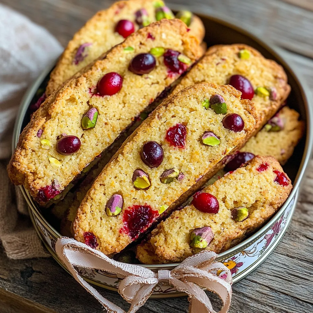 To make tasty cranberry pistachio biscotti, you need: - 1 ¾ cups all-purpose flour - 1 teaspoon baking powder - ¼ teaspoon salt - ½ cup unsalted butter, softened - ¾ cup granulated sugar - 2 large eggs - 1 teaspoon vanilla extract - ½ cup dried cranberries, chopped - ½ cup unsalted pistachios, roughly chopped - Zest of 1 orange Each ingredient plays a key role in the final taste and texture. The flour gives structure, while butter adds rich flavor. Sugar sweetens the biscotti, and eggs help bind everything together. When choosing ingredients, freshness is key. Here are some tips: - Butter: Pick unsalted butter. It gives you more control over the salt in your recipe. - Flour: Check the expiration date. Fresh flour yields better results. - Cranberries: Look for bright, plump dried cranberries. They add flavor and moisture. - Pistachios: Buy them unsalted and raw for the best taste. You want your biscotti to shine, and fresh ingredients help achieve that! If you lack an ingredient, don’t worry! Here are some easy swaps: - Butter: Use coconut oil or margarine if you need a dairy-free option. - Sugar: Substitute with brown sugar for a deeper flavor. - Cranberries: Raisins or chopped apricots work well in a pinch. - Pistachios: Almonds or walnuts can replace pistachios if needed. These substitutes keep your biscotti delicious while fitting your needs. Start by gathering all your ingredients. You will need: - 1 ¾ cups all-purpose flour - 1 teaspoon baking powder - ¼ teaspoon salt - ½ cup unsalted butter, softened - ¾ cup granulated sugar - 2 large eggs - 1 teaspoon vanilla extract - ½ cup dried cranberries, chopped - ½ cup unsalted pistachios, roughly chopped - Zest of 1 orange Next, preheat your oven to 350°F (175°C). Line a baking sheet with parchment paper. This keeps your biscotti from sticking and makes cleanup easy. In a medium bowl, mix the flour, baking powder, and salt. This keeps your dry ingredients ready. In a large bowl, cream together the softened butter and sugar until the mix is light and fluffy. This step is key for a good texture. Next, beat in the eggs one at a time. Make sure to mix well after each egg. Then stir in the vanilla and orange zest for extra flavor. Now, gradually add the flour mix to the wet ingredients. Keep mixing until just combined. You want a thick dough. Fold in the chopped cranberries and pistachios. This adds crunch and sweetness to your biscotti. With floured hands, divide the dough in half. Shape each half into a log, about 14 inches long and 2 inches wide. Place the logs on the prepared baking sheet. Bake them in the oven for 25 to 30 minutes, or until golden brown. Once baked, remove the logs from the oven and let them cool for 10 minutes. This step is important for easier slicing. After cooling, reduce the oven temperature to 325°F (160°C). Carefully move the logs to a cutting board. Use a sharp knife to slice them diagonally into ½ inch thick pieces. Arrange the slices cut-side down on the baking sheet. Bake again for 10 to 15 minutes until they are crisp and golden. Finally, allow the biscotti to cool completely on a wire rack before serving. Enjoy their delightful crunch with a warm drink! To get the right biscotti texture, follow these steps: - Use room-temperature butter. This helps it blend well with sugar. - Cream the butter and sugar until light and fluffy. This adds air to the dough. - Do not overmix the dough. Mix until ingredients just come together. - Shape dough logs evenly. Aim for 14 inches long and 2 inches wide. - Bake until golden brown. This ensures a crisp, crunchy treat. The second bake is key for crispness. Slice the logs while warm. This helps prevent crumbling. To keep your biscotti fresh: - Store them in an airtight container. This keeps moisture out. - Keep them at room temperature. They last longer this way. - Avoid stacking them to prevent breakage. Lay them flat or in a single layer. For gifts, present them in a decorative tin. This adds charm and helps with freshness. If your biscotti don't turn out right, here are some tips: - If they are too hard, bake them for less time. You want a nice crunch, not rock hard. - If they crumble when slicing, let them cool longer. They need to set. - If they spread too much, check your oven temperature. An oven that's too hot can cause spreading. Always trust your instincts while baking. Adjust as needed to get your ideal biscotti. {{image_2}} You can change up the flavors in your cranberry pistachio biscotti. Try adding chopped chocolate for a sweet twist. Dark chocolate pairs well with cranberries. You can also swap pistachios for almonds or walnuts for a different crunch. If you like spices, add a pinch of cinnamon or nutmeg. Lemon zest can replace orange zest for a fresh taste. Each change creates a unique treat. If you need a gluten-free version, use a gluten-free flour blend. Many blends work well in baking. For nut-free biscotti, simply leave out the pistachios. You can add sunflower seeds or pumpkin seeds instead. These seeds add crunch without the nuts. Make sure to check labels for hidden allergens in your ingredients. Serve your biscotti in fun ways. Place them in a pretty jar for gifts. They look lovely in a decorative tin. Pair them with coffee or tea for a delightful snack. You can also dip them in melted chocolate for an extra treat. Try serving with a fruit compote for a sweet contrast. Each serving idea makes your biscotti stand out. To keep your cranberry pistachio biscotti fresh, store them in an airtight container. This method helps maintain their crunch. Choose a cool, dry place away from sunlight. If you have a lot, use layers of parchment paper between the biscotti. This will prevent them from sticking together. Freezing biscotti is a great way to keep them fresh for longer. First, let the biscotti cool completely. Then, wrap each piece in plastic wrap. Place them in a freezer bag or an airtight container. You can freeze them for up to three months. When you’re ready to eat, just thaw them at room temperature. You can also warm them in the oven for a few minutes for that fresh-baked taste. Homemade biscotti can last up to two weeks at room temperature. If stored in an airtight container, they will stay crisp. If you freeze them, they can last up to three months without losing flavor. Remember to check for any signs of spoilage, like softening or off smells. Enjoy your biscotti when they’re at their best! Biscotti began in Italy. They are a type of dry, twice-baked cookie. Many people love them for their crunchy texture. They are perfect for dipping in coffee or tea. The word "biscotti" means "twice-baked" in Italian. Ancient Romans made a similar treat for soldiers. They wanted a snack that would last. Today, many recipes include nuts, fruits, and spices. Yes, you can use different nuts or dried fruits. Almonds and walnuts work well in biscotti. For dried fruits, raisins or apricots are great choices too. Mix and match to find your favorite flavors. Just keep the amounts the same as in the recipe. This way, your biscotti will still have the right texture. To tell if your biscotti is done, look for a golden color. The logs should feel firm to the touch. You can also do a toothpick test. Insert a toothpick into the center; it should come out clean. After the second bake, the slices should be crisp and golden. If they are still soft, bake them a bit longer. Enjoy the process and the delightful smell in your kitchen! In this blog post, I covered key ingredients and tips for perfect biscotti. You learned how to choose fresh items, make substitutes, and follow clear steps for baking. We explored ways to get the best texture, store your biscotti, and fix common problems. You also discovered fun flavor twists and dietary options. Biscotti is easy to make and fun to share. With these tips, you can enjoy baked goodies anytime. Now, get baking and enjoy your delicious creations!