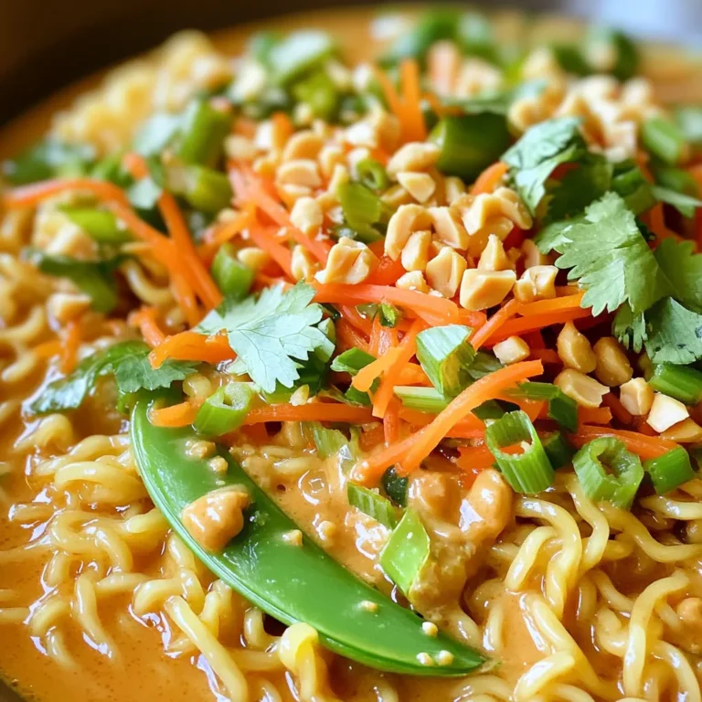 - 2 packs of instant ramen noodles - 1/2 cup creamy peanut butter - 2 tablespoons soy sauce - 1 tablespoon sriracha - 1 tablespoon honey or maple syrup - 1 tablespoon sesame oil - 1 teaspoon rice vinegar - 1/2 cup shredded carrots - 1/2 cup snap peas, trimmed - 3 green onions, chopped You need just a few simple items to make this tasty dish. Start with instant ramen noodles. These noodles cook fast and are easy to find. Next, grab creamy peanut butter. It gives the sauce a rich and smooth texture. Soy sauce adds saltiness. It brings out the flavors in the dish. For heat, you’ll want sriracha. This sauce can be adjusted. More sriracha means more spice! Optional ingredients add a twist. Honey or maple syrup sweetens the sauce a bit. Sesame oil gives a nutty flavor. Rice vinegar adds a nice tang. You can pick and choose what you like. Fresh add-ins make the dish colorful. Shredded carrots add crunch and sweetness. Snap peas give a fresh taste. Chopped green onions add a burst of flavor. These ingredients work together. They create a quick meal that is also fun to make! To prepare the instant ramen noodles, boil water in a pot. Add the noodles and cook for about 3-4 minutes. Stir them gently to avoid clumping. When they are tender, drain the noodles and set them aside. For perfect noodle texture, do not overcook them. This keeps them firm and chewy. In a medium bowl, whisk together the creamy peanut butter, soy sauce, sriracha, sesame oil, honey, rice vinegar, and water. Mix until smooth and well combined. If the sauce is too thick, add more water to get the right consistency. You want it creamy but pourable to coat the noodles perfectly. In a large mixing bowl, combine the cooked ramen noodles, shredded carrots, and snap peas. Pour the peanut sauce over the noodles and veggies. Toss everything together until well coated with sauce. For garnish, serve in bowls topped with chopped green onions, crushed peanuts, and fresh cilantro. This adds color and extra flavor to your dish. To make your Minute Spicy Thai Peanut Ramen just right, adjust the spice level with sriracha. Start with one tablespoon. If you like it spicier, add more. You can also balance the heat with honey or maple syrup. This sweetness will enhance the flavors. Consider adding more ingredients for extra taste. Shredded carrots and snap peas add crunch. You can toss in vegetables like bell peppers or broccoli. This will make your dish more colorful and nutritious. Preparing ingredients in advance can save time. Chop your veggies the night before. You can even mix the peanut sauce ahead. Just store it in the fridge. Cooking in bulk is a smart move. Make a larger batch of ramen on the weekend. Store in the fridge. This way, you can have quick meals ready for busy days. Pair your ramen with sides or beverages. A light salad or spring rolls go well. For drinks, try iced tea or coconut water. These will complement the meal nicely. For a great presentation, serve in deep bowls. Top with green onions, crushed peanuts, and cilantro. This makes your dish look bright and inviting. Enjoy your creation! {{image_2}} You can add protein to Minute Spicy Thai Peanut Ramen easily. Chicken works great. Just cook it until it’s done, then slice it up. You can also use tofu. For a vegan option, choose firm tofu. Press it to remove extra water. Then, dice it and sauté until golden. Both options add flavor and nutrition. This dish is all about flavor. You can try different sauces if you want. For a zing, add lime juice or tamari. You can also mix in extra veggies. Try bell peppers, broccoli, or baby corn. Top with sesame seeds or chili flakes for an extra kick. Get creative and find what you like best! If you need gluten-free options, use rice noodles instead of ramen. They cook quickly and taste great. For nut-free adaptations, substitute the peanut butter with sunflower seed butter. This keeps the creaminess without nuts. Always check labels to ensure everything fits your diet. Enjoy your meal without worry! To keep your ramen fresh, store it in an airtight container. Place it in the fridge. Make sure to separate the noodles from the sauce if possible. This helps keep the noodles from getting soggy. For reheating, use a microwave or a stovetop. If using a microwave, heat in short bursts. Stir between each burst to ensure even heating. Yes, you can freeze peanut ramen! First, cool the ramen completely before packing it. Use freezer-safe containers or bags. When ready to eat, thaw the ramen in the fridge overnight. For reheating, warm it on the stove with a splash of water. This keeps the noodles moist and tasty. Cooked ramen lasts about 3 to 4 days in the fridge. Look for signs of spoilage. If the noodles smell off or change color, it’s best to toss them. Always trust your senses. If it looks or smells bad, don’t eat it. Can I use other types of noodles? Yes, you can use other noodles. Rice noodles or whole wheat noodles work well. Just adjust cooking time as needed. If you use fresh noodles, cooking time may be shorter. How to make the sauce spicier? To make the sauce spicier, add more sriracha. You can also mix in chili flakes or fresh sliced chili peppers. Start with a little, then taste it. Adjust until it’s just right for you. Is this recipe suitable for meal prep? Yes, this recipe is great for meal prep. You can cook noodles and sauce in advance. Store them separately in containers. Just mix them before eating to keep things fresh. What common mistakes to avoid? One common mistake is overcooking the noodles. Follow the package instructions closely. Also, be careful not to skip the rinsing. Rinsing helps keep noodles from clumping together. How to store fresh vegetables used in the recipe? Store fresh vegetables in the fridge. Keep them in a sealed bag or container. This keeps them crunchy and fresh. Use them within a few days for the best taste. Caloric content of the recipe This recipe has about 600 calories per serving. The calorie count can vary based on the peanut butter and noodles you choose. Health benefits of ingredients used Peanut butter adds protein and healthy fats. Carrots give you vitamins and fiber. Snap peas add crunch and more vitamins. This meal is tasty and nutritious! This blog post explored a tasty peanut ramen dish. It covered key ingredients like noodles, peanut butter, and soy sauce. I shared tips for cooking noodles and making peanut sauce. You can also customize the recipe with various proteins and add-ins. Meal prep options make this dish quick and easy. Remember, ramen is versatile and fun. Try different flavors and ingredients to suit your taste. Enjoy creating your own delicious variations!