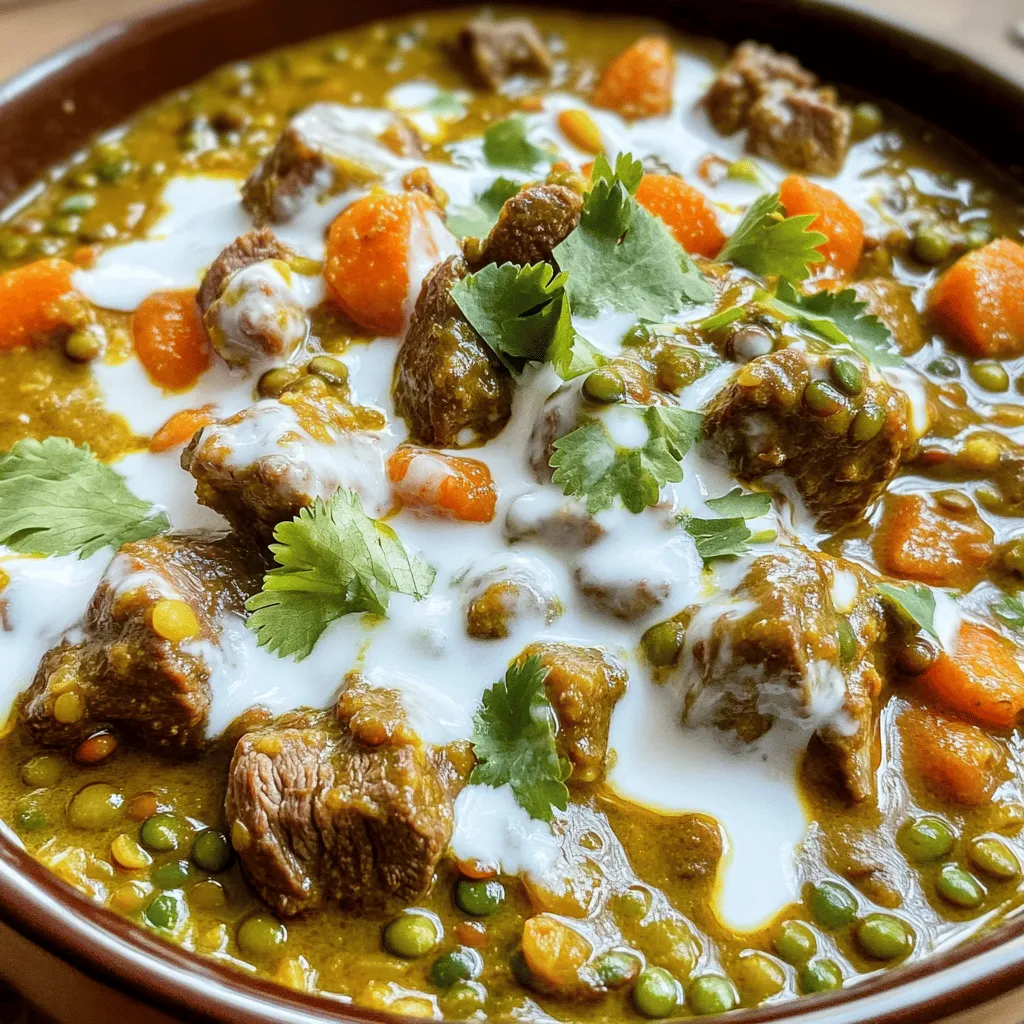For a rich and tasty slow cooker beef and lentil curry, gather these main ingredients: - 1.5 lbs boneless beef chuck, cut into 1-inch pieces - 1 cup dried green or brown lentils, rinsed - 1 large onion, finely chopped - 4 cloves garlic, minced - 1 tablespoon ginger, grated - 2 medium carrots, diced - 2 medium tomatoes, diced - 1 can (14 oz) coconut milk - 2 cups vegetable or beef broth Salt and pepper to taste Each ingredient adds its own layer of flavor. The beef gives a hearty base, while lentils add texture and nutrition. The onion, garlic, and ginger create a fragrant foundation. To make your curry pop, don’t forget these spices: - 2 tablespoons curry powder - 1 teaspoon ground cumin - 1 teaspoon turmeric - 1 teaspoon coriander - 1 tablespoon olive oil These spices bring warmth and depth. Curry powder gives a bold kick. Cumin adds earthiness, while turmeric gives a lovely color and health benefits. Coriander rounds out the flavors, making each bite exciting. To finish your dish and add freshness, consider these garnishes: - Fresh cilantro A sprinkle of cilantro on top brightens the dish. It adds color and a burst of flavor. You could also add a squeeze of lime if you like a tangy twist. Enjoy the layers of taste in every spoonful! First, heat olive oil in a skillet on medium heat. Add the chopped onion and sauté it for about five minutes. You want the onion to become soft and clear. Next, add minced garlic and grated ginger. Stir this mix for one more minute. This step fills your kitchen with a lovely aroma. Now, transfer the sautéed onion mix into your slow cooker. Add the diced beef, rinsed lentils, diced carrots, and tomatoes. Pour in the coconut milk and add the spices: curry powder, ground cumin, turmeric, and coriander. Finally, add the broth. Season it with salt and pepper. Stir well to mix everything together. Cover the slow cooker and set it to cook. You can choose low for 6 to 8 hours or high for 4 to 5 hours. The goal is to make the beef tender and cook the lentils well. When it's done, stir the curry. If you want a thicker curry, leave the lid off and cook on high for an extra 30 minutes. To get the best texture for your Slow Cooker Beef & Lentil Curry, choose the right beef cut. I recommend using boneless beef chuck. It becomes tender after hours in the slow cooker. Make sure to cut the beef into 1-inch pieces. This size helps it cook evenly. Rinsing the lentils is also key. It removes any dust or debris. Finally, if you want a thicker curry, leave the lid off for the last 30 minutes. It lets some liquid evaporate. You can easily adjust the spice level. If you prefer mild curry, use less curry powder and skip the heat. Add just a pinch of it at first. You can always add more later. For a spicy kick, try adding red chili flakes or cayenne pepper. Start with half a teaspoon and taste before adding more. This way, you can find the balance that suits you best. If you have a busy day, this curry is your friend. Prep it the night before. Chop the onions, garlic, and veggies, and store them in the fridge. You can even combine all other ingredients in the slow cooker. In the morning, just plug it in and set the timer. The aroma will greet you when you come home. It’s perfect for a family dinner after a long day. {{image_2}} You can easily make this dish vegetarian or vegan. Swap beef for hearty vegetables like mushrooms or eggplant. Use vegetable broth instead of beef broth. Lentils add protein and fiber, making this dish still filling and nutritious. You can also add chickpeas for extra texture and flavor. If you want a different protein, try chicken or turkey. Cut these into small pieces for even cooking. You may also use tofu for a plant-based option. Firm tofu works best, as it holds its shape well in the slow cooker. Adjust cooking times if you change the protein, as chicken cooks faster than beef. Feel free to get creative with spices. Add more curry powder for a bolder flavor. You can also try adding a pinch of cinnamon for warmth. For a kick, toss in some chopped chili peppers. If you like a sweeter touch, add a tablespoon of honey or maple syrup. Adjust these flavors to make the curry your own! After enjoying your meal, let the curry cool. Use airtight containers to store leftovers. Make sure to cover them well. You can keep the curry in the fridge for up to three days. This keeps it fresh and tasty for your next meal. To freeze your beef and lentil curry, use freezer-safe containers. Leave some space at the top. This allows for expansion as it freezes. Label the containers with dates to track freshness. The curry can last in the freezer for about three months. When you're ready to eat, just thaw it overnight in the fridge. When it’s time to reheat, you have options. You can use the stove or microwave. If using the stove, heat on low until warm. Stir it often to keep it from sticking. If using a microwave, use a safe container and cover it loosely. Heat in short bursts, stirring in between. This helps keep the flavors intact. Enjoy your delicious curry again! Yes, you can use different lentils. Green and brown lentils work best in this recipe. They hold their shape well during cooking. If you want a softer texture, you could try red lentils. However, red lentils cook faster and may break down more. Keep an eye on the cooking time if you choose them. To make this curry gluten-free, use gluten-free broth. Most vegetable and beef broths are gluten-free, but always check the label. The spices in this recipe are naturally gluten-free. So, you can enjoy this dish without worrying about gluten. This beef and lentil curry pairs well with rice or naan. You can serve it over basmati rice for a classic touch. Or, enjoy it with warm naan to soak up the sauce. A fresh salad or steamed veggies also make great sides. They add a nice crunch and balance to the meal. Slow cooker beef and lentil curry is simple and fun to make. We covered key ingredients, spices, and tips for the best results. You can adjust flavor and texture to suit your taste. Remember, this dish works well with many proteins and can fit different diets. Store leftovers properly to keep the taste fresh. Enjoying this meal can be easy, tasty, and rewarding. Dive into your cooking adventure with confidence!