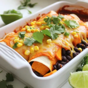 - 2 medium sweet potatoes - 1 can (15 oz) black beans - 1 cup corn kernels - 1 small onion - 2 cloves garlic - Spices: cumin, smoked paprika, chili powder - Corn tortillas - Enchilada sauce - Shredded cheese - Fresh cilantro and lime wedges To make sweet potato black bean enchiladas, you need fresh and simple ingredients. Sweet potatoes serve as the base. They add a naturally sweet taste. Black beans bring protein and fiber, making the dish hearty. Corn kernels add texture and a burst of flavor. You will also need a small onion and garlic for a strong aroma. The spices like cumin, smoked paprika, and chili powder create warmth and depth. Corn tortillas are essential for wrapping the filling. The enchilada sauce ties everything together with its rich flavor. Finally, shredded cheese melts beautifully on top, giving that gooey finish. Fresh cilantro and lime wedges will add a bright touch when serving. Each ingredient plays a key role in making these enchiladas a flavorful delight. Preheat your oven to 375°F (190°C). This step is key for even baking. While the oven warms, get your sweet potatoes ready. Boil water in a medium pot. Add the diced sweet potatoes and cook for about 10 minutes. You want them tender but not mushy. After cooking, drain and set them aside. Grab a skillet and add a tablespoon of olive oil over medium heat. Add the chopped onion and cook until soft, around 4 to 5 minutes. You want the onion to turn translucent. Next, add the minced garlic and cook for one more minute. This will fill your kitchen with a wonderful aroma. In a large bowl, mix the cooked sweet potatoes with one can of rinsed black beans and one cup of corn kernels. Add the sautéed onion and garlic. Sprinkle in one teaspoon of cumin, one teaspoon of smoked paprika, and half a teaspoon of chili powder. Season with salt and pepper to taste. Toss everything until well combined. The flavors will blend beautifully. To soften the corn tortillas, you have two options. You can wrap them in damp paper towels and microwave for 30 seconds. Alternatively, heat a skillet and fry each tortilla for about 10 seconds on each side. This makes them flexible and easy to roll without cracking. Take about 2 tablespoons of the sweet potato mixture and spoon it onto each tortilla. Roll them tightly and place them seam-side down in a greased baking dish. Repeat this process until all the filling is used up. You’ll see how colorful and fun they look! Now, pour the enchilada sauce evenly over the rolled enchiladas. Don't skimp on the sauce! Sprinkle one cup of shredded cheese on top. Cover the baking dish with aluminum foil and bake for 20 minutes. After that, remove the foil and bake for an additional 10 minutes. You want the cheese to be bubbly and golden. The smell will be irresistible! Softening corn tortillas is key for great enchiladas. You can use two easy methods. First, wrap the tortillas in damp paper towels and microwave them for about 30 seconds. This method keeps them moist and flexible. Second, heat a skillet over medium-high heat. Lightly fry each tortilla for about 10 seconds on each side. This makes them warm and pliable, helping to prevent cracks when you roll them. You can prepare these enchiladas ahead of time. Cook the filling and fill the tortillas. Before baking, place them in a greased dish and cover it tightly. You can store them in the fridge for up to two days. If you want to freeze them, wrap the dish well with foil and plastic wrap. They should last in the freezer for about a month. When ready to eat, bake directly from frozen, adding extra time to ensure they heat through. To boost the flavor, consider adding more spices. A pinch of cayenne pepper can add heat. You can also sprinkle some fresh lime juice over the top before serving for a bright taste. If you love toppings, try adding sliced avocado or dollops of sour cream. Fresh cilantro adds a beautiful touch and enhances the flavor. These simple extras can take your enchiladas from good to great! {{image_2}} You can change up the flavor by using different sauces. Here are some options: - Green enchilada sauce for a fresh taste. - Red enchilada sauce adds a classic flavor. - Salsa verde gives a tangy kick. - Chipotle sauce brings smoky heat. Try these sauces to find your favorite! Want more protein? Adding some is easy! Here are a few ideas: - Tofu works well if you want a meat-free meal. - Shredded chicken adds a hearty touch. - Ground turkey can give a leaner option. - Blackened shrimp brings a seafood twist. Mix these proteins into the filling for extra flavor. If you prefer vegan options, there are easy swaps to make: - Use nutritional yeast instead of cheese for a cheesy flavor. - Swap in vegan cheese for a creamy texture. - Replace the enchilada sauce with a vegan-friendly version. These changes keep the enchiladas tasty without animal products. To store leftovers, let the enchiladas cool first. Place them in an airtight container. Keep them in the fridge for up to three days. When ready to eat, you can enjoy them cold or warm. Freezing enchiladas is simple. Wrap each enchilada in plastic wrap. Then, place them in a freezer-safe bag or container. They can last up to three months. When you're ready to eat, let them thaw in the fridge overnight. Reheat enchiladas in the oven for best results. Preheat your oven to 350°F (175°C). Place the enchiladas in a baking dish and cover them with foil. Heat for about 20 minutes. If you prefer the microwave, place one or two on a plate. Heat for 1-2 minutes, checking to prevent drying out. Enjoy your tasty enchiladas! Yes, you can! If you don't have sweet potatoes, try butternut squash or zucchini. Both add a nice flavor and texture. For corn, you can swap in diced bell peppers or spinach. These options make the dish colorful and tasty. Just remember to adjust cooking times for the veggies you choose. Enchiladas pair well with many side dishes. You can serve them with: - Mexican rice - Refried beans - Fresh salad with lime dressing - Guacamole and tortilla chips These sides add crunch and freshness to your meal. They also help balance the rich flavors of the enchiladas. Making enchilada sauce is easy! Here’s a simple recipe: 1. In a pot, heat 2 tablespoons of olive oil. 2. Add 2 tablespoons of flour and stir for 1 minute. 3. Pour in 2 cups of vegetable broth. 4. Add 1 tablespoon of chili powder, 1 teaspoon of cumin, and salt to taste. 5. Stir and cook for about 10 minutes until it thickens. This homemade sauce gives your enchiladas a fresh, vibrant flavor. Enjoy! You learned how to make tasty enchiladas with sweet potatoes and black beans. We covered essential ingredients, step-by-step instructions, and helpful tips. Remember to soften your tortillas and store leftovers well. Explore different sauces, proteins, or vegan options to suit your taste. With these methods, you can enjoy delicious enchiladas anytime. Now, get cooking and share your tasty creations with others!