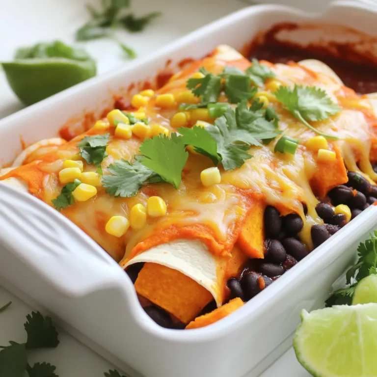 - 2 medium sweet potatoes - 1 can (15 oz) black beans - 1 cup corn kernels - 1 small onion - 2 cloves garlic - Spices: cumin, smoked paprika, chili powder - Corn tortillas - Enchilada sauce - Shredded cheese - Fresh cilantro and lime wedges To make sweet potato black bean enchiladas, you need fresh and simple ingredients. Sweet potatoes serve as the base. They add a naturally sweet taste. Black beans bring protein and fiber, making the dish hearty. Corn kernels add texture and a burst of flavor. You will also need a small onion and garlic for a strong aroma. The spices like cumin, smoked paprika, and chili powder create warmth and depth. Corn tortillas are essential for wrapping the filling. The enchilada sauce ties everything together with its rich flavor. Finally, shredded cheese melts beautifully on top, giving that gooey finish. Fresh cilantro and lime wedges will add a bright touch when serving. Each ingredient plays a key role in making these enchiladas a flavorful delight. Preheat your oven to 375°F (190°C). This step is key for even baking. While the oven warms, get your sweet potatoes ready. Boil water in a medium pot. Add the diced sweet potatoes and cook for about 10 minutes. You want them tender but not mushy. After cooking, drain and set them aside. Grab a skillet and add a tablespoon of olive oil over medium heat. Add the chopped onion and cook until soft, around 4 to 5 minutes. You want the onion to turn translucent. Next, add the minced garlic and cook for one more minute. This will fill your kitchen with a wonderful aroma. In a large bowl, mix the cooked sweet potatoes with one can of rinsed black beans and one cup of corn kernels. Add the sautéed onion and garlic. Sprinkle in one teaspoon of cumin, one teaspoon of smoked paprika, and half a teaspoon of chili powder. Season with salt and pepper to taste. Toss everything until well combined. The flavors will blend beautifully. To soften the corn tortillas, you have two options. You can wrap them in damp paper towels and microwave for 30 seconds. Alternatively, heat a skillet and fry each tortilla for about 10 seconds on each side. This makes them flexible and easy to roll without cracking. Take about 2 tablespoons of the sweet potato mixture and spoon it onto each tortilla. Roll them tightly and place them seam-side down in a greased baking dish. Repeat this process until all the filling is used up. You’ll see how colorful and fun they look! Now, pour the enchilada sauce evenly over the rolled enchiladas. Don't skimp on the sauce! Sprinkle one cup of shredded cheese on top. Cover the baking dish with aluminum foil and bake for 20 minutes. After that, remove the foil and bake for an additional 10 minutes. You want the cheese to be bubbly and golden. The smell will be irresistible! Softening corn tortillas is key for great enchiladas. You can use two easy methods. First, wrap the tortillas in damp paper towels and microwave them for about 30 seconds. This method keeps them moist and flexible. Second, heat a skillet over medium-high heat. Lightly fry each tortilla for about 10 seconds on each side. This makes them warm and pliable, helping to prevent cracks when you roll them. You can prepare these enchiladas ahead of time. Cook the filling and fill the tortillas. Before baking, place them in a greased dish and cover it tightly. You can store them in the fridge for up to two days. If you want to freeze them, wrap the dish well with foil and plastic wrap. They should last in the freezer for about a month. When ready to eat, bake directly from frozen, adding extra time to ensure they heat through. To boost the flavor, consider adding more spices. A pinch of cayenne pepper can add heat. You can also sprinkle some fresh lime juice over the top before serving for a bright taste. If you love toppings, try adding sliced avocado or dollops of sour cream. Fresh cilantro adds a beautiful touch and enhances the flavor. These simple extras can take your enchiladas from good to great! {{image_2}} You can change up the flavor by using different sauces. Here are some options: - Green enchilada sauce for a fresh taste. - Red enchilada sauce adds a classic flavor. - Salsa verde gives a tangy kick. - Chipotle sauce brings smoky heat. Try these sauces to find your favorite! Want more protein? Adding some is easy! Here are a few ideas: - Tofu works well if you want a meat-free meal. - Shredded chicken adds a hearty touch. - Ground turkey can give a leaner option. - Blackened shrimp brings a seafood twist. Mix these proteins into the filling for extra flavor. If you prefer vegan options, there are easy swaps to make: - Use nutritional yeast instead of cheese for a cheesy flavor. - Swap in vegan cheese for a creamy texture. - Replace the enchilada sauce with a vegan-friendly version. These changes keep the enchiladas tasty without animal products. To store leftovers, let the enchiladas cool first. Place them in an airtight container. Keep them in the fridge for up to three days. When ready to eat, you can enjoy them cold or warm. Freezing enchiladas is simple. Wrap each enchilada in plastic wrap. Then, place them in a freezer-safe bag or container. They can last up to three months. When you're ready to eat, let them thaw in the fridge overnight. Reheat enchiladas in the oven for best results. Preheat your oven to 350°F (175°C). Place the enchiladas in a baking dish and cover them with foil. Heat for about 20 minutes. If you prefer the microwave, place one or two on a plate. Heat for 1-2 minutes, checking to prevent drying out. Enjoy your tasty enchiladas! Yes, you can! If you don't have sweet potatoes, try butternut squash or zucchini. Both add a nice flavor and texture. For corn, you can swap in diced bell peppers or spinach. These options make the dish colorful and tasty. Just remember to adjust cooking times for the veggies you choose. Enchiladas pair well with many side dishes. You can serve them with: - Mexican rice - Refried beans - Fresh salad with lime dressing - Guacamole and tortilla chips These sides add crunch and freshness to your meal. They also help balance the rich flavors of the enchiladas. Making enchilada sauce is easy! Here’s a simple recipe: 1. In a pot, heat 2 tablespoons of olive oil. 2. Add 2 tablespoons of flour and stir for 1 minute. 3. Pour in 2 cups of vegetable broth. 4. Add 1 tablespoon of chili powder, 1 teaspoon of cumin, and salt to taste. 5. Stir and cook for about 10 minutes until it thickens. This homemade sauce gives your enchiladas a fresh, vibrant flavor. Enjoy! You learned how to make tasty enchiladas with sweet potatoes and black beans. We covered essential ingredients, step-by-step instructions, and helpful tips. Remember to soften your tortillas and store leftovers well. Explore different sauces, proteins, or vegan options to suit your taste. With these methods, you can enjoy delicious enchiladas anytime. Now, get cooking and share your tasty creations with others!