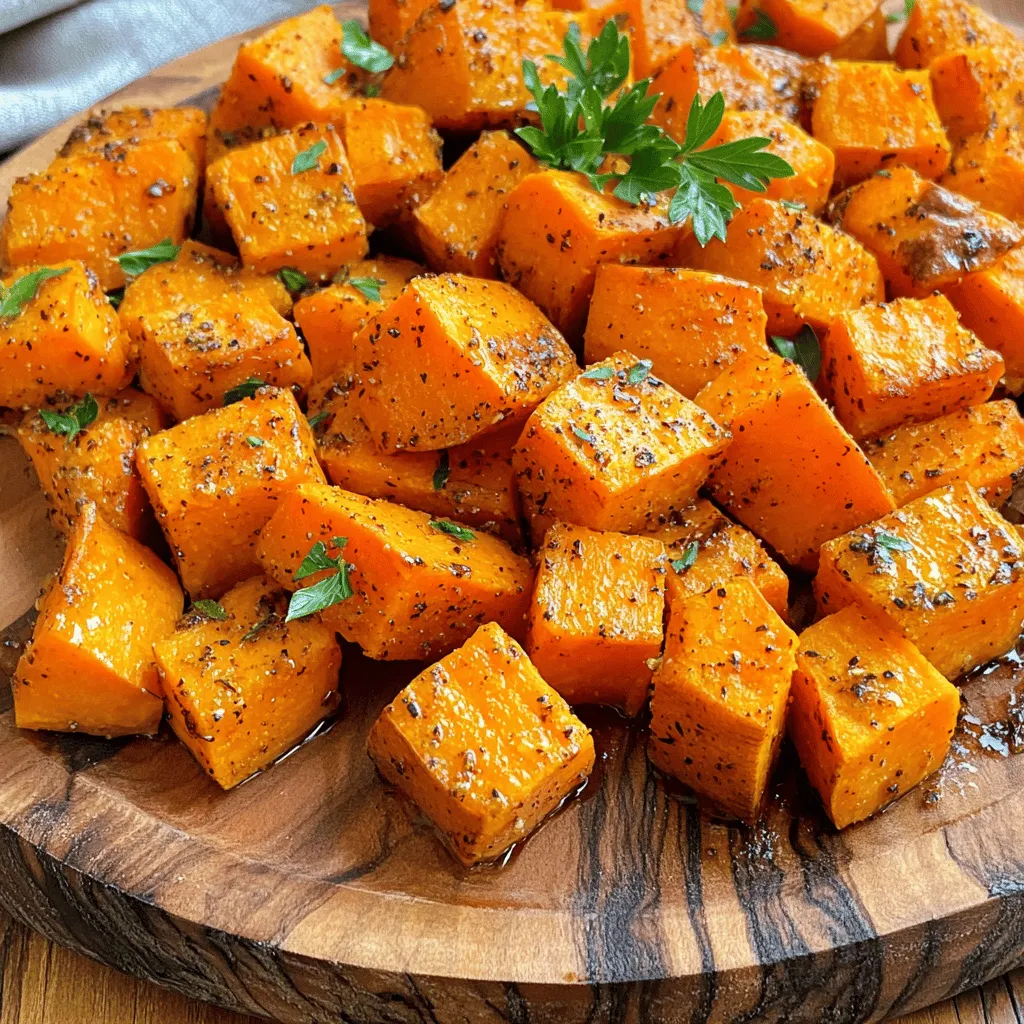 - 4 medium sweet potatoes, peeled and cubed - 3 tablespoons olive oil - 2 teaspoons garlic powder - 1 teaspoon smoked paprika - 1 teaspoon dried thyme - 1 teaspoon dried rosemary - Salt and pepper to taste Sweet potatoes are the star here. They bring a sweet and earthy flavor. Olive oil adds richness and helps the spices stick. Garlic powder gives a savory kick. Smoked paprika adds a hint of smoke that makes everything better. Thyme and rosemary offer a nice herbal note. Don’t forget salt and pepper; they bring out all the flavors. - 2 tablespoons fresh parsley, chopped (for garnish) - Additional toppings Fresh parsley makes the dish pop with color. It also adds a fresh taste. You can use other toppings if you like. Crumbled feta or a sprinkle of chili flakes can add more fun. If you want, try adding nuts for crunch or a drizzle of balsamic glaze for sweetness. First, peel your sweet potatoes. Use a vegetable peeler for a smooth finish. After peeling, cut them into equal cubes. Aim for about one-inch pieces. This size ensures they cook evenly. Next, prep your baking sheet. Line it with parchment paper. This step makes cleanup easy and helps prevent sticking. Now, grab a large mixing bowl. Add the cubed sweet potatoes and pour in three tablespoons of olive oil. Toss them well. You want every piece coated in oil. Then, sprinkle in the garlic powder, smoked paprika, thyme, rosemary, salt, and pepper. Use two teaspoons of garlic powder and one teaspoon each of paprika and herbs. Toss the sweet potatoes again. Ensure they are fully coated with all the seasonings for the best flavor. Set your oven to 425°F (220°C). Preheating the oven is vital for even cooking. Spread the seasoned sweet potatoes on the lined baking sheet. Make sure they form a single layer. Roast them for 25 to 30 minutes. Flip them halfway through for even browning. When they are golden-brown and tender, they are ready. After roasting, take them out of the oven. Let them cool slightly before serving. This cooling time helps them firm up a bit. Enjoy your delicious herb-roasted sweet potatoes! When you pick sweet potatoes, look for medium-sized ones. Try to choose ones that feel heavy. A good sweet potato should have smooth skin with no bruises. If you see any dark spots, it's best to skip those. Fresh sweet potatoes should have a firm feel. They should not be soft or wrinkled. You want the sweet potatoes to be golden-brown and tender. This takes about 25 to 30 minutes at 425°F (220°C). To check if they’re done, poke a piece with a fork. If it goes in easily, they are ready. To avoid sticking, use parchment paper on your baking sheet. This helps with easy cleanup too! You can change the flavors to match your taste. If you like heat, add some chili flakes. For a sweeter touch, mix in a bit of brown sugar. You can also swap in herbs like oregano or basil. Try fresh herbs if you have them! They can add a bright flavor to your dish. {{image_2}} You can swap sweet potatoes with other root veggies. Try carrots, parsnips, or even butternut squash. Each brings a unique taste and texture. Combine different types for a colorful dish. Mixing sweet and savory roots can surprise your palate. Want to add some heat? Sprinkle chili flakes or cayenne pepper on your sweet potatoes. A little kick can make every bite exciting. You can also try different spice blends. Consider curry powder or za'atar for a new twist. Each spice brings its own flavor magic. Pair your herb-roasted sweet potatoes with tasty side dishes. A fresh salad or steamed broccoli works well. For the main course, try grilled chicken or fish. These pairings make a balanced and delicious meal. You can also serve them with a tasty dip, like yogurt sauce, for fun. After you enjoy your herb-roasted sweet potatoes, store leftovers in proper containers. Use airtight containers to keep them fresh. If you don’t have those, a good plastic wrap can work too. Place the sweet potatoes in the fridge after they cool down. They will stay good for about 3 to 5 days. Check for any signs of spoilage before eating. If they smell off or look bad, it’s best to toss them. To heat your sweet potatoes and keep them crispy, use an oven. Preheat it to 350°F (175°C). Spread the potatoes on a baking sheet, making sure they don’t touch. Bake them for 10 to 15 minutes. This will help them regain their crunch. Avoid using a microwave if you can. It can make them soggy and mushy. If you must use a microwave, heat them on a plate for just a short time. Check often to avoid overheating. You should roast sweet potatoes for 25 to 30 minutes. This timing ensures they cook well and get tender. You want them to be golden and soft. Flip them halfway through for even cooking. Yes, you can use other oils for roasting. Some good choices are avocado oil or canola oil. These oils work well and add nice flavor. Just make sure to use a high smoke point oil for best results. Herb-roasted sweet potatoes are quite healthy. They are loaded with vitamins and minerals. Sweet potatoes are high in fiber and antioxidants. The herbs and olive oil add flavor without many extra calories. Enjoying them can support a balanced diet. Herb-roasted sweet potatoes are simple and fun to make. We discussed key ingredients like sweet potatoes and olive oil, plus some tasty seasonings. I shared step-by-step instructions for prepping, mixing, and roasting. You now know tips for selecting perfect sweet potatoes and customizing flavors to your taste. In conclusion, this dish is versatile and easy to store. Don't hesitate to try new spices or serve it in different ways. Enjoy your cooking adventure!