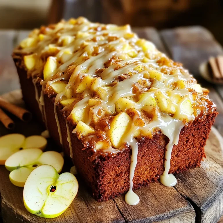To make the perfect apple fritter loaf cake, you need these key items: - 2 cups all-purpose flour - 1 teaspoon baking powder - 1 teaspoon baking soda - 1 teaspoon ground cinnamon - 1/2 teaspoon nutmeg - 1/2 teaspoon salt - 1/2 cup unsalted butter, softened - 1 cup brown sugar, packed - 2 large eggs - 1 teaspoon vanilla extract - 1/2 cup buttermilk - 2 cups apples, peeled and diced (preferably Granny Smith) These ingredients create a moist and flavorful cake, full of apple goodness. You can boost the flavor and texture by adding some optional ingredients: - 1/2 cup raisins - 1/2 cup chopped walnuts or pecans Raisins add sweetness, while nuts provide a nice crunch. Feel free to mix and match based on your taste. A sweet glaze brings the whole loaf together. For the glaze, you will need: - 1/2 cup powdered sugar - 1-2 tablespoons milk Mix these until smooth. Adjust the milk for your preferred thickness. Drizzle it over the cooled loaf for a delightful finish. First, set your oven to 350°F (175°C). This is the perfect heat for baking. While the oven warms up, grease and flour a standard loaf pan. This step helps the cake slide out easily after baking. In a medium bowl, whisk together the dry ingredients. Combine 2 cups of all-purpose flour, 1 teaspoon of baking powder, 1 teaspoon of baking soda, 1 teaspoon of ground cinnamon, 1/2 teaspoon of nutmeg, and 1/2 teaspoon of salt. Make sure these mix well. This blend gives the cake its flavor and rise. In a large mixing bowl, cream 1/2 cup of softened unsalted butter with 1 cup of packed brown sugar. Use a hand mixer or stand mixer for this. Mix until it looks light and fluffy. This step adds air, making the cake soft and tender. Now it’s time to add eggs. Add 2 large eggs, one at a time. Mix well after each egg. Next, stir in 1 teaspoon of vanilla extract. Gradually add your dry mix to the butter mix. Alternate this with 1/2 cup of buttermilk. Mix until just combined. Fold in 2 cups of peeled and diced apples. If you want, add 1/2 cup of raisins and 1/2 cup of chopped walnuts or pecans. Make sure they spread evenly. Pour the batter into your prepared loaf pan. Smooth the top with a spatula. Bake in the oven for 60-70 minutes. Check if it's done by using a toothpick. It should come out clean. Once baked, let the loaf cool in the pan for about 10 minutes. Then, transfer it to a wire rack to cool completely. To make the glaze, whisk together 1/2 cup of powdered sugar with 1-2 tablespoons of milk. Adjust the milk until you reach the right thickness. Once the loaf is cool, drizzle the glaze on top. Enjoy your delicious apple fritter loaf cake! I recommend using Granny Smith apples. They are tart and firm, which adds a great taste. Their texture holds up well in baking. You can also try Honeycrisp for a sweeter touch. Mix different apples for more flavor depth. To achieve a light and fluffy cake, cream the butter and sugar well. Beat them until the mix looks pale and fluffy. This adds air, which helps the cake rise. Make sure to fold in the apples gently. This keeps the texture soft and moist. To get that perfect bakery look, drizzle a smooth glaze on top. Whisk powdered sugar and milk until it is just right. Adjust the milk for a thicker or thinner glaze. For a beautiful touch, sprinkle some cinnamon on top after glazing. This adds color and extra flavor. {{image_2}} To make a gluten-free version of this cake, swap the all-purpose flour with a gluten-free blend. Look for a mix that includes xanthan gum. This helps mimic the structure of regular flour. Keep the other ingredients the same for the best flavor. Your cake will still taste amazing and stay moist. For a vegan twist, replace the eggs with flax eggs. Mix one tablespoon of ground flaxseed with three tablespoons of water. Let it sit for five minutes to thicken. Use coconut oil instead of butter for the fat. Substitute almond milk for buttermilk. The cake will be just as delightful and plant-based. You can enhance the flavor of your loaf with different spices or extracts. Consider adding a pinch of ginger or allspice for warmth. A teaspoon of almond or maple extract can add a unique twist. Try mixing in some citrus zest, like lemon or orange, for a refreshing note. These simple changes can elevate your cake to a new level. To keep your apple fritter loaf cake fresh, store it in an airtight container. This way, it stays moist and flavorful. You can keep it at room temperature for up to three days. If you want it to last longer, consider refrigerating it. Just remember, the fridge can make the cake a bit dry. Freezing is a great option if you have leftovers. Wrap the cooled loaf tightly in plastic wrap, then place it in a freezer-safe bag. This helps prevent freezer burn. It can last in the freezer for up to three months. When you're ready to enjoy it, just move it to the fridge overnight to thaw. To reheat your loaf cake, preheat your oven to 350°F (175°C). Place the sliced cake on a baking sheet. Warm it for about 10-15 minutes. This helps restore its moistness. You can also use a microwave. Heat a slice for about 15-20 seconds. Just be careful not to overheat it. Enjoy warm for the best taste! Yes, you can use different apples for this loaf cake. Sweet apples like Fuji or Honeycrisp work well. They add a nice flavor and texture. Just make sure to peel and dice them before mixing them in. Granny Smith apples are tart, which gives a great balance, but feel free to try your favorites. To check if the loaf cake is done, insert a toothpick into the center. If it comes out clean, the cake is ready. If the toothpick has wet batter, bake it a little longer. The edges should be golden brown, and the top should spring back when gently pressed. You can make a simple buttermilk substitute at home. Mix one cup of milk with one tablespoon of lemon juice or vinegar. Let it sit for five minutes. This will create a sour milk that works great in this recipe. You can also use plain yogurt or sour cream if you prefer. Yes, you can make this loaf cake ahead of time. Once it's baked and cooled, wrap it tightly in plastic wrap. Store it at room temperature for up to two days. For longer storage, freeze it. Just make sure to slice it first for easy thawing. You now have all the steps to make a delicious apple fritter loaf cake. From picking the best apples to ensuring the right texture, each detail matters. You can choose to add nuts or make it gluten-free. Storing tips help keep your cake fresh. With practice, you’ll master this tasty treat. Baking can be fun and rewarding. Enjoy sharing your creation with friends and family. Your efforts will surely impress everyone who tries your cake.