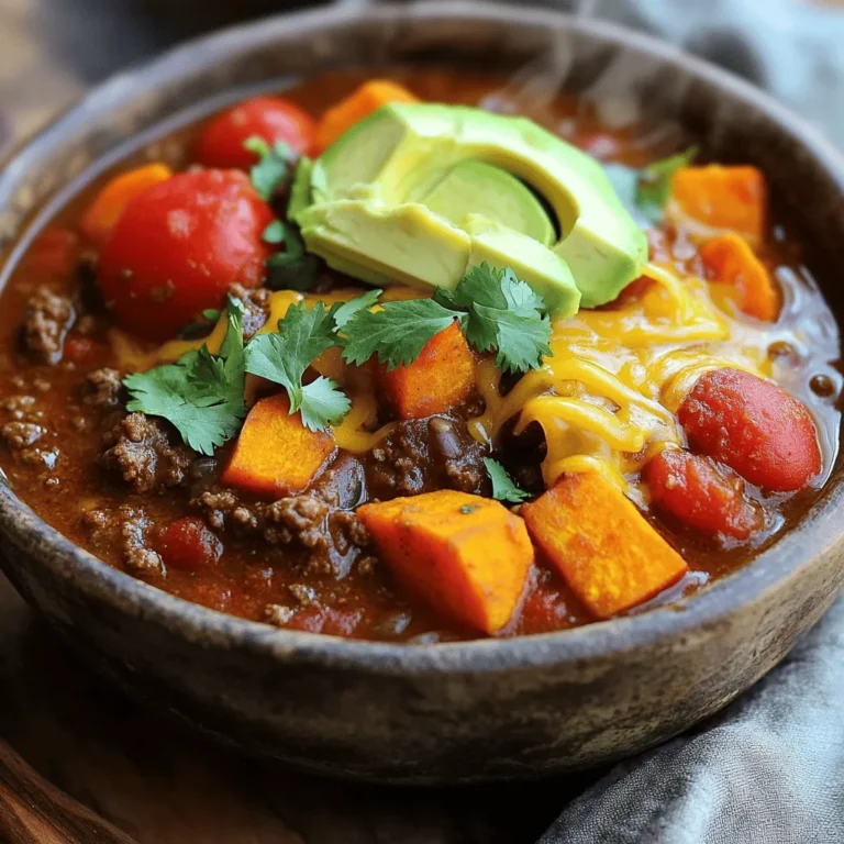 - 1 lb ground beef (90% lean) - 2 medium sweet potatoes, peeled and diced - 1 can (14 oz) diced tomatoes (with juice) - 1 can (15 oz) kidney beans, drained and rinsed - 1 can (8 oz) tomato sauce - 1 medium onion, diced - 3 cloves garlic, minced - 1 cup beef broth - 1 bell pepper (any color), diced The ground beef gives the chili its rich flavor. Sweet potatoes add a sweet touch and a hearty texture. Canned tomatoes and tomato sauce provide the base for our chili, making it juicy and delicious. - 2 tablespoons chili powder - 1 teaspoon cumin - 1 teaspoon smoked paprika - 1/2 teaspoon salt - 1/4 teaspoon black pepper These spices are key for flavor. Chili powder adds warmth, while cumin gives a hint of earthiness. Smoked paprika brings a unique depth that makes every bite special. Salt and black pepper enhance the taste. - Chopped cilantro - Shredded cheese - Avocado slices Toppings can elevate your chili. Fresh cilantro adds brightness. Cheese brings creaminess and richness. Avocado slices give a cool, creamy texture that balances the heat. You can mix and match these to suit your taste. Start by browning the ground beef in a skillet over medium heat. This helps to seal in the flavor and gives a nice texture. Cook the beef until it is fully brown. Make sure there is no pink left. After cooking, drain any extra fat. This will keep your chili from being greasy. Once done, transfer the beef to the slow cooker. In the slow cooker, add the diced sweet potatoes, chopped onion, minced garlic, and diced bell pepper. These veggies add great taste and nutrition. Next, pour in the canned diced tomatoes, tomato sauce, and beef broth. These will create a rich and thick chili base. Stir in the chili powder, cumin, smoked paprika, salt, and black pepper. Mix well until all the ingredients are coated with the spices. This step is key for flavor. You can cook the chili on low for 6-8 hours or on high for 3-4 hours. I recommend the low setting for the best taste. It allows the flavors to meld beautifully. About 30 minutes before serving, add the drained kidney beans. Gently mix them into the chili. This keeps them firm and tasty. Once everything is cooked, taste the chili and adjust the seasoning if needed. Enjoy the process! To make your chili taste amazing, adjust the seasoning. After cooking, taste your chili. You can add more salt, pepper, or spices as needed. This small step makes a big difference. Letting the chili sit for a while can also help. The flavors meld together, and this makes the dish even better. When cooking, you may wonder if you should stir often. I prefer to let the chili cook without stirring too much. This keeps the layers of flavor intact. Use fresh ingredients for the best texture. Fresh sweet potatoes and veggies add crispness. Canned goods are fine, but fresh is always better. Serve your chili hot in bowls. Pair it with crusty bread or cornbread for a nice touch. Both add a great texture contrast. For garnishing, sprinkle chopped cilantro on top. A bit of shredded cheese and avocado slices can add creaminess. These little extras make your dish look and taste special. {{image_2}} You can switch up the beans in this chili. Kidney beans work great, but black beans or pinto beans can add a nice touch. If you want a vegetarian option, try adding lentils instead. Lentils cook well in the slow cooker and soak up all the flavors. Adding more veggies can make your chili even better. Corn adds sweetness and a nice crunch. Zucchini is another good choice; it becomes soft and blends well with the other flavors. You can also use different bell pepper colors. Each color brings a unique taste and makes your dish look vibrant. You can control the spice in your chili. If you like it mild, reduce the chili powder. For some heat, add fresh chili peppers like jalapeños or serranos. Just chop them up and mix them in. Taste as you go to get the heat just right for you. After enjoying your chili, let it cool first. Place it in the fridge within two hours. Store leftovers in airtight containers. These keep the chili fresh and tasty. Use glass or BPA-free plastic containers. Avoid metal containers as they can affect taste. When reheating, use the stove for the best taste. Heat on low to keep it from burning. Stir often to warm evenly. You can also use the microwave. Just cover the bowl with a lid or plastic wrap. Check every minute to avoid overheating. To freeze chili, let it cool completely. Use freezer-safe containers or heavy-duty bags. Leave some space at the top for expansion. Label each bag with the date. You can freeze chili for up to three months. To thaw, place it in the fridge overnight. Reheat it on the stove or in the microwave. Enjoy your chili again! Yes, you can use other meats. Ground turkey or chicken works well. Both are lean and have great flavor. If you prefer a richer taste, go for ground pork. You can also try diced beef for a chunkier chili. Just adjust cooking time based on the meat you choose. You can store this chili in the fridge for up to five days. Keep it in an airtight container to keep it fresh. Make sure to let it cool down before sealing. If you want to enjoy it longer, consider freezing it. Absolutely! To make it vegetarian, swap the ground beef for lentils or black beans. You can also use more vegetables, like carrots and corn. This keeps the chili hearty while adding more nutrients. Don't forget to add extra spices for depth. This chili pairs well with crusty bread or cornbread. You can also serve it with a side salad for freshness. For toppings, consider shredded cheese, chopped cilantro, or avocado slices. These add flavor and creaminess to each bowl. In this blog post, we explored how to make Slow Cooker Beef Sweet Potato Chili. We started with the key ingredients, like ground beef and sweet potatoes, and went through the step-by-step process. We discussed cooking techniques, helpful tips, and tasty variations. Remember, chili is versatile. You can change meats or add new veggies. Store any leftovers safely, and don’t hesitate to try different spices. Enjoy your warm bowl of chili, knowing you made it your way!