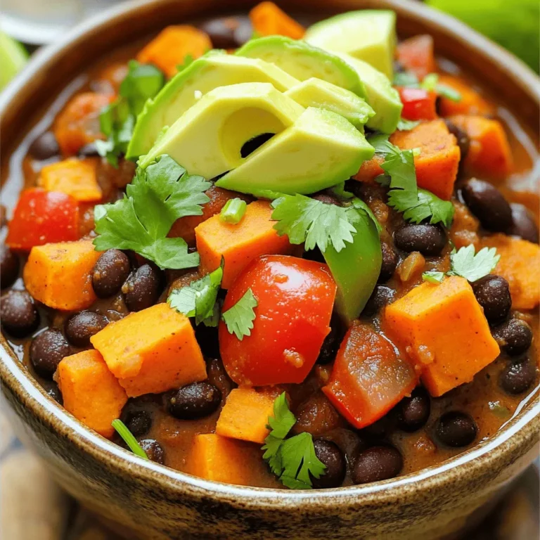 To make Slow Cooker Sweet Potato Black Bean Chili, you need fresh and simple ingredients. Here is the list: - 2 medium sweet potatoes, peeled and diced - 1 can (15 oz) black beans, drained and rinsed - 1 can (14 oz) diced tomatoes with green chilies - 1 bell pepper (red or yellow), chopped - 1 medium onion, diced - 3 cloves garlic, minced - 1 tablespoon chili powder - 1 teaspoon cumin - ½ teaspoon smoked paprika - ½ teaspoon salt - ¼ teaspoon black pepper - 2 cups vegetable broth - 1 tablespoon olive oil - Optional toppings: avocado slices, fresh cilantro, lime wedges, shredded cheese Each ingredient plays a key role in flavor and texture. Sweet potatoes add creaminess. Black beans provide protein and fiber. Diced tomatoes bring juiciness and zest. Bell pepper and onion add crunch and sweetness, while garlic gives a deep aroma. The spices, like chili powder and cumin, create warmth. Smoked paprika adds a hint of smokiness. Vegetable broth ties everything together, making the chili rich and hearty. Feel free to switch some ingredients. You can use other beans, like pinto or kidney. You can also choose different veggies to mix things up. Enjoy crafting your perfect chili! First, I heat olive oil in a skillet over medium heat. I add diced onion and chopped bell pepper. I sauté these for about five minutes. They should become soft and fragrant. Then, I add minced garlic and cook for one to two more minutes. This step brings out the garlic's flavor. Next, I transfer the cooked onion, bell pepper, and garlic to the slow cooker. This is where the magic happens. Now, I add the remaining ingredients to the slow cooker. This includes diced sweet potatoes, black beans, diced tomatoes, and vegetable broth. I also add chili powder, cumin, smoked paprika, salt, and black pepper. It’s crucial to stir everything together well. For cooking times, I have choices. I can cover the slow cooker and cook on low for six to eight hours or on high for three to four hours. The sweet potatoes should be tender when done. Once the chili cooks, I taste it and adjust the seasoning if needed. Sometimes, I add a pinch more salt or spice. For serving, I like to garnish with toppings. Some of my favorites are avocado slices, fresh cilantro, lime wedges, or shredded cheese. Each adds a nice touch and flavor to the chili. You can change a few ingredients if needed. Instead of black beans, use pinto or kidney beans. Both work great and add tasty flavors. If you want more veggies, add corn, zucchini, or carrots. They mix well with the sweet potatoes. For seasoning, swap chili powder for taco seasoning. This change adds a different twist to your chili. If you like heat, add jalapeños or serrano peppers. Chop them finely and mix them in at the start. Another option is to sprinkle cayenne pepper in. Just a pinch can go a long way. Taste as you go to find your perfect spice level. This chili is already vegan and gluten-free. All the ingredients are plant-based. You can enjoy it without worry. Just be sure to check labels on canned goods. Some brands may add hidden allergens. {{image_2}} You can change the chili by adding more veggies. Try corn, zucchini, or carrots for extra color and taste. You can also use other legumes, like kidney beans or chickpeas, to mix things up. If you want a heartier chili, add some cooked quinoa or rice. This adds fiber and makes the meal more filling. To enhance the flavor, try adding more spices. A pinch of cayenne pepper gives heat. A splash of hot sauce can add a kick too. For a smoky flavor, add smoked chili powder or chipotle peppers. Fresh herbs like cilantro or parsley also brighten the dish. Mix in a tablespoon of lime juice just before serving for a fresh twist. This chili is great for meal prep. You can store it in the fridge for up to a week. It also freezes well for more than a month. Serve it with cornbread or over rice for a complete meal. You can top it with avocado, fresh cilantro, lime wedges, or shredded cheese. Each topping adds a new layer of flavor, making every bite exciting. To store chili leftovers, let them cool first. Once cool, transfer the chili to an airtight container. Store it in the fridge. It will stay fresh for about 3 to 4 days. When you want to eat it again, just reheat it on the stove or in the microwave. For freezing, use freezer-safe bags or containers. Make sure to leave some space for expansion. You can freeze the chili for up to 3 months. When ready to eat, thaw it overnight in the fridge. Reheat it on the stove over medium heat. Stir it often until it’s hot. In the fridge, the chili lasts about 3 to 4 days. In the freezer, it keeps well for up to 3 months. Always check for any off smells or signs of spoilage before eating. Yes, you can use canned sweet potatoes. They save time, but fresh ones taste better. Drain and rinse them first. Add them to the slow cooker later, so they do not get too soft. To thicken the chili, use a few methods: - Add more sweet potatoes: They break down and thicken the mix. - Mash some beans: This gives a creamy texture. - Cornstarch slurry: Mix cornstarch with water, then stir it in. These tips help you reach your desired thickness. Toppings can enhance the chili's taste. Here are my favorites: - Avocado slices - Fresh cilantro - Lime wedges - Shredded cheese Feel free to mix and match! Yes! This chili is perfect for meal prepping. It stores well and tastes even better the next day. Just divide it into containers. You can keep it in the fridge for up to five days. Absolutely! To make it on the stovetop, follow these steps: 1. Sauté the onion, bell pepper, and garlic in a pot. 2. Add the sweet potatoes and other ingredients. 3. Bring it to a boil, then reduce heat. 4. Simmer for about 30 minutes, or until the sweet potatoes are tender. This method is quicker, and it still tastes great! This chili recipe blends sweet potatoes, black beans, and spices for a tasty dish. You can adjust it for your taste with various toppings and ingredients. Follow the steps to make a meal that fits your diet and style. Remember, it’s easy to store and reheat leftovers. Enjoy making it your own with fun variations. Cooking should be simple and enjoyable. Fire up your slow cooker and savor this delicious meal!