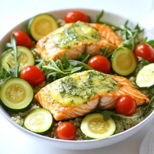- 4 salmon fillets (about 6 oz each) - 2 medium zucchinis, sliced into half-moons - 1 cup cherry tomatoes, halved - 1 cup cooked quinoa - 3 tablespoons olive oil - Juice of 2 lemons - Zest of 1 lemon - 2 tablespoons fresh dill, chopped (or 1 tablespoon dried dill) - 2 cloves garlic, minced - Salt and pepper to taste - Fresh arugula or spinach for serving (optional) You can swap fresh veggies with frozen ones if needed. Just make sure to adjust the cooking time. For salmon, look for fillets that are bright in color and have no strong fishy smell. Ask your fishmonger for the freshest catch. If you can't find salmon, try trout or cod as tasty options. Using fresh herbs like dill enhances the flavor, but dried dill works too. Adjust the amount to suit your taste. 1. Start by preheating the oven to 400°F (200°C). This ensures your salmon cooks perfectly. 2. Line a large baking sheet with parchment paper. This makes cleanup easy. 3. In a small bowl, whisk together the olive oil, lemon juice, lemon zest, minced garlic, dill, salt, and pepper. This lemon-dill mixture adds great flavor. 1. Place the salmon fillets in the center of the baking sheet. The fish should have space around it. 2. Surround the salmon with the sliced zucchinis and halved cherry tomatoes. This makes for a colorful dish. 3. Drizzle half of the lemon-dill mixture over the salmon and veggies. Make sure everything is well coated. 4. Bake in the preheated oven for 15-20 minutes. Check doneness by using a fork. The salmon should flake easily and the veggies should be tender. 1. Once everything is cooked, it's time to build your bowls. Start with a generous scoop of quinoa at the bottom. 2. Top with the roasted salmon, zucchinis, and tomatoes. If you like, add a handful of fresh arugula or spinach. 3. Drizzle the remaining lemon-dill sauce over each bowl for extra flavor. Enjoy your fresh and healthy meal! To ensure perfectly cooked salmon, watch the time closely. Bake it for 15-20 minutes. The salmon should flake easily with a fork when done. If it's still firm, give it a few more minutes. You want it just right, not dry. For the veggies, cut your zucchinis and tomatoes evenly. This helps them cook at the same rate. Spread them out on the baking sheet. If they touch, they may steam instead of roast, which can make them mushy. To complement the lemon dill salmon bowls, I love serving them with a side of fresh arugula or spinach. A light salad adds crunch and freshness. You can also serve with a slice of lemon for a zesty touch. For a balanced meal, include a serving of quinoa. It provides protein and fiber. This dish is healthy and filling, making it perfect for lunch or dinner. You can modify this recipe with different vegetables. Try bell peppers, asparagus, or carrots for a fun twist. Each vegetable brings its own flavor and texture. For grains, if you want to switch from quinoa, try brown rice or farro. Both are great options that add different nutrients. Adjust the flavor profiles by adding spices. A pinch of paprika or crushed red pepper can add warmth. Fresh herbs like basil or parsley can bring a new taste to the dish. {{image_2}} You can swap out salmon for other types of fish. Here are some great options: - Trout: This fish has a rich flavor and cooks similarly to salmon. - Tilapia: A milder fish that absorbs flavors well. - Cod: This flaky fish is great for those who want something lighter. - Sea Bass: A delicious choice with a buttery taste. If you want to change the grain, consider these options instead of quinoa: - Brown rice: A wholesome choice with a nutty flavor. - Farro: This has a chewy texture and adds depth to the meal. - Couscous: A quick-cooking option that pairs well with the salmon. - Barley: A hearty grain that adds a nice bite. You can jazz up the lemon-dill sauce with citrus or herbs. Consider trying: - Lime zest and juice: This adds a fresh twist to the dish. - Orange zest: This will give your meal a sweet, bright note. - Basil or parsley: Fresh herbs can brighten the flavor profile. If you like heat, add some spicy elements: - Red pepper flakes: A sprinkle brings a nice kick without overpowering. - Chili powder: This adds warmth and depth to the dish. - Sriracha or hot sauce: Drizzle some on top for a bold flavor. To store leftovers, let the salmon bowls cool down. Place them in airtight containers. You can keep them in the fridge for up to three days. Make sure to separate the quinoa from the salmon and veggies if you want to keep the texture fresh. You can freeze prepared salmon bowls for later use. Use freezer-safe containers or bags. This way, they can last for up to three months. When ready to eat, thaw them in the fridge overnight. For reheating, you can use the oven or microwave. If using the oven, bake at 350°F (175°C) until hot. If using the microwave, heat in short bursts to avoid overcooking. Can I make this recipe ahead of time? Yes, you can make this recipe ahead of time. Cook the salmon and veggies, then let them cool. Store in airtight containers in the fridge. This way, you can easily assemble your bowls for lunch or dinner. What can I substitute for quinoa? If you want a substitute for quinoa, you have options. Try brown rice, farro, or even couscous. Each gives a different taste and texture. Adjust cooking times as needed for your choice. Is this recipe healthy? Yes, this recipe is healthy. Salmon is rich in omega-3 fatty acids. Zucchini and tomatoes add vitamins and fiber. The quinoa provides protein and complex carbs. This meal is balanced and nutritious. What are the caloric values per serving? Each serving has about 450 calories. This includes the salmon, veggies, and quinoa. Keep in mind that adding extra oil or toppings will increase the calorie count. Can I cook this on a grill instead of a sheet pan? Yes, you can use a grill! Just preheat it and cook the salmon and veggies on a grill pan. This adds a nice smoky flavor. Watch the cooking time, as it may vary. How to adjust cooking time for different oven types? If your oven cooks unevenly or is a different model, check the salmon earlier. Every oven is unique. Use a fork to see if the salmon flakes easily. If it's not done, put it back for a few more minutes. In this post, we covered a simple recipe for lemon dill salmon bowls. We listed the fresh ingredients and shared tips for choosing the best salmon. You learned how to prepare, cook, and assemble the bowls for a tasty meal. I also provided advice on storage, variations, and common questions. Try these salmon bowls for a healthy, quick dinner. They’re easy to make and very good! Enjoy cooking!
