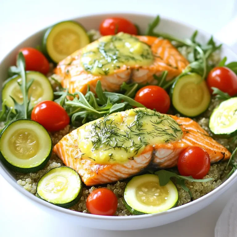 - 4 salmon fillets (about 6 oz each) - 2 medium zucchinis, sliced into half-moons - 1 cup cherry tomatoes, halved - 1 cup cooked quinoa - 3 tablespoons olive oil - Juice of 2 lemons - Zest of 1 lemon - 2 tablespoons fresh dill, chopped (or 1 tablespoon dried dill) - 2 cloves garlic, minced - Salt and pepper to taste - Fresh arugula or spinach for serving (optional) You can swap fresh veggies with frozen ones if needed. Just make sure to adjust the cooking time. For salmon, look for fillets that are bright in color and have no strong fishy smell. Ask your fishmonger for the freshest catch. If you can't find salmon, try trout or cod as tasty options. Using fresh herbs like dill enhances the flavor, but dried dill works too. Adjust the amount to suit your taste. 1. Start by preheating the oven to 400°F (200°C). This ensures your salmon cooks perfectly. 2. Line a large baking sheet with parchment paper. This makes cleanup easy. 3. In a small bowl, whisk together the olive oil, lemon juice, lemon zest, minced garlic, dill, salt, and pepper. This lemon-dill mixture adds great flavor. 1. Place the salmon fillets in the center of the baking sheet. The fish should have space around it. 2. Surround the salmon with the sliced zucchinis and halved cherry tomatoes. This makes for a colorful dish. 3. Drizzle half of the lemon-dill mixture over the salmon and veggies. Make sure everything is well coated. 4. Bake in the preheated oven for 15-20 minutes. Check doneness by using a fork. The salmon should flake easily and the veggies should be tender. 1. Once everything is cooked, it's time to build your bowls. Start with a generous scoop of quinoa at the bottom. 2. Top with the roasted salmon, zucchinis, and tomatoes. If you like, add a handful of fresh arugula or spinach. 3. Drizzle the remaining lemon-dill sauce over each bowl for extra flavor. Enjoy your fresh and healthy meal! To ensure perfectly cooked salmon, watch the time closely. Bake it for 15-20 minutes. The salmon should flake easily with a fork when done. If it's still firm, give it a few more minutes. You want it just right, not dry. For the veggies, cut your zucchinis and tomatoes evenly. This helps them cook at the same rate. Spread them out on the baking sheet. If they touch, they may steam instead of roast, which can make them mushy. To complement the lemon dill salmon bowls, I love serving them with a side of fresh arugula or spinach. A light salad adds crunch and freshness. You can also serve with a slice of lemon for a zesty touch. For a balanced meal, include a serving of quinoa. It provides protein and fiber. This dish is healthy and filling, making it perfect for lunch or dinner. You can modify this recipe with different vegetables. Try bell peppers, asparagus, or carrots for a fun twist. Each vegetable brings its own flavor and texture. For grains, if you want to switch from quinoa, try brown rice or farro. Both are great options that add different nutrients. Adjust the flavor profiles by adding spices. A pinch of paprika or crushed red pepper can add warmth. Fresh herbs like basil or parsley can bring a new taste to the dish. {{image_2}} You can swap out salmon for other types of fish. Here are some great options: - Trout: This fish has a rich flavor and cooks similarly to salmon. - Tilapia: A milder fish that absorbs flavors well. - Cod: This flaky fish is great for those who want something lighter. - Sea Bass: A delicious choice with a buttery taste. If you want to change the grain, consider these options instead of quinoa: - Brown rice: A wholesome choice with a nutty flavor. - Farro: This has a chewy texture and adds depth to the meal. - Couscous: A quick-cooking option that pairs well with the salmon. - Barley: A hearty grain that adds a nice bite. You can jazz up the lemon-dill sauce with citrus or herbs. Consider trying: - Lime zest and juice: This adds a fresh twist to the dish. - Orange zest: This will give your meal a sweet, bright note. - Basil or parsley: Fresh herbs can brighten the flavor profile. If you like heat, add some spicy elements: - Red pepper flakes: A sprinkle brings a nice kick without overpowering. - Chili powder: This adds warmth and depth to the dish. - Sriracha or hot sauce: Drizzle some on top for a bold flavor. To store leftovers, let the salmon bowls cool down. Place them in airtight containers. You can keep them in the fridge for up to three days. Make sure to separate the quinoa from the salmon and veggies if you want to keep the texture fresh. You can freeze prepared salmon bowls for later use. Use freezer-safe containers or bags. This way, they can last for up to three months. When ready to eat, thaw them in the fridge overnight. For reheating, you can use the oven or microwave. If using the oven, bake at 350°F (175°C) until hot. If using the microwave, heat in short bursts to avoid overcooking. Can I make this recipe ahead of time? Yes, you can make this recipe ahead of time. Cook the salmon and veggies, then let them cool. Store in airtight containers in the fridge. This way, you can easily assemble your bowls for lunch or dinner. What can I substitute for quinoa? If you want a substitute for quinoa, you have options. Try brown rice, farro, or even couscous. Each gives a different taste and texture. Adjust cooking times as needed for your choice. Is this recipe healthy? Yes, this recipe is healthy. Salmon is rich in omega-3 fatty acids. Zucchini and tomatoes add vitamins and fiber. The quinoa provides protein and complex carbs. This meal is balanced and nutritious. What are the caloric values per serving? Each serving has about 450 calories. This includes the salmon, veggies, and quinoa. Keep in mind that adding extra oil or toppings will increase the calorie count. Can I cook this on a grill instead of a sheet pan? Yes, you can use a grill! Just preheat it and cook the salmon and veggies on a grill pan. This adds a nice smoky flavor. Watch the cooking time, as it may vary. How to adjust cooking time for different oven types? If your oven cooks unevenly or is a different model, check the salmon earlier. Every oven is unique. Use a fork to see if the salmon flakes easily. If it's not done, put it back for a few more minutes. In this post, we covered a simple recipe for lemon dill salmon bowls. We listed the fresh ingredients and shared tips for choosing the best salmon. You learned how to prepare, cook, and assemble the bowls for a tasty meal. I also provided advice on storage, variations, and common questions. Try these salmon bowls for a healthy, quick dinner. They’re easy to make and very good! Enjoy cooking!