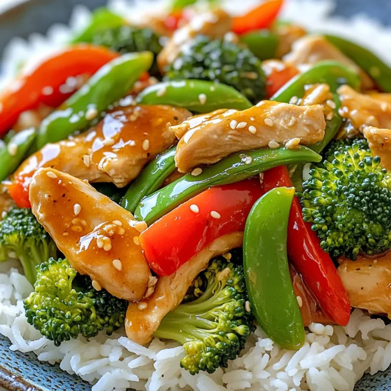 - 1 lb (450g) boneless chicken breast, thinly sliced - 2 tablespoons vegetable oil - 4 cloves garlic, minced - 1 red bell pepper, sliced - 1 cup broccoli florets - 1 cup sugar snap peas - 1/4 cup sweet chili sauce - 2 tablespoons soy sauce - 1 tablespoon sesame oil - 1 tablespoon cornstarch mixed with 2 tablespoons water (slurry) - Salt and pepper to taste - Cooked rice or noodles for serving In this recipe, you’ll use fresh and simple ingredients. The chicken breast cooks quickly and stays tender. Garlic brings a warm flavor, while bell pepper adds color and crunch. Broccoli and sugar snap peas provide a nice texture. For the sauce, sweet chili sauce gives a sweet and spicy kick. Soy sauce adds depth, while sesame oil brings a nutty finish. The cornstarch slurry thickens the sauce, making it glossy and rich. You can easily swap out veggies. Carrots or bok choy work well. If you don’t have sweet chili sauce, try honey mixed with a touch of hot sauce. This dish is versatile, and you can make it your own! - Heat 1 tablespoon of vegetable oil in a skillet or wok over medium-high heat. - Add 1 pound of thinly sliced boneless chicken breast. Season with salt and pepper. Cook for about 3-4 minutes. Stir occasionally until the chicken is browned and cooked through. - Push the cooked chicken to one side of the skillet. - Add another tablespoon of oil to the empty side. - Add 4 minced garlic cloves, 1 sliced red bell pepper, 1 cup of broccoli florets, and 1 cup of sugar snap peas. - Stir-fry these veggies for 2-3 minutes until they are tender-crisp. - Pour in 1/4 cup of sweet chili sauce and 2 tablespoons of soy sauce over the chicken and veggies. Stir to mix well. - Add 1 tablespoon of cornstarch mixed with 2 tablespoons of water, called a slurry. Stir constantly until the sauce thickens, which takes about 1-2 minutes. - Drizzle 1 tablespoon of sesame oil over everything and mix to coat the chicken and vegetables evenly. - Best practices for stir-frying: Use high heat. This helps cook food fast and keeps it crisp. Always keep the food moving in the pan. This prevents burning and helps cook evenly. - Tips for ensuring even cooking: Cut chicken and vegetables into similar sizes. This helps everything cook at the same rate. Stir the pan often. Don't let food sit too long before stirring. - Suggestions for additional spices or sauces: Add ginger for a fresh kick. You can also use a splash of lime juice for brightness. Cook with some red pepper flakes to turn up the heat. - How to make it spicier or sweeter: For more spice, add chili paste or fresh chopped chili. If you want it sweeter, drizzle in more sweet chili sauce. - Prepping ingredients in advance: Chop chicken and vegetables ahead of time. Store them in the fridge until you’re ready to cook. This cuts down on cooking time and helps keep the kitchen tidy. - Using pre-chopped vegetables: Buy pre-chopped veggies from the store. They are convenient and save you time. Look for options like stir-fry mixes to add variety. {{image_2}} You can switch the chicken for other proteins. Shrimp works well and cooks fast. Tofu is a great choice for a vegetarian option. Just cube it and pan-fry until golden. Beef slices can add a rich flavor. They need a bit more time to cook. Feel free to change the veggies for new tastes. Carrots, zucchini, or bell peppers add color and crunch. You can use seasonal vegetables too. In summer, try fresh snap peas or green beans. In fall, add squash or Brussels sprouts for warmth. If you need a gluten-free dish, use tamari instead of soy sauce. This keeps the same taste without gluten. For a low-carb meal, skip the rice or noodles. Serve over cauliflower rice or just enjoy it as is. Both options keep it light and tasty. To store leftovers, let the dish cool first. Place it in a clean, airtight container. Glass or BPA-free plastic containers work best for keeping food fresh. This way, you can enjoy your stir fry later without losing flavor. You can freeze Sweet Chili Garlic Chicken Stir Fry for up to three months. To do this, let it cool fully before packing it in a freezer-safe container or bag. When you want to eat it, thaw it in the fridge overnight. Reheat it in a pan over medium heat until hot. Add a splash of water or broth to keep it moist. In the fridge, your stir fry is good for about three to four days. If you freeze it, aim to use it within three months for the best taste. Always check for any signs of spoilage before eating. Yes, you can use frozen chicken. Just make sure to thaw it first. You can place it in the fridge overnight or use the microwave. Cook it thoroughly until it reaches 165°F (75°C). This way, you keep it safe to eat. To make this dish vegetarian, swap the chicken for tofu or tempeh. Both options soak up flavor well. You can also use extra veggies like mushrooms or eggplant for added texture. This stir fry goes great with cooked rice or noodles. You can also serve it with quinoa for a healthy twist. A side of steamed vegetables can add color and nutrition. Absolutely! Feel free to add any vegetables you like. Carrots, snap peas, or zucchini work well. Just remember to cut them into small pieces for even cooking. To adjust the spice, add more or less sweet chili sauce. For more heat, include red pepper flakes or fresh chili peppers. If you prefer it milder, reduce the sauce or add more veggies to balance the flavors. This blog post provides a simple guide to making Sweet Chili Garlic Chicken Stir Fry. You learned the key ingredients, step-by-step instructions, and helpful tips. You can also explore variations and storage methods. Remember, stir-frying is fast and fun. Experiment with veggies and proteins to suit your taste. Enjoy every bite and share it with friends!