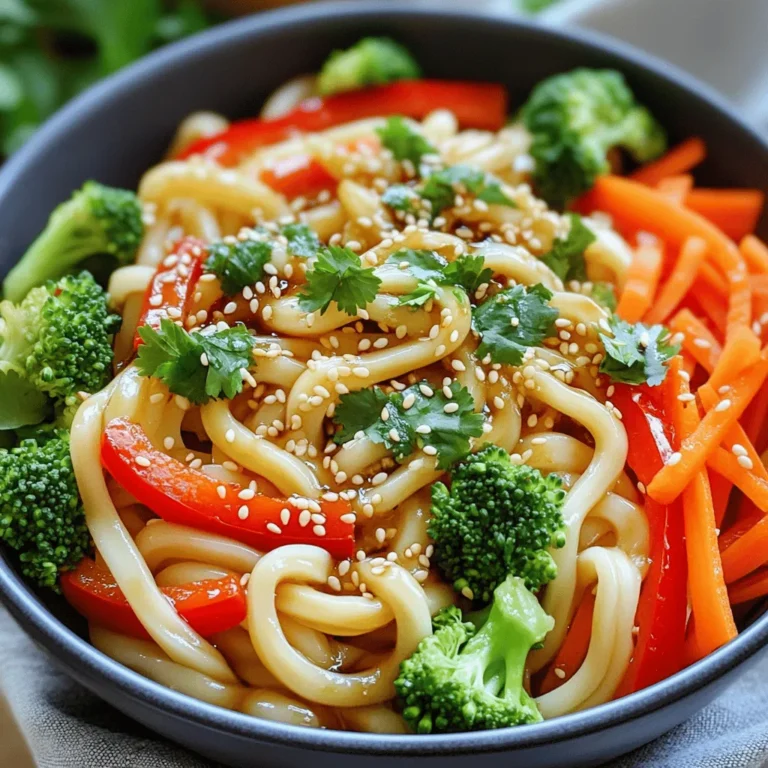 - 300g fresh udon noodles - 1 red bell pepper, thinly sliced - 1 carrot, julienned - 2 cups broccoli florets - 1 tablespoon minced garlic - 1 tablespoon minced ginger - 3 green onions, sliced (whites and greens separated) The udon noodles are key. They are thick, chewy, and soak up all the flavor. I love using fresh ones. They cook fast. The red bell pepper adds sweetness, while the carrot gives crunch. Broccoli brings a nice bite and a great color to the dish. Garlic and ginger are your flavor powerhouses. They create a warm base that makes this dish shine. - 2 tablespoons soy sauce (or tamari for gluten-free) - 1 tablespoon chili paste (adjust to taste) - 1 tablespoon rice vinegar - 1 teaspoon sugar The sauce is where the magic happens. Soy sauce adds saltiness and umami. The chili paste gives it that spicy kick. Rice vinegar adds tang, and sugar balances it all out. Together, they create a sauce that is bold and satisfying. - 2 tablespoons roasted sesame seeds - Fresh cilantro for garnish Garnishes make your meal look and taste even better. Roasted sesame seeds add a nutty flavor and crunch. Fresh cilantro gives a bright finish. You can skip these if you want, but I recommend them for that extra flair. To start, boil a large pot of salted water. This step is key for flavor. Add 300g of fresh udon noodles to the pot. Cook them for about 3-4 minutes, following the package instructions. Be careful not to overcook. Once the noodles are done, drain them in a colander. Rinse them under cold water. This stops the cooking and keeps the noodles firm. Set them aside while you prepare the rest. Grab a large skillet or wok. Heat two tablespoons of sesame oil and one tablespoon of olive oil over medium-high heat. This mix gives great flavor. Add the sliced red bell pepper, julienned carrot, and broccoli florets. Stir-fry these for about 3-4 minutes. You want the veggies tender but still a bit crisp. Next, toss in one tablespoon of minced garlic, one tablespoon of minced ginger, and the white parts of three sliced green onions. Stir-fry everything for another minute until it smells amazing. Now, it’s time to add the cooked udon noodles to the skillet. Toss everything together gently. In a small bowl, mix two tablespoons of soy sauce, one tablespoon of chili paste, one tablespoon of rice vinegar, and one teaspoon of sugar. Drizzle this sauce over the noodles and vegetables. Toss well to combine. Cook for another 2 minutes until everything is hot. Remove the pan from heat. Sprinkle two tablespoons of roasted sesame seeds and the green onion greens on top. If you like, add fresh cilantro for a pop of color. Serve the noodles in bowls. Enjoy! To make a great stir-fry, use high heat. This helps the food cook fast and keeps it crisp. Always add your veggies in the right order. Start with the ones that take longer to cook. For example, add broccoli first, then the bell pepper and carrot. This timing makes your dish better. You can change the spice in your dish. If you want it milder, use less chili paste. You can also swap it for other options. Try sriracha or even a sweet chili sauce. Both can add flavor without too much heat. To make your dish even tastier, add more aromatics. Garlic and ginger are great, but you can also use shallots. They bring a sweet taste. You can also switch up the vinegar. Try using apple cider vinegar or rice vinegar for different notes. Each adds its own twist to the flavor. {{image_2}} You can add protein to your Spicy Sesame Udon Noodles for a heartier meal. Here are some great options: - Tofu: Use firm or extra-firm tofu. Press it to remove water, then cut it into cubes. Sauté it in the skillet until golden brown for a tasty texture. - Chicken: Slice chicken breast into thin strips. Cook it in the skillet before adding the vegetables, ensuring it is fully cooked. - Shrimp: Use peeled shrimp. Add them to the skillet when the veggies are almost done. Cook until they turn pink, which usually takes about 2-3 minutes. If you want to keep the dish plant-based, it's easy! Here are a few tips: - Tofu is already a great option. It adds protein and texture. - Replace the soy sauce with tamari for a gluten-free version that is still plant-based. - Use vegetable broth instead of water for extra flavor when cooking the noodles. For those needing gluten-free options, you can still enjoy this dish: - Noodles: Look for gluten-free udon noodles made from rice or buckwheat. They work well and taste great! - Sauce: Use tamari instead of soy sauce. This keeps the flavors rich without gluten. To keep your spicy sesame udon noodles fresh, use airtight containers. Glass or plastic containers work well. Store the noodles in the fridge for up to three days. This way, you can enjoy them later. When reheating, you want the noodles to stay tasty and not mushy. The best method is to use the stove. Heat a skillet on medium and add a splash of water or oil. Stir the noodles until they are warm. You can also use the microwave. Place the noodles in a bowl and cover them with a damp paper towel. Heat in short bursts, stirring in between, until warm. If you want to store the noodles longer, freezing is a great option. Place the cooled noodles in a freezer-safe bag. Remove as much air as possible before sealing. The noodles can last up to three months in the freezer. To thaw, move the noodles to the fridge for several hours or overnight. You can also run them under warm water to speed things up before reheating. You can serve your Spicy Sesame Udon Noodles with several tasty options. Here are some ideas: - Steamed edamame for a healthy snack. - A crisp cucumber salad to refresh your palate. - Grilled chicken or tofu for extra protein. - Miso soup to warm up the meal. - Pickled vegetables for a tangy side. These sides add balance and make your meal even better. To tone down the heat, try these simple tips: - Use less chili paste when you cook. - Add more vegetables like carrots or broccoli to absorb spice. - Stir in some coconut milk for creaminess and cooling. - Serve with a side of plain rice to help cut the spice. These tricks can help you enjoy the dish without the burn. Yes, you can use many noodles in this recipe. Here are some good options: - Soba noodles for a nutty flavor. - Rice noodles for a gluten-free choice. - Spaghetti in a pinch, though it won’t taste the same. Just remember to adjust cooking times based on the noodle type. Experiment to find your favorite! In this blog post, I covered the key ingredients and step-by-step instructions for making spicy sesame udon noodles. You learned about essential vegetables, sauce ingredients, and how to stir-fry everything for perfect flavor. I also shared tips for adjusting spice levels and suggested various protein options. Finally, I explained how to store and reheat leftovers. These noodles are easy to make and customize. Enjoy creating your own delicious version!