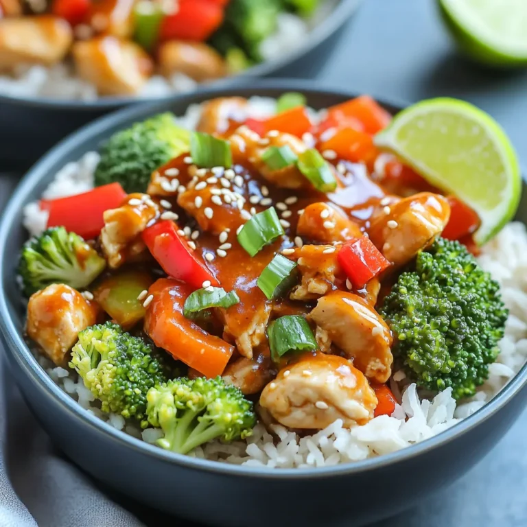 To make tasty Sweet Chili Chicken Bowls, you will need: - 2 boneless, skinless chicken breasts, diced - 1 cup cooked jasmine rice - 1 bell pepper (red or yellow), sliced - 1 cup broccoli florets - 1 carrot, thinly sliced These ingredients form the base of our dish. The chicken provides protein, while the veggies add color and crunch. The right sauces and seasonings make this dish shine. Gather these: - 2 tablespoons sweet chili sauce - 1 tablespoon soy sauce - 1 tablespoon sesame oil - 1 teaspoon fresh ginger, grated - 2 cloves garlic, minced - Pinch of salt and pepper Sweet chili sauce gives a touch of sweetness. Soy sauce adds depth. Sesame oil brings a nutty flavor, while ginger and garlic give it a nice kick. Garnishes can elevate your dish. Here are some great options: - Green onions, chopped for garnish - Sesame seeds for sprinkling These add a fresh taste and a bit of crunch. A wedge of lime on the side also adds a zesty twist! Start by heating sesame oil in a large skillet over medium heat. Add minced garlic and grated ginger. Sauté these for about one minute until it smells great. Next, add the diced chicken. Sprinkle a pinch of salt and pepper on top. Cook the chicken for five to seven minutes. Stir it often to help it brown evenly and cook through. Once the chicken is ready, toss in the sliced bell pepper, broccoli florets, and thinly sliced carrot. Sauté these veggies for three to five minutes. You want them to be tender but still crisp. This keeps them colorful and full of flavor. Now it's time to mix in the sauces! Pour the sweet chili sauce and soy sauce over the chicken and veggies. Toss everything together so that each piece gets coated. Cook for another two minutes. This allows the sauce to thicken just a bit. To serve, scoop some cooked jasmine rice into each bowl. Top it with the sweet chili chicken and veggie mix. Finish with chopped green onions and sesame seeds for a nice crunch. Enjoy your meal! To cook chicken just right, start with diced chicken breasts. Heat sesame oil in a skillet over medium heat. Add minced garlic and grated ginger for flavor. Sauté for one minute. Then, add the chicken. Season with salt and pepper. Cook for about 5-7 minutes. Stir often until the chicken turns golden brown and is fully cooked. This method keeps the chicken juicy and tender. For great texture, add vegetables at the right time. After the chicken is cooked, toss in sliced bell pepper, broccoli, and carrots. Sauté them for 3-5 minutes. You want them to be tender but still crisp. This keeps the veggies vibrant and fresh. Cooking them too long makes them mushy. Remember, bright colors mean more flavor and nutrients! Presentation is key for any dish. Start with a base of jasmine rice in each bowl. Top it with the sweet chili chicken and veggies. For a pop of color, garnish with chopped green onions and sesame seeds. You can even add a lime wedge on the side. This adds a zesty kick and looks great. Arrange everything neatly to make your bowl appealing. Enjoy the compliments! {{image_2}} You can switch the chicken for other proteins. Tofu is a great choice for a plant-based meal. Use firm tofu and press it to remove excess water. Cut it into cubes and sauté it just like the chicken. Shrimp is another tasty option. Cook shrimp for about 3-4 minutes until they turn pink. Both give a unique twist to your sweet chili bowls. To make this dish vegetarian, simply remove the chicken. You can add more veggies like zucchini or snap peas. For a vegan version, use tofu or tempeh instead of chicken. Make sure the sweet chili sauce you choose is vegan friendly. This way, everyone can enjoy a delicious bowl. If you like heat, add some crushed red pepper flakes or sriracha. This will give your dish a spicy kick. For a sweeter version, mix in some pineapple chunks. The sweetness of the pineapple pairs well with the chili sauce. You can also try adding a splash of lime juice for a zesty flavor. Each twist makes your sweet chili chicken bowls exciting and fun! To keep your sweet chili chicken bowls fresh, store them in airtight containers. This helps keep moisture in and odors out. Make sure the dish cools down before sealing. You can keep it in the fridge for up to three days. When it's time to enjoy your leftovers, reheat them gently. You can use a microwave or a stovetop. If using a microwave, heat in short bursts. Stir often to warm it evenly. On the stovetop, use low heat and add a splash of water to keep it moist. You can freeze sweet chili chicken bowls for later use. Divide the dish into portions and place them in freezer-safe bags. Squeeze out any air before sealing. They will stay good for about three months. When you're ready to eat, thaw in the fridge overnight before reheating. Yes, you can use other types of rice. Brown rice, for example, adds more fiber. Quinoa is another great option that boosts protein. Just make sure to cook it before adding it to the bowls. Each type of rice may change the flavor a bit, but it will still taste great! You can swap vegetables easily in this recipe. Snow peas add crunch and sweetness. Zucchini is another good choice, and it cooks quickly. You can even use frozen vegetables if you're short on time. Just remember to adjust cooking time as needed. This recipe can be made gluten-free. Use gluten-free soy sauce instead of regular soy sauce. Sweet chili sauce can also be gluten-free, but check the label first. Jasmine rice is naturally gluten-free, making this a safe option for those avoiding gluten. Sweet chili chicken bowls offer tasty flavors and easy steps for everyone. We explored the main ingredients, cooking methods, and tips to elevate your dish. You can also customize it with different proteins or vegetables. Store leftovers wisely and enjoy them later. Overall, sweet chili chicken bowls are fun to make and share. Try your hand at this recipe, and impress your family with your skills!