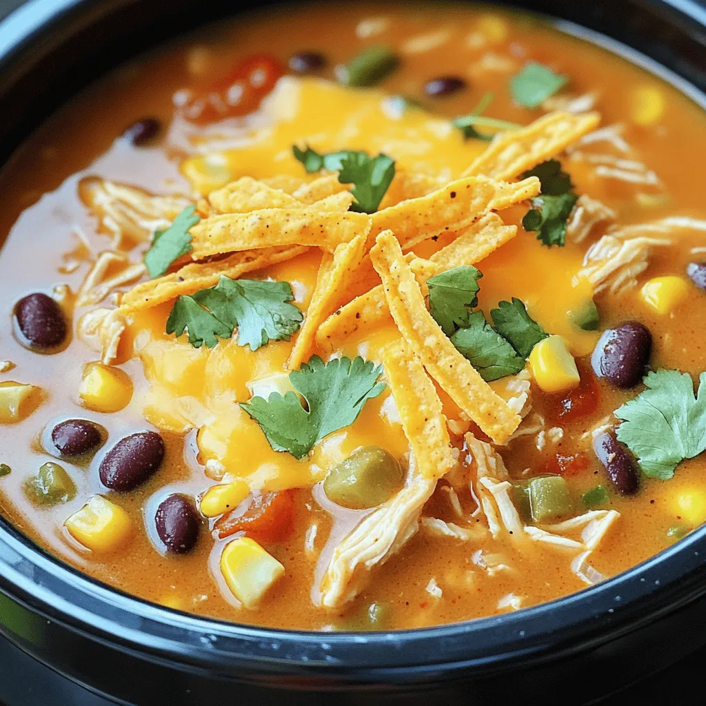 - 1 lb boneless, skinless chicken breasts - 1 can (10 oz) enchilada sauce (red or green) - 1 can (15 oz) black beans, rinsed and drained - 1 can (15 oz) corn, drained - 1 can (14.5 oz) diced tomatoes with green chilies - 1 medium onion, chopped - 2 cloves garlic, minced - 4 cups low-sodium chicken broth - 1 cup cream cheese, softened - 1 teaspoon cumin - 1 teaspoon paprika - Salt and pepper to taste - 1 cup shredded cheddar cheese - Fresh cilantro for garnish - Tortilla strips for topping For the main ingredients, I love using boneless, skinless chicken breasts. They shred well and soak up flavor. The enchilada sauce is key. Choose red or green based on your taste. Black beans and corn add texture and fiber. Diced tomatoes with green chilies bring a spicy kick. Chopped onion and minced garlic add a savory base. Low-sodium chicken broth keeps the soup rich but not too salty. The cream cheese inside gives it that creamy feel we all love. Cumin and paprika add warmth and depth. Finally, salt and pepper balance everything out. - Additional spices (e.g., chili powder, oregano) - Substitutes for shredded cheese (e.g., Monterey Jack, pepper jack) You can boost the flavor with more spices like chili powder or oregano. If you want a twist on cheese, try Monterey Jack or pepper jack. These options can make the soup even more delicious. 1. First, layer the chicken breasts at the bottom of your slow cooker. 2. In a medium bowl, mix together several key ingredients. Combine the enchilada sauce, black beans, corn, and diced tomatoes. 3. Add the chopped onion, minced garlic, chicken broth, cumin, paprika, salt, and pepper. Stir well until everything is mixed. 1. Pour this sauce mixture over the chicken in the slow cooker. Ensure the chicken is well covered with the sauce. 2. Cover the slow cooker and set it on low for 6 to 7 hours or high for 3 to 4 hours. The chicken should be fully cooked and tender by then. 1. Once cooking is done, take the chicken out of the soup. Use two forks to shred it into bite-sized pieces. 2. Return the shredded chicken back to the slow cooker. Stir in the softened cream cheese until it melts and blends into the soup. 3. Let it cook on low for an extra 30 minutes to mix those great flavors. 4. Finally, stir in the shredded cheddar cheese until it melts. Serve hot, and top with fresh cilantro and tortilla strips for a crunchy finish. - Use low-sodium ingredients for a healthier option. This choice cuts down on salt and helps you enjoy the pure flavors of the soup. - Adjust cook times based on slow cooker models. Each slow cooker heats differently. If you find yours cooks faster, check the soup often. - To melt cream cheese properly, cut it into small cubes. This helps it blend smoothly into the soup. Stir it in after shredding the chicken for the best results. - Enhance flavor depth in the soup by adding extra spices like chili powder or oregano. You can also mix in fresh herbs for a bright taste. {{image_2}} You can switch up the protein in this soup. Try using shredded rotisserie chicken. This saves time and adds great flavor. Just mix it in at the end. For a vegetarian option, use beans or tofu instead of chicken. Black beans work well. You can also use firm tofu for a good texture. Feel free to get creative with add-ins! Adding vegetables can boost nutrition and flavor. Try bell peppers for a sweet crunch. Zucchini also adds a nice texture. If you like heat, adjust the spice level. Use mild enchilada sauce for a subtle kick. Go for spicy sauce if you want more heat. You can even mix both for a balanced flavor. To store your creamy chicken enchilada soup, let it cool first. Then, transfer it to an airtight container. Make sure to leave some space at the top for expansion. Store the soup in the fridge for up to three days. This way, you can enjoy it later without losing flavor. If you want to freeze the soup, use freezer-safe containers. Divide the soup into portions for easier use. Label each container with the date. The soup can last in the freezer for up to three months. To thaw, place it in the fridge overnight or use the microwave. You can reheat the soup in two easy ways. For the microwave, place it in a bowl. Heat on high for two to three minutes, stirring halfway through. For the stove, pour the soup into a pot. Heat on medium-low, stirring often until hot. Enjoy it warm with your favorite toppings! You can swap out some ingredients for lighter options. Here are a few ideas: - Use skinless chicken thighs instead of breasts for more flavor. - Choose low-fat cream cheese instead of regular cream cheese. - Replace regular cheese with a reduced-fat version. - Add more veggies like spinach or bell peppers for added nutrients. Yes, you can use other broths. Here are some good swaps: - Vegetable broth gives a light, fresh taste. - Beef broth adds a richer flavor profile. - You can even use homemade broth for better taste. This soup stays fresh for about 3 to 4 days in the fridge. Store it in an airtight container for best results. If you want to enjoy it later, consider freezing it as well. This blog post covered how to make a delicious slow cooker soup. You learned about key ingredients and steps for cooking. I shared tips to enhance flavor and texture. You can adjust recipes to fit your taste or dietary needs. Don’t forget to store leftovers properly for later enjoyment. Remember, this dish is flexible and simple to prepare. Enjoy your cooking adventure and the tasty soup you will create!