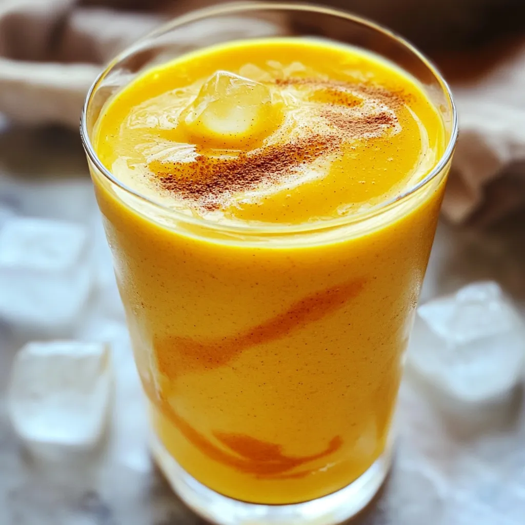 - 1 cup canned pumpkin puree - 1 frozen banana - 1 cup almond milk (or milk of choice) - 1 scoop vanilla protein powder - 1 teaspoon pumpkin spice (or mix of cinnamon, nutmeg, and ginger) - 1 tablespoon maple syrup (optional) - 1/2 teaspoon vanilla extract - 1/2 cup Greek yogurt (optional) - Ice cubes (to taste) To make a Pumpkin Spice Protein Smoothie, you need simple ingredients. Each one adds taste and health. First, the canned pumpkin puree gives a rich, smooth base. It is full of vitamins and fiber. Then, use a frozen banana. This adds natural sweetness and a creamy texture. Almond milk keeps it light but feel free to choose your favorite milk. Next, I recommend adding a scoop of vanilla protein powder. This boosts your smoothie’s protein. The protein helps keep you full longer. You will also need pumpkin spice. It adds cozy flavors. If you don’t have it, a mix of cinnamon, nutmeg, and ginger works well too. For some sweetness, consider adding a tablespoon of maple syrup. This is optional but nice if you have a sweet tooth. A splash of vanilla extract brings everything together. If you want it creamier, add Greek yogurt. This is also optional. Finally, ice cubes help make the smoothie cold and refreshing. Adjust how many you add based on how thick you like your drink. These ingredients work in harmony to create a tasty and healthy sip that you can enjoy any time. - First, grab your blender. Add 1 cup of canned pumpkin puree. - Next, toss in 1 frozen banana. This adds creaminess and sweetness. - Pour in 1 cup of almond milk. You can use any milk you like. - Now, add 1 scoop of vanilla protein powder. This helps you stay full. - Sprinkle in 1 teaspoon of pumpkin spice. You can also mix cinnamon, nutmeg, and ginger. - If you want more sweetness, add 1 tablespoon of maple syrup. This step is optional. - Then, add 1/2 teaspoon of vanilla extract for extra flavor. - If you like it creamy, toss in 1/2 cup of Greek yogurt. - Finally, add ice cubes to your taste. Blend everything on high speed until smooth and creamy. If it’s too thick, add more almond milk. If it’s not sweet enough, add more maple syrup or a bit of honey. Pour the smoothie into a glass or bowl. You can top it with more pumpkin spice or cinnamon if you like. Enjoy your tasty and healthy sip! To get the perfect thickness for your pumpkin spice smoothie, follow these simple steps: - Start with frozen banana: A frozen banana adds creaminess and makes the smoothie thick. If you want it thicker, add more ice cubes. - Adjusting sweetness: Taste your smoothie after blending. If it’s not sweet enough, add a bit more maple syrup or honey. Start with a small amount, then blend again. - Blending tips: Always layer your ingredients correctly in the blender. Add liquids first, then solids. This helps everything blend smoothly and prevents clumps. This smoothie is packed with nutrients that can boost your health: - Key nutrients: It has protein from the protein powder and Greek yogurt. Pumpkin brings fiber, vitamins A and C, and antioxidants. - Health benefits: Pumpkin supports eye health and immunity. Protein helps with muscle repair and keeps you full longer. Adding Greek yogurt gives you probiotics, which are great for your gut health. By focusing on texture and nutrition, you can enjoy a delicious and healthful pumpkin spice protein smoothie that’s perfect for any time of year! {{image_2}} If you want a dairy-free smoothie, try these choices: - Greek yogurt alternatives: Use coconut yogurt or cashew yogurt. They add creaminess and flavor. - Substitutes for almond milk: Swap almond milk for oat milk or coconut milk. These options keep it smooth and tasty. Boost the taste and nutrition with these ideas: - Additional spices: Sprinkle in some nutmeg or cloves for warmth. A dash of vanilla can also lift the flavor. - Nutritional boosters: Add spinach or kale for greens. Chia seeds or flaxseeds can add fiber and healthy fats too. Serving style can change the experience: - Glass vs. bowl: Serve in a tall glass for a refreshing drink. Use a bowl for a smoothie bowl style. - Creative toppings: Top with nuts, seeds, or granola for crunch. A sprinkle of cinnamon or extra pumpkin spice makes it look special. To keep your pumpkin spice protein smoothie fresh, store it in the fridge. Use an airtight container for best results. This way, it stays tasty for about one day. If you want to save it longer, freezing is a great option. To freeze the smoothie, pour it into ice cube trays or freezer-safe bags. This method makes it easy to thaw just what you need. Make sure to leave space in the container, as liquids expand when frozen. If you freeze your smoothie, you’ll need to thaw it before drinking. The best way to thaw is to place it in the fridge overnight. If you're in a rush, put it in a bowl of warm water for about 30 minutes. Once thawed, blend it again to mix in any separated ingredients. This helps restore the smooth texture. Enjoy your healthy sip any time! You can use butternut squash puree or sweet potato puree. Both options give a sweet taste. They also provide a creamy texture. If you want to, you can also use applesauce. It adds a fruity twist to your drink. Yes, you can skip the protein powder. You can add Greek yogurt for extra protein. It makes the smoothie creamy. You can also use nut butter for added nutrition. You can store the smoothie for up to 24 hours in the fridge. Just keep it in a sealed container. The taste is best when fresh, but it will still be good. If it separates, just shake it well before drinking. Yes, you can use fresh pumpkin. First, you need to cook it until soft. Then, mash it or blend it until smooth. Canned pumpkin is easier, but fresh pumpkin is tasty too. It gives the smoothie a homemade touch. This blog post covered a tasty pumpkin smoothie. We explored the ingredients, step-by-step instructions, and useful tips. You learned about variations and healthy benefits, too. Remember, smoothies are easy to customize with flavors and textures. Storing leftovers is simple, so enjoy them later. Whether you want a quick snack or a full meal, this pumpkin smoothie fits the bill. Try out the recipes and make them your own. Enjoy your delicious creation and feel good knowing it’s packed with nutrients!