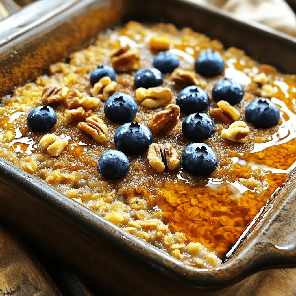 - 2 cups rolled oats - 1/2 cup brown sugar, packed - 1 teaspoon baking powder - 1/2 teaspoon salt - 1 teaspoon ground cinnamon - 2 cups almond milk (or regular milk) - 1/4 cup pure maple syrup - 1 large egg - 1 teaspoon vanilla extract - 1 medium ripe banana, mashed - 1/2 cup chopped nuts (walnuts or pecans) - 1/2 cup fresh or dried fruit (blueberries, raisins, or sliced apples) This recipe shines with its simple, wholesome ingredients. Rolled oats provide a great base. They cook well and give a nice chewy texture. Brown sugar adds sweetness. It blends perfectly with maple syrup's rich flavor. Baking powder helps the bake rise, giving it a fluffy feel. Salt and cinnamon enhance the taste. Almond milk makes it creamy, but regular milk works too. A ripe banana adds moisture and natural sweetness. Eggs bind everything together. Nuts and fruits add crunch and flavor. You can change this recipe to fit your taste. Try adding: - Chopped dark chocolate or chocolate chips - Shredded coconut for a tropical twist - Pumpkin puree for a fall flavor - Different nuts like almonds or pecans - Cinnamon or nutmeg for extra spice These options make the dish more fun and tasty. You can mix and match based on what you have at home. This oatmeal bake is not just tasty; it’s also good for you. Here are some benefits: - Rolled oats: High in fiber, great for digestion. - Brown sugar: A less processed sweetener, providing minerals. - Almond milk: Lower in calories than whole milk and dairy-free. - Bananas: Rich in potassium and vitamins. - Nuts: Full of healthy fats and protein. - Fruits: Packed with vitamins, fiber, and antioxidants. Together, these ingredients create a balanced meal. They provide energy and nutrients to start your day right. Start by preheating your oven to 350°F (175°C). This ensures even cooking. Grease a 9x9-inch baking dish to prevent sticking. In a big bowl, mix 2 cups of rolled oats, 1/2 cup of packed brown sugar, 1 teaspoon of baking powder, 1/2 teaspoon of salt, and 1 teaspoon of ground cinnamon. Stir these dry ingredients well. In another bowl, whisk together 2 cups of almond milk, 1/4 cup of pure maple syrup, 1 large egg, 1 teaspoon of vanilla extract, and 1 mashed banana. Make sure to mix until smooth. Now, pour the wet mix into the dry mix and stir until just combined. Don't overmix! Finally, fold in 1/2 cup of chopped nuts and 1/2 cup of your choice of fresh or dried fruit. Transfer your mixture to the greased baking dish. Spread it out evenly. If you want extra crunch, sprinkle more brown sugar and nuts on top. Bake the oatmeal in the preheated oven for about 30-35 minutes. Look for a golden-brown top. Use a toothpick to check if it’s done. If it comes out clean, it’s ready! To get the best texture, don't overmix the batter. This keeps it light and fluffy. If your bake feels too dry, add a splash more almond milk before baking. Let it cool for a few minutes after baking. This helps it set up nicely. When serving, drizzle with extra maple syrup for added sweetness. Enjoy your warm and tasty oatmeal bake! To make your oatmeal bake creamy, use almond milk or any milk you like. The key is to mix the wet and dry ingredients well. Make sure the banana is very ripe. This adds sweetness and moisture. Stir the mixture gently so you don't break the oats. You want them whole for a nice texture, not mushy. Once your bake cools, store it in an airtight container. It stays fresh in the fridge for up to five days. Cut it into squares for easy serving. You can also wrap individual pieces in plastic wrap. This makes it easy to grab for breakfast or a snack. If you want to keep it longer, freeze it. Just wrap tightly and label the date. To boost flavor, try adding a pinch of salt to the batter. This enhances the sweetness of the maple syrup. You can also use different spices like nutmeg or ginger. For texture, mix in some chopped nuts or seeds. They add a nice crunch. Consider adding a layer of fruit on top before baking. This makes it look pretty and adds freshness. {{image_2}} You can switch the almond milk for any other milk you like. Regular cow's milk works great. If you want a nut-free option, try oat milk or soy milk. Each milk adds its own flavor. Choose based on your taste and what you have at home. While I love brown sugar, you can use other sweeteners. Honey or agave syrup can replace brown sugar. Maple syrup gives a nice flavor too. If you want less sugar, try a sugar substitute like stevia. Adjust the amount based on how sweet you want it. Fruits make this dish fun and tasty. You can use blueberries, raisins, or chopped apples. Try mixing dried fruits like cranberries or apricots for a twist. For nuts, walnuts or pecans are great, but you can also use almonds. Experiment with your favorite fruits and nuts for a custom bake! To keep your Maple Brown Sugar Oatmeal Bake fresh, let it cool first. Then, cut it into squares. Place the squares in an airtight container. You can store it in the fridge for up to five days. Make sure to cover the container well. This will help keep the moisture in and prevent it from drying out. If you want to save some for later, freezing is a great option. After cooling, slice the oatmeal bake into squares. Wrap each square tightly in plastic wrap. Then, place them in a freezer-safe bag or container. This way, you can enjoy them for up to three months. When you’re ready to eat, just thaw in the fridge overnight. Reheating your oatmeal bake is easy. For the oven, preheat it to 350°F (175°C). Place a square on a baking sheet and heat for about 10-15 minutes. If you prefer the microwave, place a square on a microwave-safe plate. Heat for about 30-45 seconds. You can drizzle a little extra maple syrup on top for added flavor. Enjoy your warm and tasty treat! Yes, you can use quick oats. However, it may change the texture. Quick oats absorb liquid faster, making the bake softer. If you prefer a firmer texture, stick with rolled oats. To make the oatmeal bake vegan, replace the egg with a flax egg. Mix one tablespoon of ground flaxseed with three tablespoons of water. Let it sit for five minutes to thicken. Use plant-based milk, like almond or oat milk, and ensure your maple syrup is pure. You can try these healthy toppings: - Fresh berries (like blueberries or strawberries) - Sliced bananas - Chopped nuts (walnuts or almonds) - A drizzle of extra maple syrup - A sprinkle of chia seeds or hemp seeds The oatmeal bake lasts about five days in the fridge. Store it in an airtight container to keep it fresh. You can reheat it in the oven or microwave for a quick breakfast. In this article, we explored how to create a delicious Maple Brown Sugar Oatmeal Bake. We covered essential ingredients, step-by-step preparation, and unique tips for perfecting it. You learned about customizing flavors and storing leftovers. This recipe is versatile and nutritious. It fits any meal or occasion. With a few tweaks, you can make it your own. Enjoy experimenting and savoring each bite!
