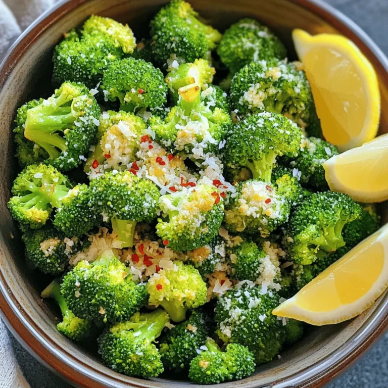 To make this dish, you need fresh broccoli florets. Use about 1 pound. Fresh broccoli gives the best taste and texture. Make sure to rinse it well before cooking. For flavor, gather these ingredients: - 3 tablespoons olive oil - 4 cloves garlic, minced - 1/4 cup grated Parmesan cheese - 1 teaspoon onion powder - Salt and pepper to taste These seasonings work together to create a rich, tasty dish. Olive oil helps the broccoli crisp up. Garlic adds a nice kick. Parmesan cheese gives a creamy finish, while onion powder adds depth. If you like a bit of heat, try adding red pepper flakes. Use about 1/2 teaspoon for a mild spice. You can also experiment with lemon juice. Squeezing the juice of 1/2 lemon before serving brightens the flavor. Start by rinsing 1 pound of fresh broccoli florets under cold water. This helps remove any dirt. After rinsing, pat the broccoli dry with a kitchen towel. It’s important to get it as dry as possible. This step makes the broccoli crispier in the air fryer. If there is water, it will steam instead of crisp. In a large bowl, combine 3 tablespoons of olive oil, 4 minced garlic cloves, and salt and pepper to taste. Add 1 teaspoon of onion powder and 1/2 teaspoon of red pepper flakes if you like some heat. Mix these ingredients well. Then, add the dry broccoli florets to the bowl. Toss everything together until the broccoli is well coated. Preheat the air fryer to 400°F (200°C). Place the seasoned broccoli in a single layer in the air fryer basket. If it’s too crowded, cook in batches. Air fry for 8 to 10 minutes. Shake the basket halfway through to ensure even cooking. When done, the broccoli should be tender and crispy. Enjoy the tasty garlic and Parmesan flavor! To get your broccoli crispy, start with dry florets. After rinsing, pat them dry with a towel. The less moisture, the better the crisp. Use enough olive oil to coat each piece. This helps them crisp up nicely in the air fryer. Set your air fryer to 400°F. Cook the broccoli for 8 to 10 minutes. Check it halfway through. Give the basket a shake to ensure even cooking. If you see it turning brown too fast, lower the cook time. You want tender, not mushy broccoli. Cut your broccoli into even-sized florets. Aim for about 1 to 2 inches. This size cooks evenly and crisps well. If your pieces are too small, they may burn. If they are too big, they may not cook through. A little care in cutting will make a big difference! {{image_2}} You can mix things up by adding different cheeses. Try using cheddar, feta, or even a sprinkle of goat cheese. Each cheese gives a unique flavor. For a creamy twist, add cream cheese. You can also use vegan cheese for a plant-based option. Choose a cheese that melts well for the best results. Feel free to experiment with other spices. Try adding smoked paprika for a smoky taste. A pinch of cumin brings warmth to the dish. For a bold kick, add cayenne pepper or chili powder. You can also toss in some herbs like thyme or rosemary for extra flavor. Always taste as you go to find your perfect blend. If you don’t have an air fryer, you can roast the broccoli in the oven. Spread the seasoned broccoli on a baking sheet and bake at 425°F (220°C) for about 15-20 minutes. Stir halfway through for even cooking. You can also steam the broccoli briefly and then add the cheese and seasonings. This method keeps the broccoli bright green and tender. To store leftover garlic Parmesan broccoli, let it cool first. Place it in an airtight container. Store it in the fridge for up to three days. Keep it away from strong-smelling foods to avoid flavor changes. For the best taste, reheat in the air fryer. Set it to 350°F (175°C). Heat for about 5 minutes, shaking halfway. This keeps the broccoli crispy. You can also use a microwave, but it may get soft. If you want to freeze it, do so right after cooking. Use a freezer-safe container or bag. Squeeze out as much air as you can. It can last up to three months in the freezer. To eat, thaw in the fridge overnight and reheat in the air fryer for crispiness. Yes, you can use frozen broccoli. However, fresh broccoli gives the best taste and texture. If you choose frozen, make sure to thaw and drain it well. Excess moisture can lead to soggy broccoli in the air fryer. You can roast garlic parmesan broccoli in the oven. Preheat your oven to 425°F (220°C). Prepare the broccoli as you would for the air fryer. Spread the seasoned broccoli on a baking sheet in a single layer. Roast for 20-25 minutes, stirring halfway. This method gives a nice roasted flavor. Garlic parmesan broccoli pairs well with many dishes. You can serve it with grilled chicken or fish. It also works great with pasta or as a side for steak. For a complete meal, add a fresh salad or some crusty bread. We explored how to make tasty garlic parmesan broccoli in your air fryer. Fresh ingredients and the right seasonings make all the difference. I shared tips for perfect crispiness, avoiding overcooking, and choosing the right broccoli size. Don't forget to try fun variations and learn smart storage methods. Keep these points in mind for delicious results every time you cook. Enjoy your cooking and impress everyone with this easy recipe!