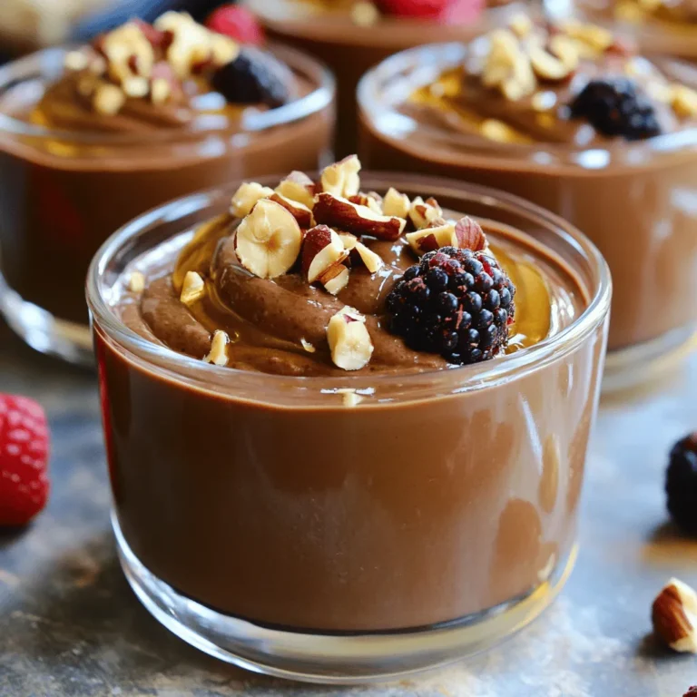 - 1 cup cottage cheese - 1/2 cup dark chocolate chips - 1/4 cup hazelnut spread - 2 tablespoons cocoa powder - 2 tablespoons honey or maple syrup - 1 teaspoon vanilla extract - A pinch of salt The main ingredients create a rich and creamy mousse. Cottage cheese gives a nice base. Dark chocolate chips add deep flavor. Hazelnut spread brings sweetness and nuttiness. Cocoa powder intensifies the chocolate taste. Honey or maple syrup sweetens the mix, while vanilla adds warmth. A pinch of salt enhances all the flavors. - Chopped hazelnuts - Fresh berries (optional) Garnishes make your mousse look pretty and tasty. Chopped hazelnuts add crunch and more hazelnut flavor. Fresh berries, like strawberries or raspberries, can add a pop of color and freshness. They also provide a nice contrast to the rich mousse. - Dairy-free options for chocolate and cottage cheese - Alternative sweeteners If you want a dairy-free mousse, use dairy-free chocolate chips. For a creamy base, try a dairy-free cottage cheese made from nuts. You can also swap honey for agave syrup or use stevia for a low-calorie option. This way, you can still enjoy the mousse while meeting your dietary needs. Start by melting the chocolate chips. Use a microwave-safe bowl. Heat the chocolate in 30-second bursts. Stir after each interval until it becomes smooth. Next, blend the cottage cheese and other components. In a blender or food processor, add the cottage cheese. Pour in the melted chocolate, hazelnut spread, cocoa powder, honey or maple syrup, vanilla extract, and a pinch of salt. Blend until you achieve a smooth consistency. This is key for a rich mousse. Stop the blender to scrape down the sides. This helps mix in any bits that stick to the walls. Taste the mousse after blending. If you want it sweeter, add more honey or maple syrup. Blend again to mix it well. Chill the mousse in the fridge for at least one hour. This helps it set and become thick. When ready to serve, spoon the mousse into clear cups or bowls. This shows off the creamy texture. Top with chopped hazelnuts and fresh berries for a beautiful finish. To get a smooth and creamy mousse, blend well. Start with soft cottage cheese. This helps avoid lumps. When you melt the dark chocolate, make sure it's not too hot. If it’s too hot, it can cook the cheese. Blend the melted chocolate with the other ingredients until smooth. Don't rush; scrape down the sides as needed. Chilling is key for the best texture. After blending, chill the mousse for at least one hour. This allows it to set and become firm. The cold helps the flavors mix well too. Store your mousse in an airtight container. This keeps it fresh and tasty. If you have leftovers, try to finish them within three days. To maintain freshness, place plastic wrap directly on the mousse's surface. This prevents it from forming a crust. For a stunning presentation, use clear glass cups. This shows off the mousse's rich color. You can add a dollop of whipped cream on top for extra flair. Pair your mousse with a cup of coffee or a glass of almond milk. The flavors work well together. You can also serve it with fresh fruit for a pop of color and flavor. {{image_2}} You can play with flavors in your Chocolate Hazelnut Cottage Cheese Mousse. Adding spices can make a big difference. A pinch of cinnamon gives warmth to the mousse. If you love coffee, try adding a dash of espresso. This can bring out the chocolate flavor even more. You can also switch up the nut spreads. Instead of hazelnut, try almond or cashew spread. Each one will give you a new taste. Mixing in peanut butter can also create a fun twist. If you follow a vegan diet, you can still enjoy this mousse. Use dairy-free chocolate and a plant-based cottage cheese alternative. There are many brands that offer great options. You can also opt for maple syrup instead of honey. This keeps the recipe vegan-friendly. For those needing gluten-free options, you’re in luck! This mousse is naturally gluten-free. Just make sure all your ingredients are labeled gluten-free. This way, you can enjoy it without worry. How you serve the mousse can change the experience. You can serve it in small cups for individual servings. This makes it easy to share and looks nice on a table. If you prefer, you can put it in a larger bowl for a family-style dessert. Just scoop out portions as needed. Garnish ideas can also be fun. Besides chopped hazelnuts, you can add fresh berries on top. They add color and a fruity taste. You could also drizzle some melted chocolate for extra flair. Cottage cheese is a great source of protein. One cup offers around 28 grams. It also has calcium, which helps build strong bones. The probiotics in cottage cheese aid digestion and gut health. Dark chocolate has its own perks. It is rich in antioxidants. These antioxidants help fight free radicals in the body. Dark chocolate may also improve heart health and boost mood. A small amount can make you feel good. Each serving of this mousse has about 230 calories. You get a mix of protein and healthy fats from the cottage cheese and hazelnut spread. The dark chocolate adds flavor and some sweetness. Here’s the macronutrient breakdown per serving: - Protein: 10 grams - Carbohydrates: 25 grams - Fats: 10 grams You can easily lower the sugar in this mousse. Swap honey or maple syrup for a sugar-free sweetener. This change keeps the taste while cutting calories. Adding ingredients like chia seeds or ground flaxseed can boost fiber. These additions help with digestion and keep you full longer. You can swap the cottage cheese for silken tofu. It blends well and keeps the mousse creamy. Use dairy-free dark chocolate chips for a vegan option. Replace honey with maple syrup for sweetening. This way, you keep all the flavors without dairy. Yes, you can! Cream cheese gives a rich taste. Ricotta adds a light texture. Just blend until smooth. Each cheese will change the taste slightly, but they all work. Experiment with what you like best. The mousse stays fresh for about 3 to 5 days. Store it in an airtight container. This keeps it from drying out or picking up other smells. Always check for any changes in smell or texture before eating. Yes, you can freeze it! Just scoop the mousse into a freezer-safe container. It can last for about a month in the freezer. When ready to eat, thaw it overnight in the fridge. The texture may change slightly, but it will still taste great. This blog post showcased how to make a delicious Chocolate Hazelnut Cottage Cheese Mousse. We covered key ingredients, step-by-step instructions, and helpful tips. I shared variations to fit different diets and tastes, along with nutritional details. You now have the tools to create this treat at home. Enjoy personalizing it for your needs. I’m excited for you to try these recipes. Have fun mixing flavors and impressing your friends!