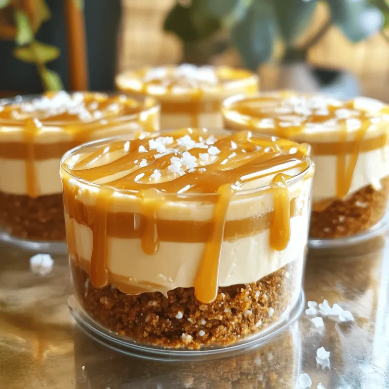 To create No-Bake Salted Caramel Pretzel Cheesecake Cups, you need a few simple ingredients. Each one plays a key role in making this treat delicious and fun. Here’s what you will need: - 1 cup crushed pretzels - 1/4 cup unsalted butter, melted - 2 tablespoons brown sugar - 8 oz cream cheese, softened - 1/2 cup powdered sugar - 1 teaspoon vanilla extract - 1 cup heavy cream - 1/2 cup salted caramel sauce (store-bought or homemade) - Sea salt flakes for garnish Using crushed pretzels gives a nice crunch and salty flavor. The butter helps bind the pretzels together for a great crust. Brown sugar adds a hint of sweetness to the crust. Cream cheese is the star of the cheesecake filling, making it rich and creamy. Powdered sugar sweetens the filling without making it gritty. Vanilla extract adds a warm flavor that enhances the cheesecake. Heavy cream is essential for the light and fluffy texture. Salted caramel sauce brings a sweet and salty element, making each bite exciting. Finally, sea salt flakes on top give a lovely finish. These ingredients work together to create layers of taste and texture. Each cup looks beautiful and tastes amazing. You will love how easy it is to put together! First, you need to mix the crust. In a medium bowl, combine 1 cup of crushed pretzels, 1/4 cup of melted unsalted butter, and 2 tablespoons of brown sugar. Stir until the pretzels are fully coated. This mixture should feel like wet sand. Next, it's time to create the crust in your serving cups. Spoon about 2 tablespoons of this pretzel mix into each cup. Use your fingers or a small spoon to press it down firmly. This gives you a solid base for your cheesecake. Set these aside while you make the filling. Now, let’s make the cheesecake filling. In a large bowl, beat 8 oz of softened cream cheese using an electric mixer. Mix until smooth. Gradually add 1/2 cup of powdered sugar and 1 teaspoon of vanilla extract while mixing. Make sure it is well combined and creamy. Next, whip 1 cup of heavy cream in a separate bowl. Keep whipping until stiff peaks form. This means the cream should hold its shape. Gently fold this whipped cream into the cream cheese mixture. Do this in two parts to keep it fluffy. It's assembly time! Spoon or pipe the cheesecake filling on top of your pretzel crust in each cup. Smooth the top with a spatula if needed. Now, drizzle about 1 tablespoon of salted caramel sauce over the cheesecake layer in each cup. You can swirl it to make a pretty design. This adds a sweet touch and a rich flavor. Cover your cups with plastic wrap and place them in the fridge. Chill for at least 4 hours or until set. This helps the flavors blend and the texture to firm up. When ready to serve, sprinkle a pinch of sea salt flakes on top of each cup. This adds a nice crunch and balances the sweetness. You can also drizzle more caramel sauce for a lovely finish. Enjoy your delicious treat! To get the best texture in your cheesecake cups, start with room temperature cream cheese. Cold cream cheese is hard to mix and may leave lumps. Let it sit out for about 30 minutes before mixing. As you beat the cream cheese, it should become smooth and creamy. When whipping the heavy cream, stop as soon as you see stiff peaks form. This step is key to keeping your cheesecake light and fluffy. Gently fold the whipped cream into the cream cheese mix. Use a spatula and work in two parts. This helps avoid deflating the whipped cream. Choose clear cups or glasses to show off those beautiful layers. Clear dishes not only look great but also make it easy to see the crust, cheesecake, and caramel. For an extra touch, drizzle some caramel sauce on top before serving. You can also add a sprinkle of sea salt for that perfect sweet and salty combo. One common issue is crust consistency. Make sure you crush the pretzels well and mix them with the melted butter and brown sugar. If the crust is too crumbly, it won’t hold together. Press it down firmly in the cups. Another mistake is overmixing the cheesecake filling. Once you add the whipped cream, mix just until combined. Overmixing can lead to a dense cheesecake instead of a light one. Keep it gentle, and your cheesecake will be a hit! {{image_2}} You can change up your No-Bake Salted Caramel Pretzel Cheesecake Cups with fun toppings. Here are some ideas: - Chocolate Drizzle: Melt chocolate and drizzle it over the top. It adds richness. - Chopped Nuts: Add crushed nuts like pecans or almonds for crunch. - Fresh Fruit: Top with berries for a fresh touch. You can also try different flavors. For example, swap the cream cheese for chocolate cheesecake. This gives a rich, chocolatey twist to the dessert. If you need gluten-free options, use gluten-free pretzels for the crust. They work just as well and taste great. For dairy-free needs, substitute the cream cheese with a dairy-free version. You can find options made from nuts or soy. This way, everyone can enjoy this treat! To store your No-Bake Salted Caramel Pretzel Cheesecake Cups, place them in the fridge. Cover each cup with plastic wrap or a lid. This keeps them fresh and prevents odors from mixing. They can last for up to three days in the fridge. Maintaining texture is key. The whipped cream can lose its fluff over time. To keep it light, avoid pressing down on the cups when you cover them. Also, do not add the caramel sauce until ready to serve. This keeps the topping fresh and tasty. You can freeze these cheesecake cups for longer storage. First, make sure they are well-covered. Use plastic wrap or an airtight container. This prevents freezer burn. They can stay frozen for up to one month. When ready to enjoy, thaw them in the fridge overnight. This helps maintain their creamy texture. Avoid using a microwave, as it can change the texture. Enjoy your delicious dessert! These cheesecake cups last up to five days in the fridge. Make sure to keep them covered. The pretzel crust may soften over time, but the taste stays great. Yes, you can use store-bought caramel sauce. It saves time and still tastes delicious. Look for a high-quality sauce to enhance the flavor. You can use Greek yogurt or silken tofu. Both will give a creamy texture. Keep in mind that flavors may change a bit, but they still work well. The cheesecake is set when it feels firm to the touch. If it jiggles slightly, it needs more chilling time. Aim for at least four hours in the fridge. Absolutely! You can prepare these cups a day in advance. This makes them a great option for parties or gatherings. Just add the sea salt and caramel before serving. This blog shared a great recipe for No-Bake Salted Caramel Pretzel Cheesecake Cups. We covered the ingredients, step-by-step instructions, and important tips. I also shared fun variations and storage advice. Remember, the key to a tasty cheesecake is using room temperature cream cheese and beating the mixture gently. You can customize these cups to fit your taste or dietary needs easily. Enjoy making your dessert, and don’t forget to share it with friends!