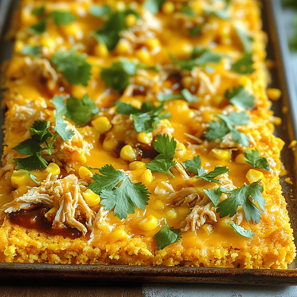 - Chicken and Sauce Components - 2 cups cooked shredded chicken - 1 cup BBQ sauce (your favorite brand) - Cornbread Batter Components - 1 cup corn kernels (fresh, frozen, or canned) - 1 cup shredded cheddar cheese - 1 cup all-purpose flour - 1 cup cornmeal - 1 tablespoon baking powder - 1/2 teaspoon salt - 1/4 cup sugar - 2 large eggs - 1 cup milk - 1/4 cup vegetable oil - 1/2 teaspoon smoked paprika (optional, for added flavor) Gather these ingredients before you start. You will need cooked chicken and BBQ sauce for the main flavors. Corn kernels and cheese add texture and taste to the cornbread. All-purpose flour and cornmeal form the base of the batter. Baking powder helps it rise, while salt and sugar balance the flavors. Eggs, milk, and oil create the perfect batter. Smoked paprika adds a nice twist if you want a smoky taste. Using good quality ingredients makes the dish better. Choose your favorite BBQ sauce for the best flavor. 1. Preheating and Sheet Pan Preparation Start by preheating your oven to 400°F (200°C). Line a large baking sheet with parchment paper or lightly grease it. This step prevents sticking and makes cleanup easy. 2. Mixing Chicken and BBQ Sauce In a medium bowl, take 2 cups of cooked shredded chicken. Add 1 cup of your favorite BBQ sauce. Mix until the chicken is well-coated. Set this aside for later. 3. Combining Dry Ingredients Grab a large mixing bowl. Whisk together 1 cup of all-purpose flour, 1 cup of cornmeal, 1 tablespoon of baking powder, 1/2 teaspoon of salt, 1/4 cup of sugar, and 1/2 teaspoon of smoked paprika if you want a smoky flavor. This blend creates a tasty base for your cornbread. 4. Mixing Wet Ingredients In another bowl, mix 2 large eggs, 1 cup of milk, and 1/4 cup of vegetable oil until smooth. This mixture adds moisture and richness to the cornbread. 5. Assembling the Dish Gradually pour the wet ingredients into the dry ingredients. Stir gently until just combined. Be careful not to overmix. Fold in 1 cup of corn kernels and half of the shredded cheddar cheese. Spread the cornbread batter evenly on the prepared sheet pan. Use a spatula to create a slight well in the center. 6. Baking Time and Doneness Check Spoon the BBQ chicken mixture over the cornbread batter. Spread it evenly. Top with the remaining cheddar cheese. Bake for 20-25 minutes. Check doneness by inserting a toothpick into the cornbread. It should come out clean when done. After baking, let it cool for a few minutes before slicing into squares. Enjoy your delicious Sheet-Pan BBQ Chicken Cornbread Bake! Avoiding Overmixing the Cornbread Batter When making cornbread, mix just enough to combine. Overmixing makes the bread tough. You want a light and fluffy texture. Stir until you see no dry flour. Then stop mixing. Ensuring Even Baking of the Cornbread To bake evenly, spread the batter flat on the pan. Use a spatula to make a slight well in the center. This helps the cornbread rise evenly and cook through without burning on the edges. Adjusting BBQ Sauce to Taste Your BBQ sauce can change the dish's flavor. Taste it before using. If it is too sweet, add a splash of vinegar. If too tangy, a little honey can help. Make it your own! Garnishing Ideas Garnish the dish with fresh cilantro or parsley. This adds color and freshness. You can also drizzle extra BBQ sauce over the top for a tasty finish. Serving Suggestions Serve this bake warm. Cut it into squares and place on plates. Pair it with a simple salad or coleslaw for a complete meal. Enjoy every bite! {{image_2}} You can easily change the proteins in this dish. Try using pulled pork instead of chicken. It adds a nice twist. For a vegetarian option, swap in tofu. Just make sure to press it to remove extra moisture. Another fun change is the BBQ sauce. You can pick from sweet, tangy, or spicy sauces. This lets you match the dish to your taste. A chipotle BBQ sauce can add a smoky kick, while a honey BBQ sauce brings sweetness. If you need a gluten-free option, swap the all-purpose flour for a gluten-free blend. There are many good brands available. Make sure your baking powder is also gluten-free. For a dairy-free version, use non-dairy milk and skip the cheese. You can use nutritional yeast for a cheesy flavor. This keeps the dish tasty while meeting dietary needs. To keep your Sheet-Pan BBQ Chicken Cornbread Bake fresh, follow these tips: - Best Practices for Refrigeration: Let the dish cool down before storing. Cut it into squares and place them in an airtight container. It will stay fresh in the fridge for up to 3 days. - Freezing Options: You can freeze leftovers too! Wrap the squares tightly in plastic wrap and then in aluminum foil. This helps prevent freezer burn. They will keep well for up to 3 months. When it’s time to enjoy your leftovers, here’s how to reheat them: - Oven vs. Microwave Tips: For the best taste, use the oven. Preheat it to 350°F (175°C). Place the squares on a baking sheet and cover them with foil. Heat for about 15-20 minutes. If you’re in a hurry, you can use the microwave. Place a square on a microwave-safe plate and cover it with a damp paper towel. Heat for about 1-2 minutes, checking to see if it’s warm throughout. These methods will keep your meal tasty and enjoyable! Yes, you can prepare this dish ahead of time. You can make the cornbread batter and the BBQ chicken mix a day before. Just store them in the fridge. When you are ready to bake, spread the cornbread batter on the pan and add the chicken mixture. Bake as directed. You can check the cornbread by using a toothpick. Insert the toothpick into the cornbread part. If it comes out clean, the cornbread is done. You should also see a nice golden brown color on top. Absolutely! If you have a homemade cornbread mix, go ahead and use it. Just follow the instructions for mixing. Then, add the corn and cheese as directed. This will give a lovely twist to the dish. This dish goes well with a simple salad. You can also serve it with coleslaw or baked beans. These sides add freshness and balance to the rich flavors of the bake. Enjoy your meal with your favorite drink too! This blog post covers the tasty Sheet-Pan BBQ Chicken Cornbread Bake. I shared the key ingredients and each step to prepare this dish. You learned tips to get the best cornbread and ways to serve it nicely. We also explored ingredient swaps and storage tips, so leftovers stay fresh. Try this recipe to delight your friends and family. With these simple steps, you can make a dish that everyone will love! Enjoy your cooking!