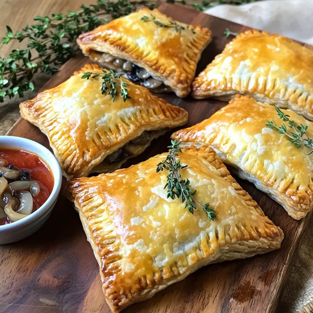 - 2 cups all-purpose flour - 1/2 teaspoon salt - 1/2 cup unsalted butter, cold and cubed - 6-8 tablespoons ice water - 2 cups finely chopped mushrooms (shiitake and cremini mix) - 1 small onion, finely diced - 2 cloves garlic, minced - 1 teaspoon fresh thyme leaves (or 1/2 teaspoon dried thyme) - 1 tablespoon olive oil - 1/2 cup cream cheese, softened - Salt and pepper to taste - 1 egg, beaten Having the right ingredients is key to great hand pies. I love using a mix of shiitake and cremini mushrooms for the filling. This combo gives a rich, deep flavor. Fresh thyme is my go-to herb for that earthy touch. Don’t skip the cream cheese; it makes the filling creamy and smooth. Make sure your butter is cold. Cold butter helps create a flaky crust. Use ice water to keep the dough cool and workable. The egg wash gives the hand pies a lovely golden color when baked. This mix of flavors and textures makes each bite delicious. To start, I combine 2 cups of all-purpose flour with 1/2 teaspoon of salt in a large bowl. Next, I add 1/2 cup of cold, cubed unsalted butter. Using my fingers or a pastry cutter, I blend the butter until it looks like coarse crumbs. Then, I gradually add 6-8 tablespoons of ice water, one tablespoon at a time. I mix until the dough comes together. After that, I divide the dough into two discs, wrap them in plastic wrap, and place them in the fridge for at least 30 minutes. For the filling, I heat 1 tablespoon of olive oil in a skillet over medium heat. I add a finely diced small onion and sauté it until it's translucent, which takes about 4-5 minutes. I then add 2 minced cloves of garlic and cook for another minute until I smell that wonderful aroma. After that, I toss in 2 cups of finely chopped mushrooms and 1 teaspoon of fresh thyme. I cook this mixture until the mushrooms release their moisture and it evaporates, which takes about 8-10 minutes. I season it with salt and pepper, then remove it from the heat. Once slightly cooled, I mix in 1/2 cup of softened cream cheese until it’s smooth. I preheat the oven to 375°F (190°C). On a floured surface, I roll out one disc of the dough to about 1/8 inch thick. Using a biscuit cutter or small bowl, I cut out circles that are about 4-5 inches in diameter. For each circle, I spoon about 1 tablespoon of the mushroom filling into the center. I then fold the dough over to make a half-moon shape and crimp the edges with a fork to seal them. I repeat this process with the rest of the dough and filling. Next, I place the hand pies on a lined baking sheet. I brush the tops with a beaten egg for a nice golden finish. To let steam escape, I make a small slit on top of each pie. I then bake them in the preheated oven for 25-30 minutes, or until they turn golden brown. Using cold ingredients is key. Cold butter helps the pie crust stay flaky. It keeps the fat from melting before baking. This results in a light, crispy crust. Always chill your butter before use. When kneading, be gentle. Overworking the dough can make it tough. Mix until just combined. Roll it out evenly on a floured surface. Aim for 1/8 inch thick. This thickness ensures even cooking. Cheese can make your filling richer. Try adding sharp cheddar or creamy goat cheese. These cheeses enhance the taste and create a creamy texture. You can also experiment with spices and herbs. Add a pinch of nutmeg for warmth. A dash of smoked paprika introduces depth. Fresh herbs like parsley or chives can brighten each bite. Crimping is important. It keeps the filling from leaking out while baking. Use a fork to press the edges together. This creates a nice pattern and seals the pie. For extra security, you could use egg wash on the edges. This helps them stick better. Always make slits on top for steam to escape. This prevents sogginess. {{image_2}} You can make these hand pies without mushrooms. Try using other veggies like spinach or zucchini. Just chop them finely. You can also create a cheese-only filling. Use cream cheese with herbs for a tasty twist. For a hearty option, add cooked sausage or chicken to the filling. This will give your hand pies a new flavor profile. Try adding spices like paprika or herbs like rosemary for depth. Cook the meat first to ensure it is safe to eat. If you need a gluten-free option, swap all-purpose flour with gluten-free flour. It works well, but you may need to add more ice water. This will help the dough hold together better. To store leftovers properly, let your hand pies cool. Place them in an airtight container. This keeps them fresh. Use a container that seals tightly to avoid air. You can keep them in the fridge for up to three days. For freezing uncooked hand pies, prepare them as usual but do not bake. Place the filled hand pies on a baking sheet. Freeze them in a single layer for about two hours. Once frozen, transfer them to a freezer bag. Label the bag with the date. Uncooked hand pies can last up to three months in the freezer. To thaw and reheat frozen hand pies, remove them from the freezer. Let them thaw in the refrigerator overnight. You can bake them directly from the freezer, but add 5-10 minutes to the baking time. For the best texture, use an oven to reheat hand pies. Preheat the oven to 350°F (175°C). Place the pies on a baking sheet and heat for about 10-15 minutes. This keeps the crust crispy. If you use a microwave, the crust may become soggy. If you must, heat them in short bursts. Use a paper towel to soak up excess moisture. This will help maintain some crispiness. To make dough less sticky, adjust the flour amount. Start with two cups of flour. If the dough feels wet, add more flour, one tablespoon at a time. Mix well after each addition. Cold butter is key. It helps keep the dough firm. Use chilled tools for mixing, too. If your hands get sticky, lightly flour them. This keeps the dough manageable while you work. Yes, you can use dried thyme. However, fresh thyme has a brighter flavor. You need less dried thyme. Use half the amount of dried thyme. So, use 1/2 teaspoon instead of 1 teaspoon. Dried herbs are often more potent. If you prefer fresh flavors, stick with fresh thyme. Both options will still taste good, but the fresh thyme shines in this dish. You can make hand pies ahead easily. Prepare the dough and filling first. Chill the dough in the fridge for up to two days. Store the filling in a sealed container. Assemble the pies when you are ready to bake. You can also freeze the unbaked pies. Wrap them well in plastic wrap. Bake them straight from the freezer, adding a few extra minutes. Mushroom thyme hand pies taste great with many sauces. Marinara sauce adds a nice tomato flavor. Garlic aioli gives a creamy and rich touch. You could also try a balsamic reduction for a sweet and tangy kick. For a spicy twist, serve with sriracha or a spicy mayo. Each sauce will enhance the mushroom flavor in a unique way. You now have all the tools to make delicious handheld pies. We covered the main ingredients, step-by-step instructions, and helpful tips. Don't forget the fun variations you can try! Whether you want to mix in meat or keep it vegetarian, these pies can fit your taste. Store leftovers for later or freeze them for convenience. Enjoy experimenting and sharing your tasty creations. With practice, you'll master these hand pies and impress everyone. Happy cooking!