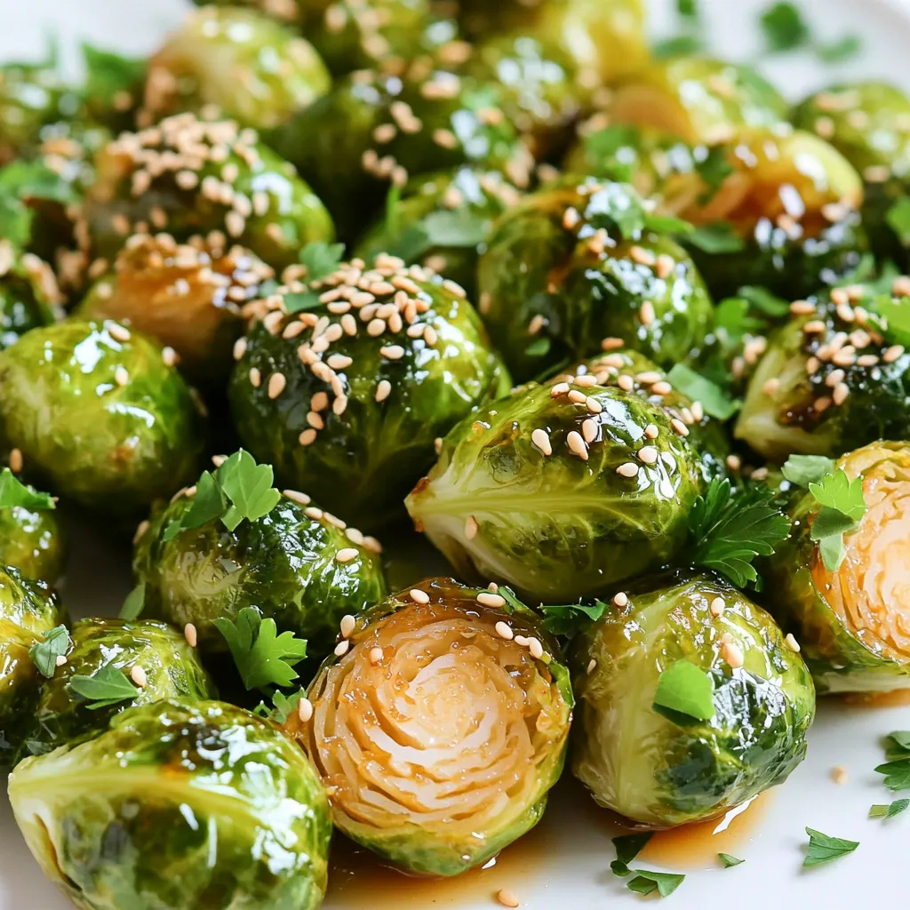 When making Air Fryer Honey Garlic Brussels Sprouts, you need fresh and tasty ingredients. Here’s what you will need: - Fresh Brussels sprouts - Olive oil - Honey and garlic - Soy sauce alternatives - Seasonings and garnishes Fresh Brussels Sprouts: Choose 1 pound of Brussels sprouts. Look for bright green ones. Trim and halve them for even cooking. Olive Oil: You will need 2 tablespoons of olive oil. This helps them crisp up nicely. Honey and Garlic: Use 3 tablespoons of honey and 2 cloves of minced garlic. This mix gives the sprouts a sweet and savory flavor. Soy Sauce Alternatives: One tablespoon of soy sauce works well. You can use tamari. This is great if you need a gluten-free option. Seasonings and Garnishes: Add salt and pepper to taste. For some heat, include 1/4 teaspoon of crushed red pepper flakes. Finally, garnish with sesame seeds and fresh parsley to make your dish look nice. These ingredients combine to create a delightful dish that is both easy to make and full of flavor. Enjoy your cooking! First, set your air fryer to 375°F (190°C). This is the perfect temperature for crisping up those Brussels sprouts. Let it preheat for about 5 minutes. Preheating helps cook them evenly and brings out their best flavor. Grab 1 pound of Brussels sprouts. Trim off the ends and cut them in half. Place them in a large bowl. Add 2 tablespoons of olive oil, salt, and pepper to taste. Mix well until each sprout is coated nicely. This step adds flavor and helps them crisp up in the air fryer. In a small bowl, whisk together 3 tablespoons of honey, 2 cloves of minced garlic, and 1 tablespoon of soy sauce. If you like a little heat, add 1/4 teaspoon of crushed red pepper flakes. This sauce will give your Brussels sprouts a sweet and savory kick. Now, add the Brussels sprouts to the air fryer basket in a single layer. Cook them for 10 minutes. Remember to shake the basket halfway through cooking. This ensures they cook evenly and get that nice golden color. After 10 minutes, carefully remove the basket. Drizzle the honey garlic sauce over the Brussels sprouts. Toss them gently to coat them well. Return the Brussels sprouts to the air fryer and cook for another 5 minutes. They should look crispy and delicious when done. Once cooked, transfer the Brussels sprouts to a serving dish. For a beautiful finish, sprinkle with sesame seeds and chopped fresh parsley. These add a nice touch and make your dish pop. Enjoy your tasty air fryer honey garlic Brussels sprouts! Set your air fryer to 375°F (190°C). This temperature cooks the Brussels sprouts evenly. It helps them become tender inside while staying crispy outside. Preheating for five minutes is key. This step ensures the sprouts start cooking right away. To achieve that perfect crunch, make sure to space the Brussels sprouts out in the basket. If they overlap, they won’t crisp up well. Toss them in olive oil, salt, and pepper for flavor. Shaking the basket halfway through cooking helps them cook evenly. You can tweak the sweetness to fit your taste. If you want it sweeter, add more honey. For a less sweet dish, reduce the amount of honey. The garlic and soy sauce balance the sweetness. Adding crushed red pepper flakes gives a nice kick. Start by trimming the ends of the Brussels sprouts. Cut them in half to help them cook faster. Wash them well under cold water. Dry them thoroughly to ensure they crisp up. Following these tips makes a big difference in texture and flavor. {{image_2}} You can mix in other veggies for extra flavor. Try adding carrots, broccoli, or bell peppers. Cut them to match the size of the Brussels sprouts. This way, they cook evenly. The air fryer will give everything a nice crisp. If you want to swap honey, use maple syrup or agave. These sweeteners work well and add their own unique taste. Adjust the amount based on how sweet you want your dish. Just remember, some sweeteners are thinner than honey, so it may change the sauce's texture. Want some heat? Add more crushed red pepper flakes. You can also mix in hot sauce for a spicy kick. Start small and taste as you go. This will help you find the perfect balance of sweet and spicy. For a vegan twist, replace honey with maple syrup. The flavor will still be sweet and tasty. Check your soy sauce brand to ensure it's vegan. This way, you can enjoy a delicious dish that fits your diet. Store leftover honey garlic Brussels sprouts in an airtight container. They stay fresh for about 3 days in the fridge. Make sure they cool down to room temperature before sealing them. This prevents moisture buildup, which can make them soggy. You can freeze these Brussels sprouts if you want to save them. Place them in a freezer-safe bag. They will last for about 2 months in the freezer. When you’re ready to eat, thaw them in the fridge overnight. To reheat, use the air fryer for the best results. Set it to 350°F (175°C) for about 5 minutes. This keeps them crispy. You can also microwave them, but they may lose some crunch. Enjoy them warm, just like when they were fresh! Brussels sprouts take about 15 minutes in the air fryer. First, cook them for 10 minutes. Then, add the honey garlic sauce and cook for another 5 minutes. This method gives you crispy, tasty sprouts. Yes, you can use frozen Brussels sprouts. Just remember they may need a bit more cooking time. Thaw them first for best results. This helps them cook evenly and get crispy. Honey garlic Brussels sprouts pair well with many dishes. You can serve them with grilled chicken or fish. They also go great with rice or quinoa for a complete meal. Try them alongside roasted meats for a festive touch. To make this recipe gluten-free, use tamari instead of soy sauce. Tamari is a great gluten-free option. Just check the label to ensure it is certified gluten-free. This small change keeps the dish delicious and safe for those with gluten intolerance. You can easily double this recipe. Just make sure your air fryer can handle the extra volume. Cook the sprouts in batches if needed. This way, they will all turn out crisp and tasty! In this blog, we explored the essential ingredients for making honey garlic Brussels sprouts. We covered each step, from preheating the air fryer to serving ideas. Remember, getting crispy Brussels sprouts is key, and you can adjust the sweetness to your taste. Whether you want to add new vegetables or try a vegan option, the choices are endless. Your honey garlic Brussels sprouts can be a hit at any meal. Enjoy experimenting with flavors and sharing your delicious creations!
