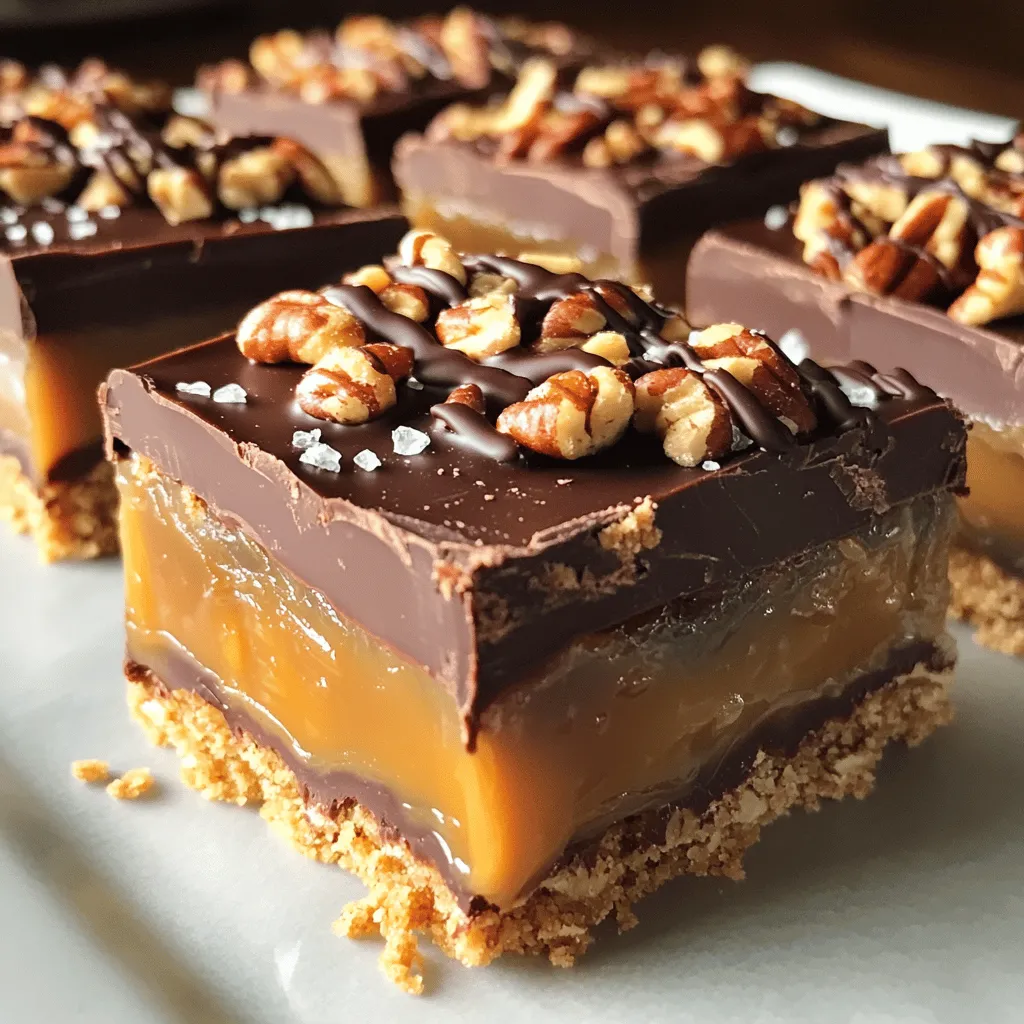 To make No-Bake Caramel Pecan Turtle Bars, you need: - 1 ½ cups graham cracker crumbs - ½ cup unsweetened cocoa powder - ½ cup unsalted butter, melted - 1 cup powdered sugar - 1 cup semi-sweet chocolate chips - 1 cup caramel sauce (store-bought or homemade) - 1 cup pecans, roughly chopped - ½ teaspoon sea salt - ¼ teaspoon vanilla extract These ingredients come together to create a sweet and crunchy treat. The graham cracker crumbs form a great base. The cocoa powder adds rich flavor, while the butter binds it all. You can tweak the recipe to add your own touch: - Use different nuts like walnuts or almonds. - Swap the semi-sweet chocolate for dark or milk chocolate. - Add a sprinkle of sea salt on top for extra flavor. - Mix in some toffee bits for added crunch. These options can make your bars unique and fun. If you need to make changes, here are some easy swaps: - Instead of graham cracker crumbs, use crushed cookies or digestive biscuits. - Replace unsalted butter with coconut oil for a dairy-free version. - If you don't have powdered sugar, you can blend granulated sugar until fine. - Use maple syrup instead of caramel sauce for a different flavor. These substitutions can fit your diet or what you have on hand. First, grab a mixing bowl. Combine 1 ½ cups of graham cracker crumbs, ½ cup of unsweetened cocoa powder, and 1 cup of powdered sugar. Mix these dry ingredients well. Then, stir in ½ cup of melted unsalted butter. Keep mixing until the texture feels like wet sand. This base will hold your bars together. Now, line an 8x8 inch baking pan with parchment paper. Make sure to leave some paper hanging over the edges. This helps you lift the bars out later. Press your graham cracker mixture firmly into the bottom of the pan. Make it even and smooth. This crust forms the foundation for your tasty bars. Next, melt 1 cup of semi-sweet chocolate chips. I like to use a microwave. Heat them in a bowl in 30-second bursts, stirring after each time. Once melted and smooth, pour the chocolate over your crust. Spread it evenly with a spatula. Let it cool for about 10 minutes before moving to the next step. While the chocolate cools, take another bowl. Mix 1 cup of roughly chopped pecans with 1 cup of caramel sauce. Add ½ teaspoon of sea salt and ¼ teaspoon of vanilla extract. Stir until all the pecans are well coated. This mixture adds a sweet crunch to your bars. Once your chocolate layer is cool, pour the caramel-pecan mix over it. Spread the mixture evenly so every bite has that special flavor. The layers create a yummy treat that everyone will love. Cover the pan with plastic wrap and place it in the fridge. Let the bars chill for at least 3 hours. This helps them set completely. When they are firm, lift the bars out using the parchment paper. Cut them into squares or rectangles. Enjoy these bars chilled for the best taste! To get a great texture for your No-Bake Caramel Pecan Turtle Bars, make sure you press the graham cracker crust firmly. This helps the base hold together. When melting the chocolate, do it slowly in the microwave. Stir every 30 seconds to avoid burning. Let the chocolate cool for a bit before adding the caramel layer. This keeps the layers from mixing too much. Store your turtle bars in an airtight container in the fridge. This keeps them fresh and tasty. They will stay good for up to a week. If you want to keep them longer, you can freeze them. Just wrap them well in plastic wrap and then put them in a freezer bag. If your bars are too soft, they may need more time in the fridge. Ensure they chill for at least three hours. If the crust crumbles when cutting, try pressing it more firmly next time. If the caramel layer is too sticky, let the bars sit at room temperature for a few minutes before cutting. This can help with slicing. {{image_2}} You can add more chocolate to your turtle bars. Use dark chocolate chips instead of semi-sweet chips. This change gives a rich flavor. You can also drizzle melted chocolate on top. For an extra treat, sprinkle more pecans on the chocolate layer. If you want a nut-free version, skip the pecans. You can replace them with sunflower seeds. These seeds give a nice crunch without any nuts. You can also use pumpkin seeds for a fun twist. Just coat the seeds in caramel like you would with pecans. To make these turtle bars vegan, swap the butter for coconut oil. Use dairy-free chocolate chips for the chocolate layer. Choose a vegan caramel sauce or make your own with coconut milk and sugar. This way, you still get the sweet and creamy taste without the dairy. To keep your no-bake caramel pecan turtle bars fresh, store them in the fridge. Use an airtight container or wrap the bars tightly in plastic wrap. This helps prevent them from absorbing other smells. Always chill them before cutting for neat slices. You can freeze these bars for longer storage. First, cut them into squares. Then, wrap each piece in plastic wrap. Place them in a freezer-safe bag or container. They freeze well and can last for up to three months. Thaw in the fridge before serving for the best taste. In the fridge, these bars stay fresh for about one week. If you freeze them, they last much longer, up to three months. Always check for any signs of spoilage before enjoying. To make homemade caramel sauce, you'll need sugar, butter, and cream. Start by heating sugar in a pan over medium heat. Stir it gently until it melts and turns amber. Then add butter and cream, mixing until smooth. Be careful, as the mixture is hot. Let it cool before using it in your bars. Yes, you can use other nuts in this recipe. Almonds, walnuts, or pecans all work well. Just chop them into small pieces. Each nut brings a different flavor and crunch. Choose what you like best or have on hand. To cut the bars, use a sharp knife. First, chill them well to set. Remove the bars from the pan using the parchment paper. Place them on a cutting board. Use a straight, even motion to slice. Clean the knife between cuts for neat edges. To prevent sticking, line your pan with parchment paper. This makes it easy to lift the bars out. You can also lightly grease the parchment with butter or cooking spray. If you still find sticking, warm the knife slightly before cutting. Absolutely! You can make these bars a day or two ahead. Just store them in the fridge. Keep them covered to maintain freshness. They taste great chilled and are perfect for parties or gatherings. You learned how to make delicious chocolate caramel pecan bars. We covered ingredients, step-by-step instructions, and helpful tips to improve your dish. Remember, you can customize these bars to fit your taste. Try nut-free or vegan options for a twist. Storage tips ensure your treats stay fresh. If questions pop up, refer to our FAQs for quick answers. Enjoy creating and sharing these sweet delights!